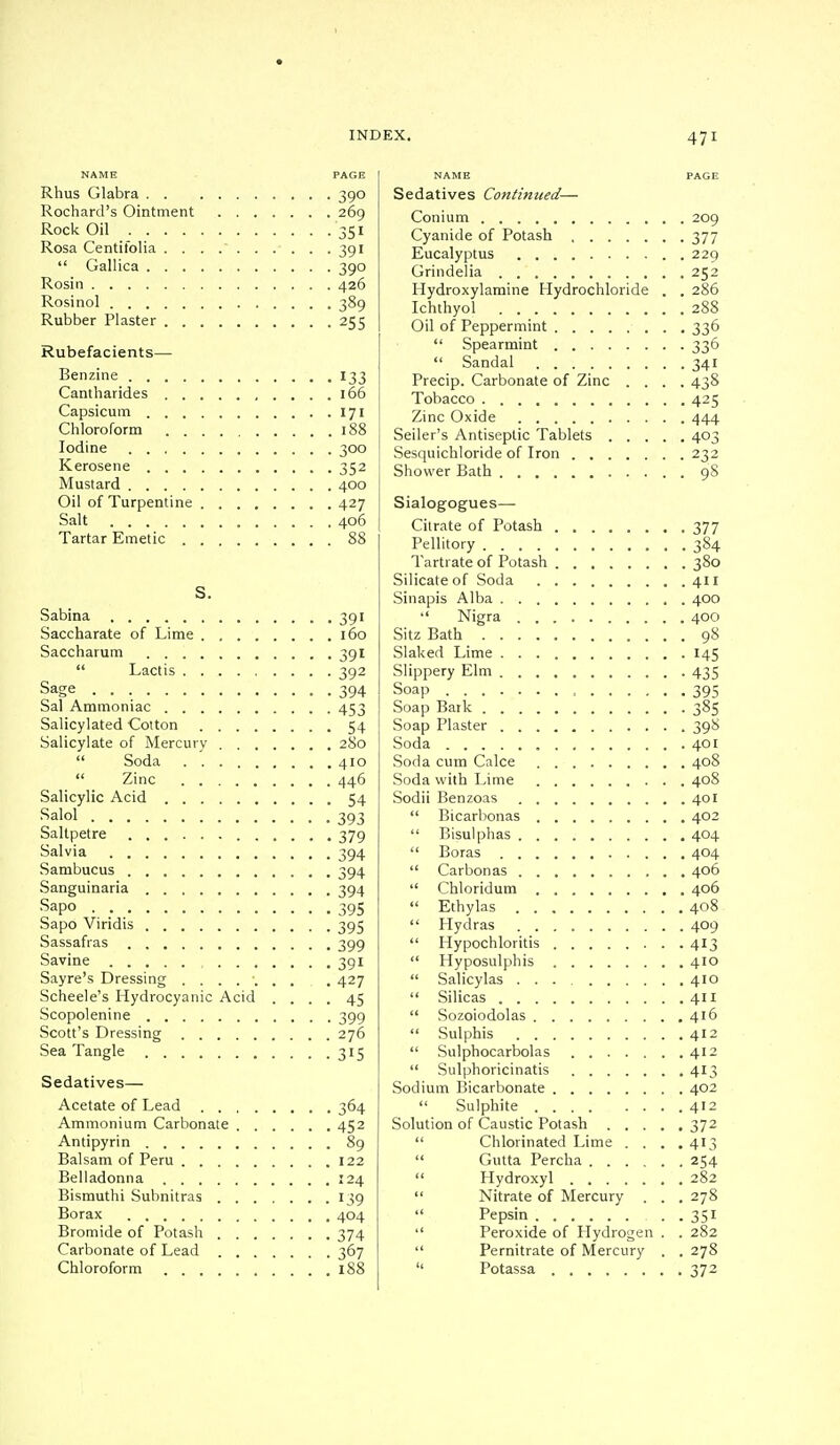 NAME PAGE Rhus Glabra 390 Rochard's Ointment 269 Rock Oil 351 Rosa Centifolia 391  Gallica 390 Rosin 426 Rosinol 389 Rubber Plaster 255 Rubefacients— Benzine 133 Cantharides 166 Capsicum 171 Chloroform 188 Iodine 300 Kerosene 352 Mustard 400 Oil of Turpentine 427 Salt 406 Tartar Emetic 88 S. Sabina 391 Saccharate of Lime 160 Saccharum 391  Lactis 392 Sage 394 Sal Ammoniac 453 Salicylated Cotton 54 Salicylate of Mercury 280  Soda 410  Zinc 446 Salicylic Acid 54 Salol 393 Saltpetre 379 Salvia 394 Sambucus 394 Sanguinaria 394 SaP° 395 Sapo Viridis 395 Sassafras 399 Savine 391 Sayre's Dressing ........ 427 Scheele's Hydrocyanic Acid .... 45 Scopolenine 399 Scott's Dressing 276 Sea Tangle 315 Sedatives— Acetate of Lead 364 Ammonium Carbonate 452 Antipyrin 89 Balsam of Peru 122 Belladonna 124 Bismuthi Subnitras 139 Borax 404 Bromide of Potash 374 Carbonate of Lead 367 Chloroform .... .188 NAME PAGE Sedatives Continued— Conium 209 Cyanide of Potash 377 Eucalyptus 229 Grindelia 252 Hydroxylamine Hydrochloride . . 286 Ichthyol 288 Oil of Peppermint 336  Spearmint 336  Sandal 341 Precip. Carbonate of Zinc .... 438 Tobacco 425 Zinc Oxide 444 Seller's Antiseptic Tablets 403 Sesquichloride of Iron 232 Shower Bath 98 Sialogogues— Citrate of Potash 377 Pellitory 384 Tartrate of Potash 380 Silicate of Soda 411 Sinapis Alba 400  Nigra 400 Sitz Bath 98 Slaked Lime 145 Slippery Elm 435 Soap , 395 Soap Bark 385 Soap Plaster 398 Soda 401 Soda cum Cake 408 Soda with Lime 408 Sodii Benzoas 40I  Bicarbonas 402  Bisulphas 404  Boras 404  Carbonas 406  Chloridum 406  Ethylas 408  Hydras 409  Hypochloritis 413  Hyposulphis 410  Salicylas 410  Silicas 411  Sozoiodolas 416  Sulphis 412  Sulphocarbolas 412  Sulphoricinatis 413 Sodium Bicarbonate 402  Sulphite 412 Solution of Caustic Potash 372  Chlorinated Lime . . . .413  Gutta Percha 254  Hydroxyl 282  Nitrate of Mercury . . . 278  Pepsin . . 351  Peroxide of Hydrogen . . 282  Pernitrate of Mercury . . 278  Potassa 372