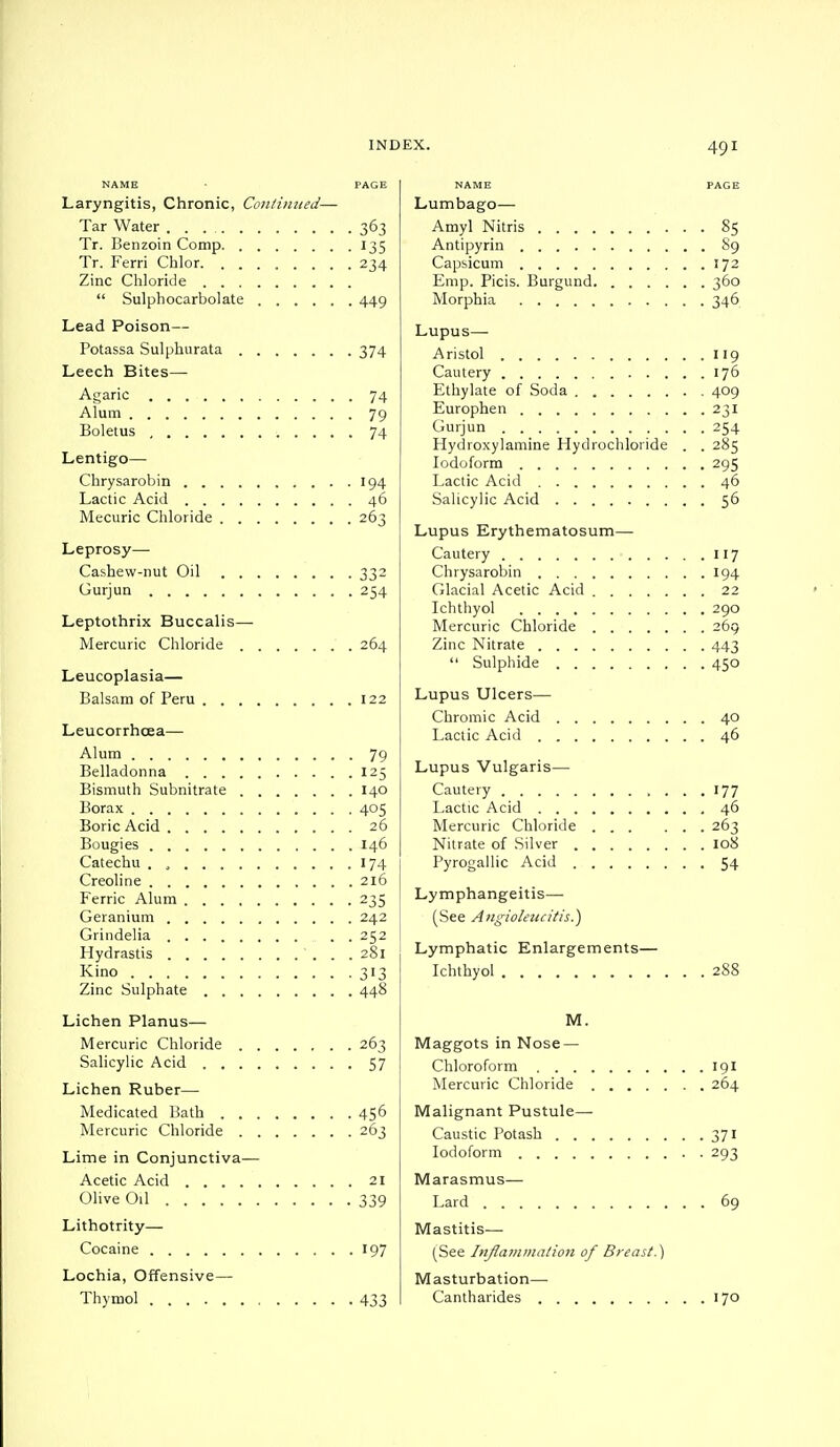 NAME ■ PAGE Laryngitis, Chronic, Continued— Tar Water 363 Tr. Benzoin Comp 135 Tr. Ferri Chlor. ........ 234 Zinc Chloride  Sulphocarbolate 449 Lead Poison— Potassa Sulphurata 374 Leech Bites— Agaric 74 Alum 79 Boletus 74 Lentigo— Chrysarobin 194 Lactic Acid 46 Mecuric Chloride 263 Leprosy— Cashew-nut Oil 332 Gurjun 254 Leptothrix Buccalis— Mercuric Chloride 264 Leucoplasia— Balsam of Peru 122 Leucorrhcea— Alum 79 Belladonna 125 Bismuth Subnitrate 140 Borax 405 Boric Acid 26 Bougies 146 Catechu 174 Creoline 216 Ferric Alum 235 Geranium 242 Grindelia 252 Hydrastis 281 Kino 313 Zinc Sulphate 448 Lichen Planus— Mercuric Chloride 263 Salicylic Acid 57 Lichen Ruber— Medicated Bath 456 Mercuric Chloride 263 Lime in Conjunctiva— Acetic Acid 21 Olive Oil 339 Lithotrity— Cocaine 197 Lochia, Offensive— Thymol 433 NAME PAGE Lumbago— Amyl Nitris 85 Antipyrin 89 Capsicum 172 Emp. Picis. Burgund 360 Morphia 346 Lupus— Aristol 119 Cautery 176 Ethylate of Soda 409 Europhen 231 Gurjun 254 Hydroxylamine Hydrochloride . . 285 Iodoform 295 Lactic Acid 46 Salicylic Acid 56 Lupus Erythematosum— Cautery 117 Chrysarobin 194 Glacial Acetic Acid 22 Ichthyol 290 Mercuric Chloride 269 Zinc Nitrate 443  Sulphide 450 Lupus Ulcers— Chromic Acid 40 Lactic Acid 46 Lupus Vulgaris— Cautery 177 Lactic Acid 46 Mercuric Chloride 263 Nitrate of Silver 108 Pyrogallic Acid 54 Lymphangeitis— (See Angiolezicitis.) Lymphatic Enlargements— Ichthyol 288 M. Maggots in Nose — Chloroform 191 Mercuric Chloride 264 Malignant Pustule— Caustic Potash 371 Iodoform 293 Marasmus—• Lard 69 Mastitis— (See Inflammation of Breast.} Masturbation— Cantharides 170