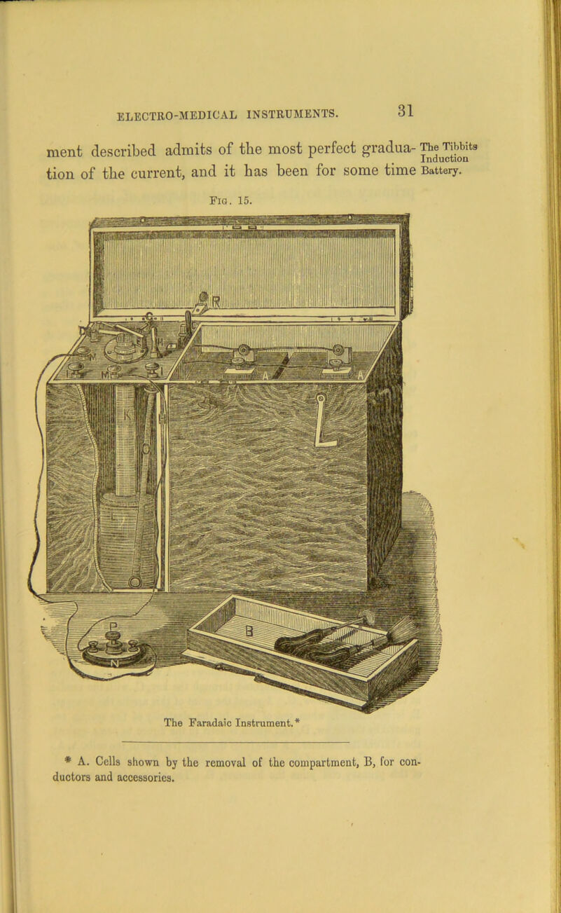 ment described admits of the most perfect gradua- The mbits induction tion of the current, and it has been for some time Battery. Fig. 15. Rill III i 1 The Faradaic Instrument.* * A. Cells shown by the removal of the compartment, B, for con- ductors and accessories.