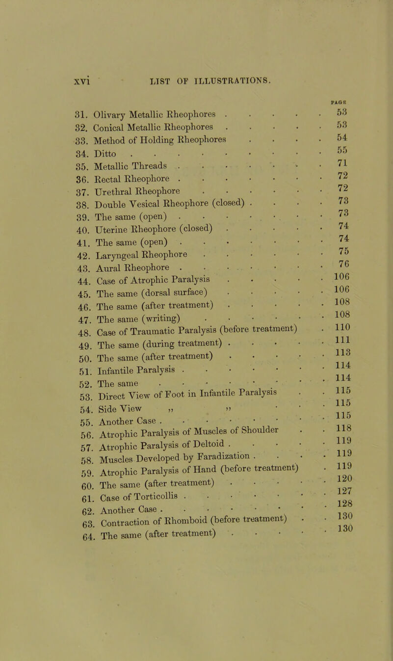 31. Olivary Metallic Rheophores . 32. Conical Metallic Rheophores 33. Method of Holding Rheophores 34. Ditto 35. Metallic Threads 36. Rectal Rheophore 37. Urethral Rheophore .... 38. Double Vesical Rheophore (closed) . 39. The same (open) 40. Uterine Rheophore (closed) 41. The same (open) . 42. Laryngeal Rheophore • 43. Aural Rheophore 44. Case of Atrophic Paralysis 45. The same (dorsal surface) 46. The same (after treatment) 47. The same (writing) • 48. Case of Traumatic Paralysis (before treatment, 49. The same (during treatment) . 50. The same (after treatment) 51. Infantile Paralysis 52. The same . 53. Direct View of Foot in Infantile Paralysis 54. Side View „ „ 55. Another Case 56. Atrophic Paralysis of Muscles of Shoulder 57. Atrophic Paralysis of Deltoid . 58. Muscles Developed by Faradization . 59. Atrophic Paralysis of Hand (before treatment) 60. The same (after treatment) 61. Case of Torticollis 62. Another Case 63. Contraction of Rhomboid (before treatment) 64. The same (after treatment) PAGE 53 53 54 . 55 71 . 72 . 72 . 73 . 73 . 74 . 74 . 75 . 76 . 106 . 106 . 108 . 108 . 110 . Ill . 113 . 114 . 114 . 115 . 115 . 115 . 118 . 119 . 119 . 119 . 120 . 127 . 128 . 130 . ] 30