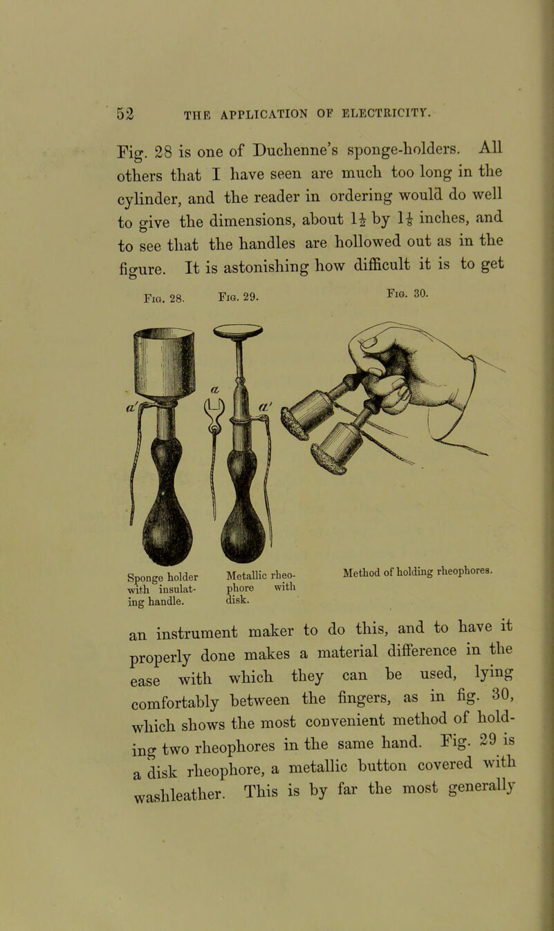 Fig. 28 is one of Duchenne’s sponge-holders. All others that I have seen are much too long in the cylinder, and the reader in ordering would do well to give the dimensions, about 1^- by 1^ inches, and to see that the handles are hollowed out as in the figure. It is astonishing how difficult it is to get Fig. 28. Fig. 29. Fig- 30- with insulat- phore with ing handle. disk. an instrument maker to do this, and to have it properly done makes a material difference in the ease with which they can he used, lying comfortably between the fingers, as in fig. 30, which shows the most convenient method of hold- ing two rheophores in the same hand. Fig. 29 is a disk rlieophore, a metallic button covered with washleather. This is by far the most generally