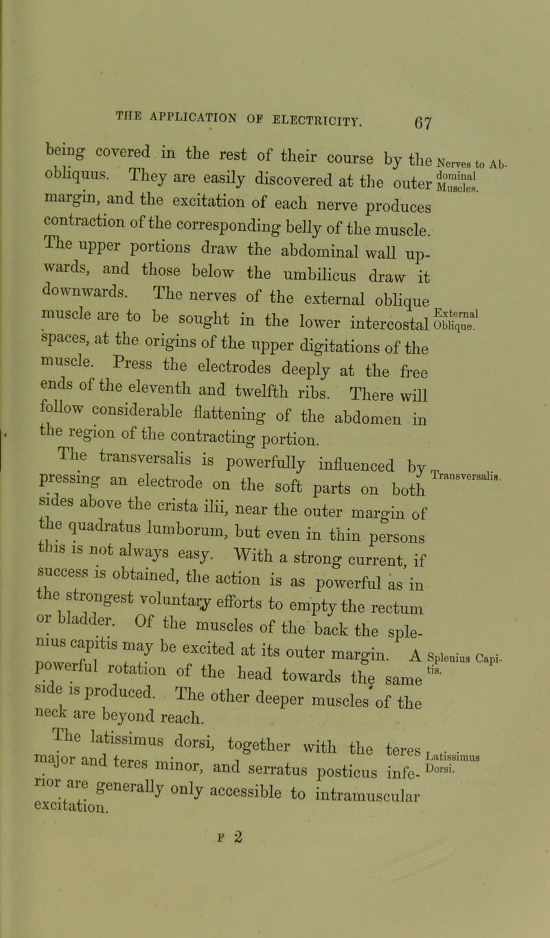 being covered in the rest of their course by the Norre» to as. obhquus. They are easily discovered at the outer mS. margin, and the excitation of each nerve produces contraction of the corresponding belly of the muscle. The upper portions draw the abdominal wall up- wards, and those below the umbilicus draw it downwards. The nerves of the external oblique muscle are to be sought in the lower intercostal “ spaces, at tire origins of the upper dotations of the muscle. Press the electrodes deeply at the free ends of the eleventh and twelfth ribs. There will follow considerable flattening of the abdomen in the region of the contracting portion. The transversalis is powerfully influenced by. pressing an electrode on the soft parts on both smes above the crista ilii, near the outer margin of the quadrates lumborum, hut even in thin persons tins is not always easy. With a strong current if success is obtained, the action is as powerful as’in the strongest voluntary eflbrts to empty the rectum 01 bladder. Of the muscles of the back the sple- mus capitis may be excited at its outer margin. A *u. c,pi. poweiful rotation of the head towards the same‘is' srde is produced. The other deeper muscle/of the neck are beyond reach. The latissimus dorsi, together with the teres, t. . major and teres minor, and senates posticus mfe- ^ “ nor are generally only accessible to intramuscular excitation.