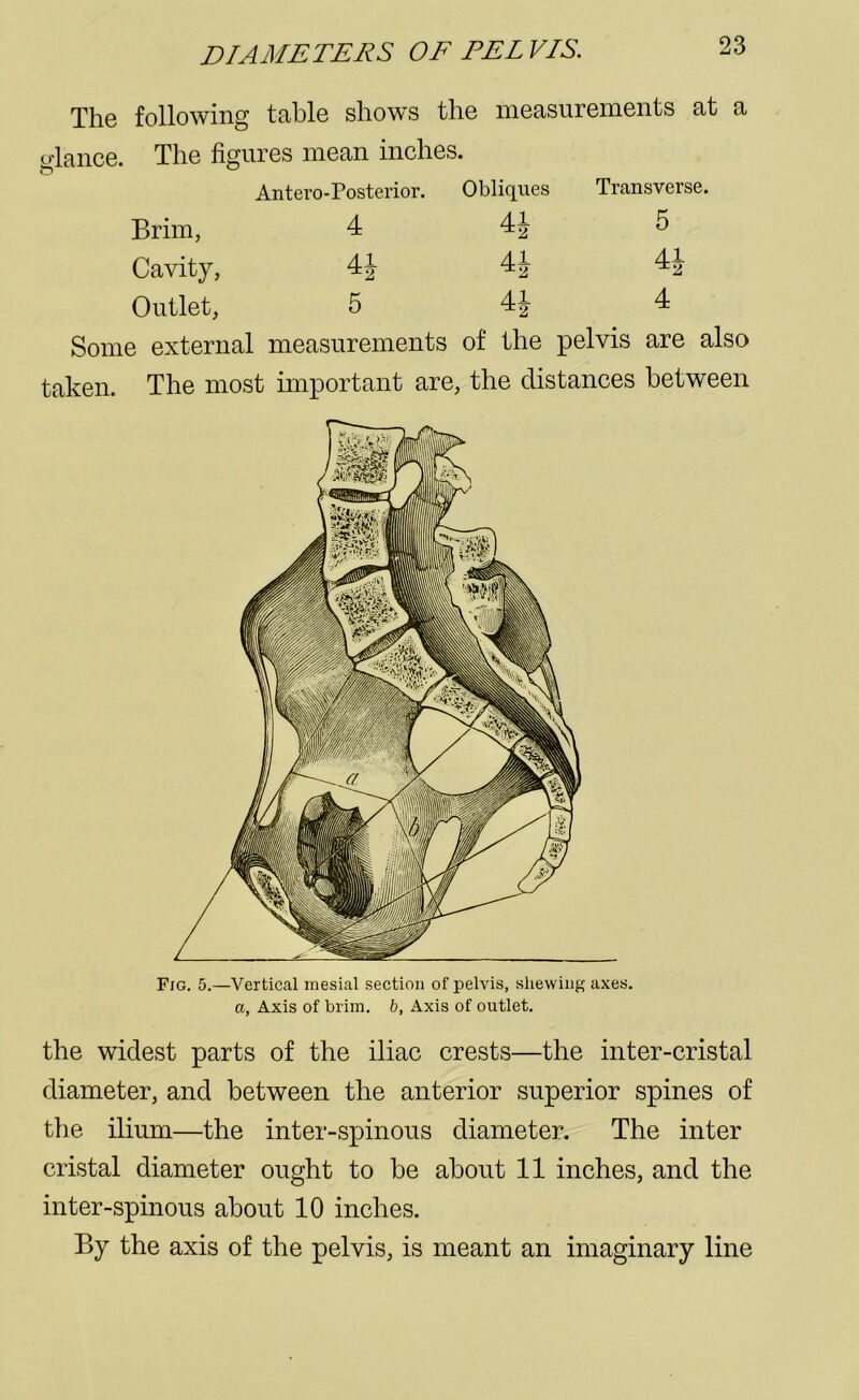 DIAMETERS OF PEL VIS. The following table shows the measurements at a dance. The figures mean inches. Antero-Posterior. Obliques Transverse. Brim, 4 4J 5 Cavity, 4J 4J 4J Outlet, 5 4J 4 Some external measurements of the pelvis are also taken. The most important are, the distances between Fig. 5.—Vertical mesial section of pelvis, shewing axes. a, Axis of brim, b, Axis of outlet. the widest parts of the iliac crests—the inter-cristal diameter, and between the anterior superior spines of the ilium—the inter-spinous diameter. The inter cristal diameter ought to he about 11 inches, and the inter-spinous about 10 inches. By the axis of the pelvis, is meant an imaginary line