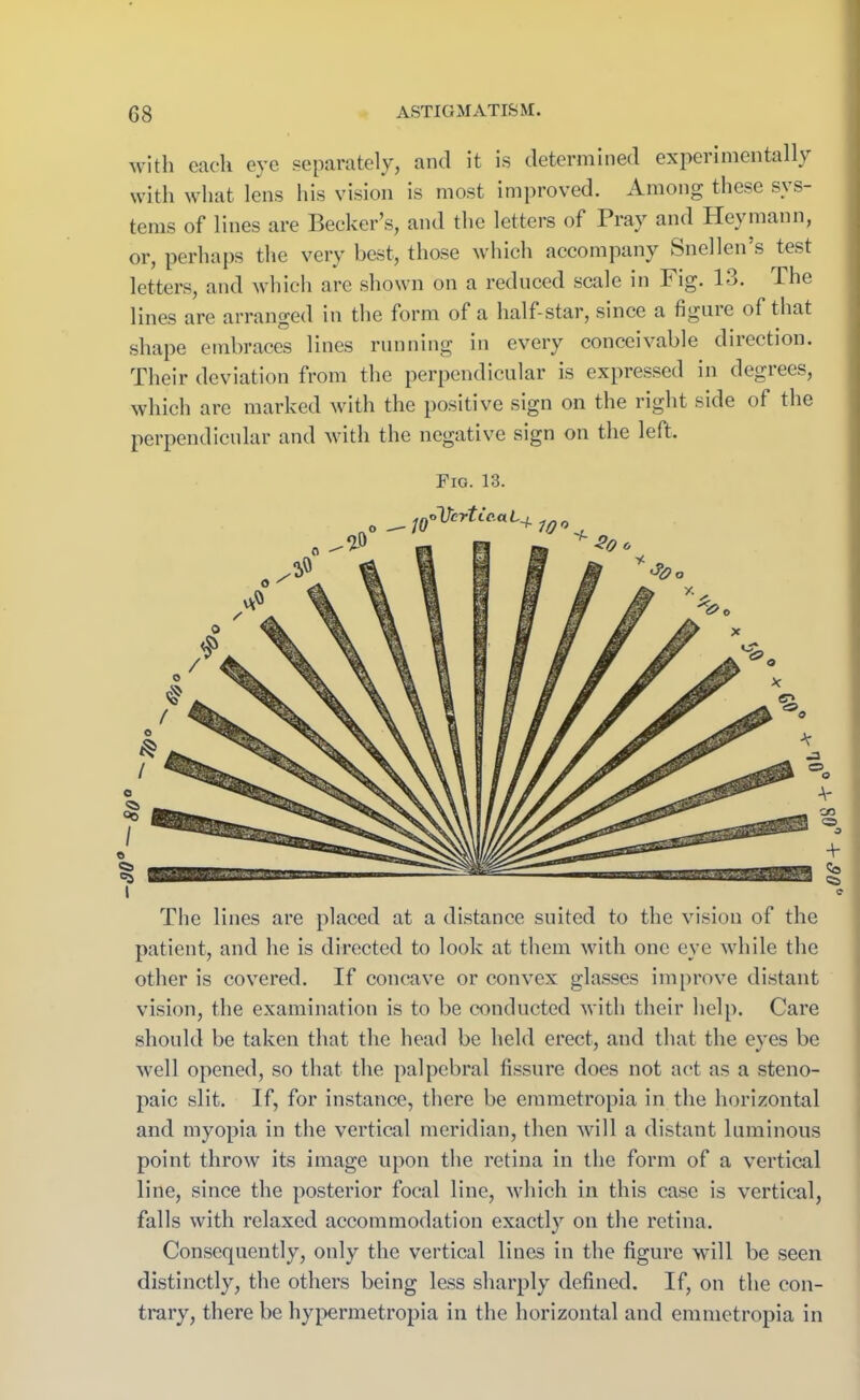 •with each eye separately, and it is determined experimentally with what lens his vision is most improved. Among these sys- tems of lines are Becker’s, and the letters of Pray and Hey man n, or, perhaps the very best, those which accompany Snellen’s test letters, and which are shown on a reduced scale in Fig. 13. The lines are arranged in the form of a half-star, since a figure of that shape embraces lines running in every conceivable direction. Their deviation from the perpendicular is expressed in degrees, which are marked with the positive sign on the right side of the perpendicular and with the negative sign on the left. Fig. 13. The lines are placed at a distance suited to the vision of the patient, and he is directed to look at them with one eye while the other is covered. If concave or convex glasses improve distant vision, the examination is to be conducted with their help. Care should be taken that the head be held erect, and that the eyes be well opened, so that the palpebral fissure does not act as a steno- paic slit. If, for instance, there be emmetropia in the horizontal and myopia in the vertical meridian, then will a distant luminous point throw its image upon the retina in the form of a vertical line, since the posterior focal line, which in this case is vertical, falls with relaxed accommodation exactly on the retina. Consequently, only the vertical lines in the figure will be seen distinctly, the others being less sharply defined. If, on the con- trary, there be hypermetropia in the horizontal and emmetropia in Off+ oOS