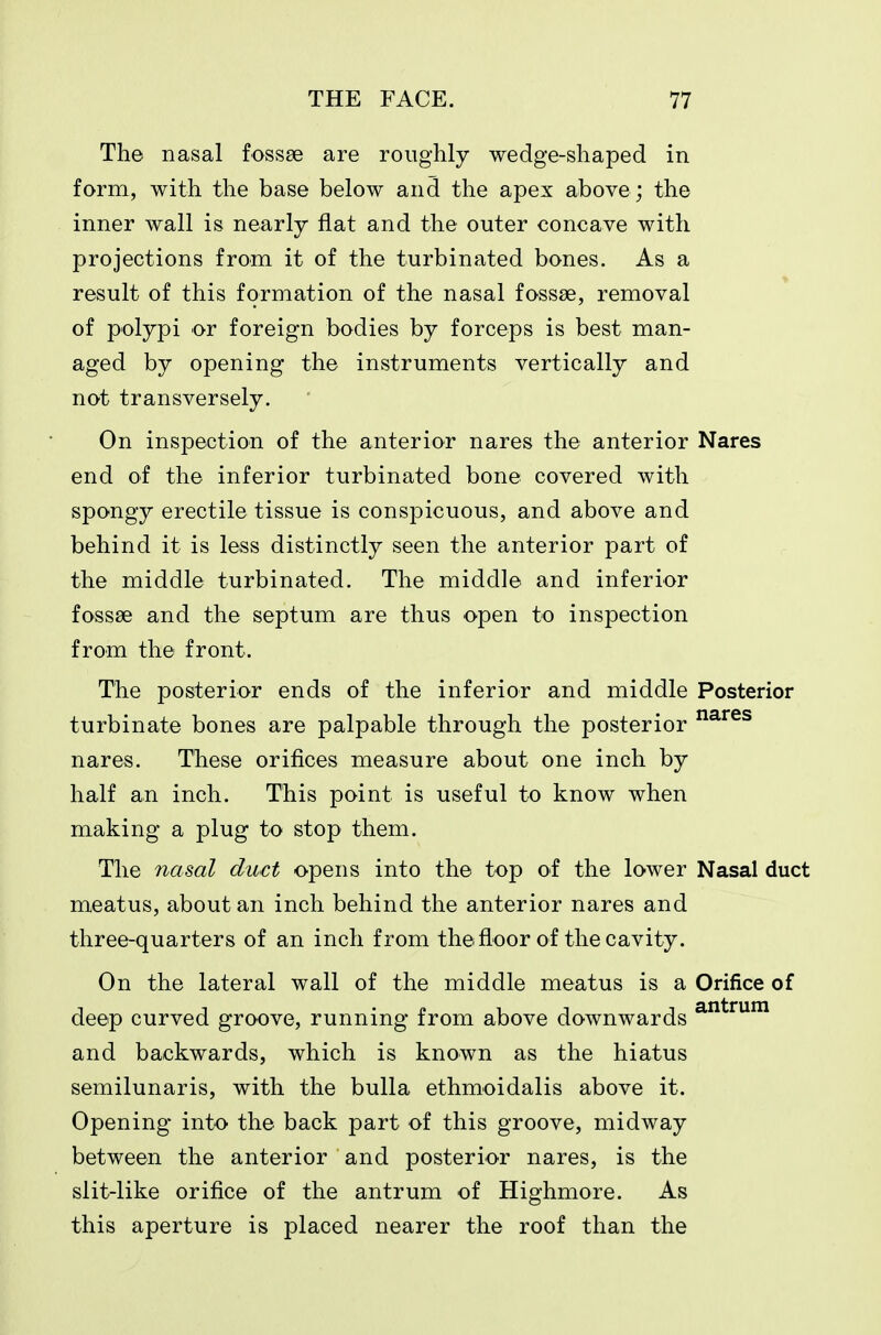 The nasal fossae are roughly wedge-shaped in form, with the base below and the apex above; the inner wall is nearly flat and the outer concave with projections from it of the turbinated bones. As a result of this formation of the nasal fossae, removal of polypi or foreign bodies by forceps is best man- aged by opening the instruments vertically and not transversely. On inspection of the anterior nares the anterior Nares end of the inferior turbinated bone covered with spongy erectile tissue is conspicuous, and above and behind it is less distinctly seen the anterior part of the middle turbinated. The middle and inferior fossae and the septum are thus open to inspection from the front. The posterior ends of the inferior and middle Posterior turbinate bones are palpable through the posterior nares. These orifices measure about one inch by half an inch. This point is useful to know when making a plug to stop them. The nasal duct opens into the top of the lower Nasal duct meatus, about an inch behind the anterior nares and three-quarters of an inch from the floor of the cavity. On the lateral wall of the middle meatus is a Orifice of deep curved groove, running from above downwards ^^'■^^ and backwards, which is known as the hiatus semilunaris, with the bulla ethmoidalis above it. Opening into the back part of this groove, midway between the anterior and posterior nares, is the slit-like orifice of the antrum of Highmore. As this aperture is placed nearer the roof than the