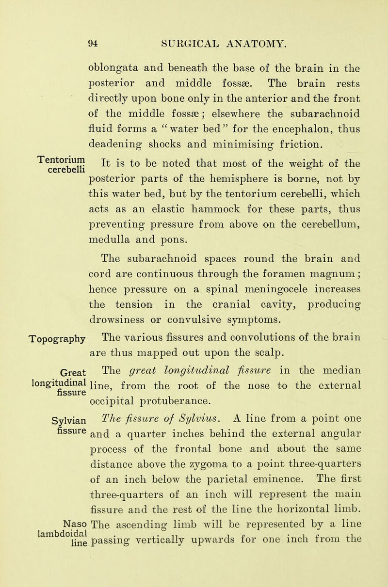 oblongata and beneath the base of the brain in the posterior and middle fossae. The brain rests directly upon bone only in the anterior and the front of the middle fossae; elsewhere the subarachnoid fluid forms a  water bed  for the encephalon, thus deadening shocks and minimising friction. Tentorium ^^^^^ ^Yio^t most of the weight of the cerebelh ^ posterior parts of the hemisphere is borne, not by this water bed, but by the tentorium cerebelli, which acts as an elastic hammock for these parts, thus preventing pressure from above on the cerebellum, medulla and pons. The subarachnoid spaces round the brain and cord are continuous through the foramen magnum; hence pressure on a spinal meningocele increases the tension in the cranial cavity, producing drowsiness or convulsive symptoms. Topography The various fissures and convolutions of the brain are thus mapped out upon the scalp. Great The great longitudinal fissure in the median longitudinal i{^q from the root of the nose to the external fissure occipital protuberance. Sylvian The fissure of Sylvius. A line from a point one fissure ^jj^ ^ quarter inches behind the external angular process of the frontal bone and about the same distance above the zygoma to a point three-quarters of an inch below the parietal eminence. The first three-quarters of an inch will represent the main fissure and the rest of the line the horizontal limb. Naso The ascending limb will be represented by a line lambdoidai p^g^^^^g. vertically upwards for one inch from the