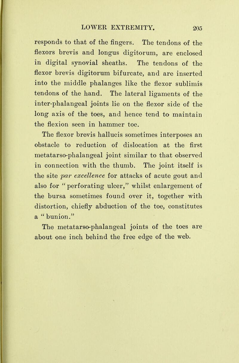 responds to that of the fingers. The tendons of the flexors brevis and longus digitorum, are enclosed in digital synovial sheaths. The tendons of the flexor brevis digitorum bifurcate, and are inserted into the middle phalanges like the flexor sublimis tendons of the hand. The lateral ligaments of the inter-phalangeal joints lie on the flexor side of the long axis of the toes, and hence tend to maintain the flexion seen in hammer toe. The flexor brevis hallucis sometimes interposes an obstacle to reduction of dislocation at the first metatarso-phalangeal joint similar to that observed in connection with the thumb. The joint itself is the site par excellence for attacks of acute gout and also for  perforating ulcer, whilst enlargement of the bursa sometimes found over it, together with distortion, chiefly abduction of the toe, constitutes a  bunion. The metatarso-phalangeal joints of the toes are about one inch behind the free edge of the web.