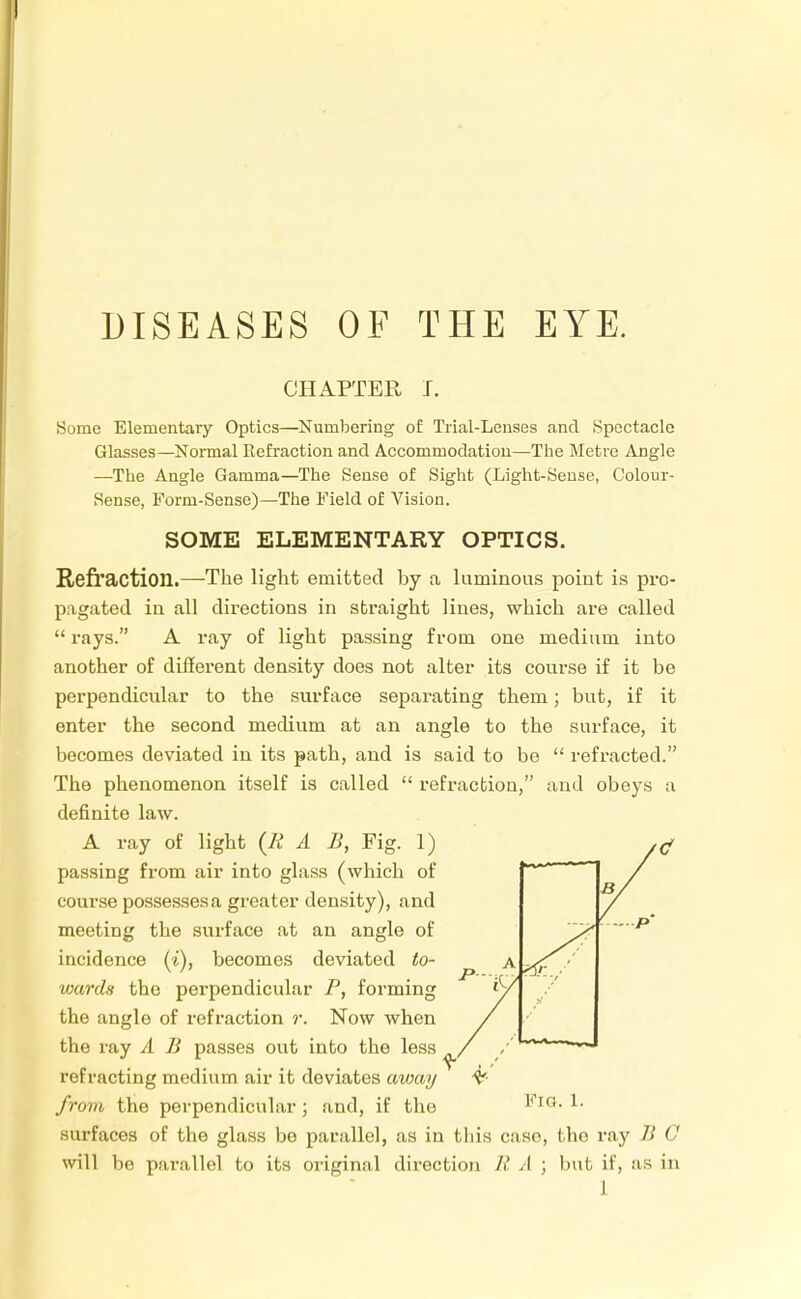 DISEASES OF THE EYE. CHAPTER I. Some Elementary Optics—Numbering of Trial-Lenses and Spectacle Glasses—Normal Refraction and Accommodation—The Metre Angle —The Angle Gamma—The Sense of Sight (Light-Sense, Colour- Sense, Forni-Sense)—The Field of Vision. SOME ELEMENTARY OPTICS. Refraction.—The light emitted by a luminous poiut is pro- pagated iu all directions in straight lines, which are called  rays. A ray of light passing from one medium into another of different density does not alter its course if it be perpendicular to the surface separating them; but, if it enter the second medium at an angle to the surface, it becomes deviated in its path, and is said to be  refracted. The phenomenon itself is called  refraction, and obeys a definite law. A ray of light (R A B, Fig. 1) passing from air into glass (which of course possessesa greater density), and meeting the surface at an angle of incidence (*'), becomes deviated to- wards the perpendicular P, forming the angle of refraction r. Now when the ray A B passes out into the less refracting medium air it deviates away from the perpendicular; and, if the surfaces of the glass be parallel, as in this case, the ray B C will be parallel to its original direction II A ; but if, as in 1