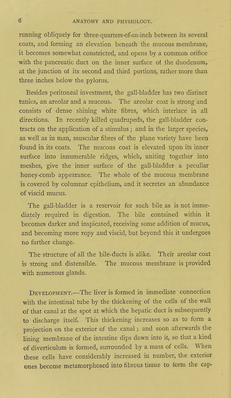 running obliquely for three-quarters-of-an-inch between its several coats, and forming an elevation beneath the mucous membrane, it becomes somewhat constricted, and opens by a common orifice with the pancreatic duct on the inner surface of the duodenum, at the junction of its second and third portions, rather more than three inches below the pylorus. Besides peritoneal investment, the gall-bladder has two distinct tunics, an areolar and a mucous. The areolar coat is strong and consists of dense shining white fibres, which interlace in all directions. In recently killed quadrupeds, the gall-bladder con- tracts on the application of a stimulus; and in the larger species, as well as in man, muscular fibres of the plane variety have been found in its coats. The mucous coat is elevated upon its inner surface into innumerable ridges, which, uniting together into meshes, give the inner surface of the gall-bladder a peculiar honey-comb appearance. The whole of the mucous membrane is covered by columnar epithelium, and it secretes an abundance of viscid mucus. The gall-bladder is a reservoir for such bile as is not imme- diately required in digestion. The bile contained within it becomes darker and inspicated, receiving some addition of mucus, and becoming more ropy and viscid, but beyond this it undergoes no further change. The structure of all the bile-ducts is alike. Their areolar coat is strong and distensible. The mucous membrane is provided with numerous glands. Development.—The liver is formed in immediate connection with the intestinal tube by the thickening of the cells of the wall of that canal at the spot at which the hepatic duct is subsequently to discharge itself. This thickening increases so as to form a projection on the exterior of the canal; and soon afterwards the lining membrane of the intestine dips down into it, so that a kind of diverticulum is formed, surrounded by a mass of cells. When these cells have considerably increased in number, the exterior ones become metamorphosed into fibrous tissue to form the cap-