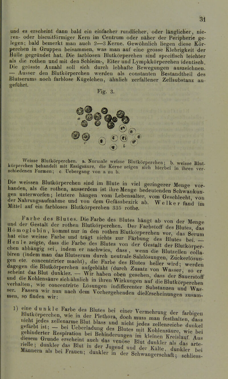 und es erscheint dann bald ein einfacher rundlicher, oder länglicher, nie- ren- oder biscuitfürmiger Kern im Centrum oder näher der Peripherie ge- legen; bald bemerkt man auch 2—3 Kerne. Gewöhnlich liegen diese Kör- perchen in Gruppen beisammen, was man auf eine grosse Klebrigkeit der Hülle gegründet hat. Die farblosen Blutkörperchen sind specifisch leichter als die rothen und mit den Schleim-, Eiter und Lympkkörperchen identisch. Die grösste Anzahl soll sich durch lebhafte Bewegungen auszeichnen. — Ausser den Blutkörperchen werden als constanten Bestandtheil des Blutserums noch farblose Kügelchen, ähnlich zerfallener Zellsubstanz an- geführt. Fig. 3. Weisse Blutkörperchen, a. Normale weisse Blutkörperchen; b weisse Blut korperchen behandelt mit Essigsäure, die Kerne zeigen sich hierbei in ihren ver- schiedenen Formen; c Uebergang von a zu b. Die weissen Blutkörperchen sind im Blute in viel geringerer Menge vor banden, als die rothen, ausserdem ist ihre Menge bedeutenden Schwankun- gen unterworfen; letztere hängen vom Lebensalter, vom Geschlecht von der J»lahrungsaufnahme und von dem Gefässbezirk ab. Welker fanH ir« Mittel auf ein farbloses Blutkörperchen 335 rothe. Farbe des Blutes. Die Farbe des Blutes hängt ab von der Mense und der Gestalt der rothen Blutkörperchen. Der Farbstoff des Blutes dis Homoglobin, kommt nur in den rothen Blutkörperchen vor, das S^rum hat eine weisse Farbe und trägt nichts zur Färbung des Blutes bei - K e n le zeigte, dass die Farbe des Blutes von der Gestalt der Blutkörper- chen abhangig sei, indem er nachwies, dass , wenn die Blutzellen coli« biren (indem man das Blutserum durch neutral Salzlösungen, gen etc. concentrirter macht), die Farbe des Blutes helL wiid weXi dagegen die Blutkörperchen aufgebläht (durch Zusatz von Wasser so schemt das Blut dunkler. - Wir haben oben gesehen dass dei Smi^v«^«- und die Kohlensäure sich ähnlich in ihren Wirku^g^n auf dTe Blut^ö^^^^^^^^^^^^ verhalten, wie concentrirte Lösungen indifferenter SubstLzen Z W^^^^^ m:;i, rHnder^ir -^^^ '^-^ Vorhergehenden dieErscheinrge^^tfam: 1) eine dunkle Farbe des Blutes bei einer Vevm^hvunn. a et' gehinderter Respiration bei BehinrerMgen i^ kS!«??'! ^' diesen, Grunde erscheint auch das ™„ö?e Tih.t i '^^f^us Helle; dunliler das Blut in der Julnd Irf H l ^}'' 1' f Manneru als bei Frauen, du„lÄl.tHtn^*i^