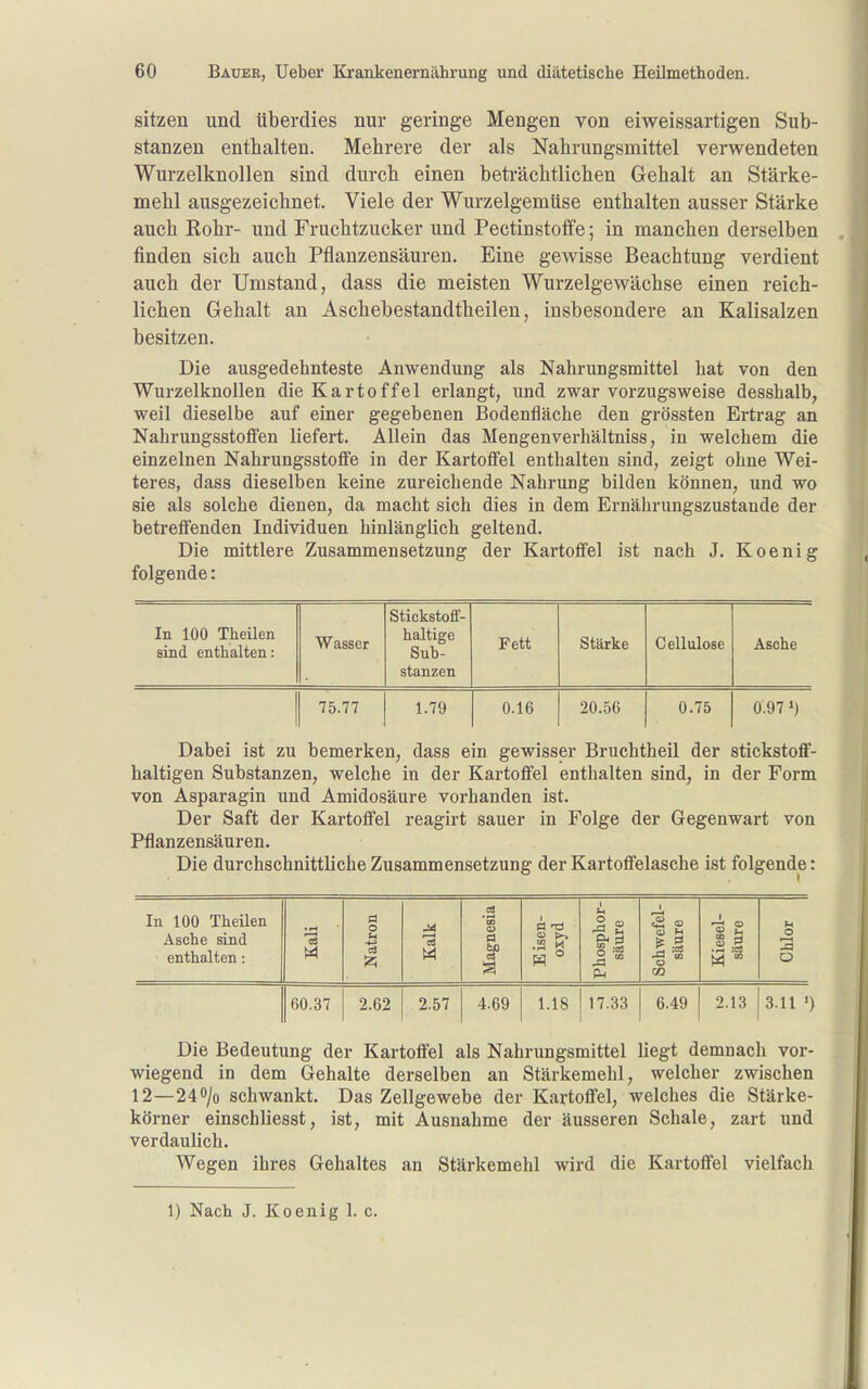 sitzen und überdies nur geringe Mengen von eiweissartigen Sub- stanzen enthalten. Mehrere der als Nahrungsmittel verwendeten Wurzelknollen sind durch einen beträchtlichen Gehalt an Stärke- mehl ausgezeichnet. Viele der Wurzelgemüse enthalten ausser Stärke auch Rohr- und Fruchtzucker und Pectinstoffe; in manchen derselben finden sich auch Pflanzensäuren. Eine gewisse Beachtung verdient auch der Umstand, dass die meisten Wurzelgewächse einen reich- lichen Gehalt an Aschebestandtheilen, insbesondere an Kalisalzen besitzen. Die ausgedehnteste Anwendung als Nahrungsmittel hat von den Wurzelknollen die Kartoffel erlangt, und zwar vorzugsweise desshalb, weil dieselbe auf einer gegebenen Bodenfläche den grössten Ertrag an Nahrungsstoffen liefert. Allein das Mengenverhältniss, in welchem die einzelnen Nahrungsstoffe in der Kartoffel enthalten sind, zeigt ohne Wei- teres, dass dieselben keine zureichende Nahrung bilden können, und wo sie als solche dienen, da macht sich dies in dem Ernährungszustande der betreffenden Individuen hinlänglich geltend. Die mittlere Zusammensetzung der Kartoffel ist nach J. Koenig folgende: In 100 Theilen sind enthalten: Wasser Stickstoff- haltige Sub- stanzen Fett Stärke Cellulose Asche 75.77 1.79 0.16 20.56 0.75 0.97») Dabei ist zu bemerken, dass ein gewisser Brucbtheil der stickstoff- haltigen Substanzen, welche in der Kartoffel enthalten sind, in der Form von Asparagin und Amidosäure vorbanden ist. Der Saft der Kartoffel reagirt sauer in Folge der Gegenwart von Pflanzensäuren. Die durchschnittliche Zusammensetzung der Kartoffelasche ist folgende: In 100 Theilen Asche sind enthalten: Kali Natron Kalk Magnesia Eisen- oxyd Phosphor- Säure Schwefel- säure 1—* C3 .2 ä M » Chlor 60.37 2.62 2.57 4.69 1.18 17.33 6.49 2.13 3.11 ' Die Bedeutung der Kartoffel als Nahrungsmittel liegt demnach vor- wiegend in dem Gehalte derselben an Stärkemehl, welcher zwischen 12—240/0 schwankt. Das Zellgewebe der Kartoffel, welches die Stärke- körner einschliesst, ist, mit Ausnahme der äusseren Schale, zart und verdaulich. Wegen ihres Gehaltes an Stärkemehl wird die Kartoffel vielfach