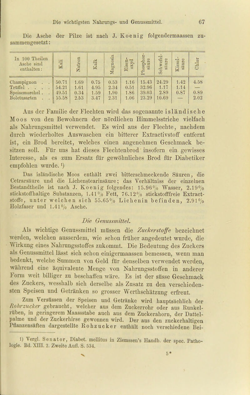 Die Asche der Pilze ist nach J. Koenig folgendermaassen zu- sammengesetzt : In 100 Theilen Asche sind enthalten: Kali Natron Kalk Magnesia 1 , Ö .2 M Phosphor- säure Schwefel- säure Kiesel- säure Chlor Champignon . 50.71 1.69 0.75 0.53 1.16 15.43 24.29 1.42 4.58 Trüffel .... 54.21 1.61 4.95 2.34 0.51 32.96 1.17 1.14 Speisemorchel. . 49.51 0.34 1.59 1.90 1.86 39.03 2.89 0.87 0.89 Boletusarten . . 55.58 2.53 3.47 2.31 1.06 23.29 10.69 2.02 Aus der Familie der Flechten wird das sogenannte isländische Moos von den Bewohnern der nördlichen Himmelsstriche vielfacli als Nahrungsmittel verwendet. Es wird aus der Flechte, nachdem durch wiederholtes Auswaschen ein bitterer Extractivstoflf entfernt ist, ein Brod bereitet, welches einen angenehmen Geschmack be- sitzen soll. Für uns hat dieses Flechtenbrod' insofern ein gewisses Interesse, als es zum Ersatz für gewöhnliches Brod für Diabetiker empfohlen wurde. ^) Das isländische Moos enthält zwei bitterscbmeckende Säuren, die Cetrarsäure und die Lichenstearinsäure; das Verhältniss der einzelnen Bestandtheile ist nach J. Koenig folgendes: 15.96% Wasser, 2.190/o stickstoffhaltige Substanzen, 1.41 o/o Fett, 76.12/o stickstofffreie Extract- stoffe, unter welchen sich 55.65^/0 Lichenin befinden, 2.9l0/a Holzfaser und 1.4 P/u Asche. Die Gmussmittel. Als wichtige Genussmittel müssen die Zuckerstoffe bezeichnet werden, welchen ausserdem, wie schon früher angedeutet wurde, die Wirkung eines Nahrungsstoflfes zukommt. Die Bedeutung des Zuckers als Genussmittel lässt sich schon einigermaassen bemessen, wenn man bedenkt, welche Summen von Geld für denselben verwendet werden, während eine äquivalente Menge von Nahrungsstoffen in anderer Form weit billiger zu beschaffen wäre. Es ist der süsse Geschmack des Zuckers, wesshalb sich derselbe als Zusatz zu den verschieden- sten Speisen und Getränken so grosser Werthschätzung erfreut. Zum Versüssen der Speisen und Getränke wird hauptsächlicli der Rohrzucker gebraucht, welcher aus dem Zuckerrohr oder aus Runkel- rüben, in geringerem Maassstabe auch aus dem Zuckerahorn, der Dattel- palme und der Zuckerhirse gewonnen wird. Der aus den zuckerlialtigen Pflanzensäften dargestellte Rohzucker enthält noch verschiedene Bei- 1) Vergl. Senator, Diabet. mellitus in Ziemssen's Handb. der spec Patho- logie. Bd. XIII. 2. Zweite Aufl. S. 534.