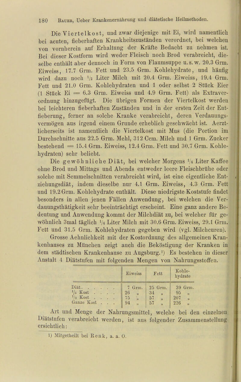 Die Viertelkost, und zwar diejenige mit Ei, wird namentlich bei acuten, fieberhaften Krankheitszuständen verordnet, bei welchen von vornherein auf Erhaltung der Kräfte Bedacht zu nehmen ist. Bei dieser Kostform wird weder Fleisch noch Brod verabreicht, die- selbe enthält aber dennoch in Form von Flaumsuppe u, s. w. 20.3 Grm. Eiweiss, 17.7 Grm. Fett und 23.5 Grm. Kohlehydrate, und häufig wird dazu noch V2 Liter Milch mit 20.4 Grm. Eiweiss, 19.4 Grm. Fett und 21.0 Grm. Kohlehydraten und 1 oder selbst 2 Stück Eier (l Stück Ei = 6.3 Grm. Eiweiss und 4.9 Grm. Fett) als Extraver- ordnung hinzugefügt. Die übrigen Formen der Viertelkost werden bei leichteren fieberhaften Zuständen und in der ersten Zeit der Ent- fieberung, ferner an solche Kranke verabreicht, deren Verdauungs- vermögen aus irgend einem Grunde erheblich geschwächt ist. Aerzt- licherseits ist namentlich die Viertelkost mit Mus (die Portion im Durchschnitte aus 22.5 Grm. Mehl, 312 Gern. Milch und 1 Grm. Zucker bestehend = 15.4 Grm. Eiweiss, 12.4 Grm. Fett und 30.7 Grm. Kohle- hydraten) sehr beliebt. Die gewöhnliche Diät, bei welcher Morgens V4 Liter Kaffee ohne Brod und Mittags und Abends entweder leere Fleischbrühe oder solche mit Semmelschnitten verabreicht wird, ist eine eigentliche Ent- ziehungsdiät, indem dieselbe nur 4.1 Grm. Eiweiss, 4.3 Grm. Fett und 19.2 Grm. Kohlehydrate enthält. Diese niedrigste Koststufe findet besonders in allen jenen Fällen Anwendung, bei welchen die Ver- dauungsthätigkeit sehr beeinträchtigt erscheint. Eine ganz andere Be- deutung und Anwendung kommt der Milchdiät zu, bei welcher für ge- wöhnlich 3mal täglich V4 Liter Milch mit 30.6 Grm. Eiweiss, 29.1 Grm. Fett und 31.5 Grm. Kohlehydraten gegeben wird (vgl. Milchcureu). Grosse Aehnlichkeit mit der Kostordnung des allgemeinen Kran- kenhauses zu München zeigt auch die Beköstigung der Kranken in dem städtischen Krankenhause zu Augsburg.') Es bestehen in dieser Anstalt 4 Diätstufen mit folgenden Mengen von Nahrungsstoffeu. Eiweiss Fett Kohle- hydrate 7 Grm. 25 Grm. 39 Grm. 74 Kost .... 26 „ 34 „ 95 „ V'2 Kost .... 75 „ 57 „ 207 „ Ganze Kost . . . 94 57 „ 226 „ Art und Menge der Nahrungsmittel, welche bei den einzelnen Diätstufen verabreicht werden, ist aus folgender Zusammenstellung ersichtlich: 1) Mitgetheilt bei Renk, a. a. 0.