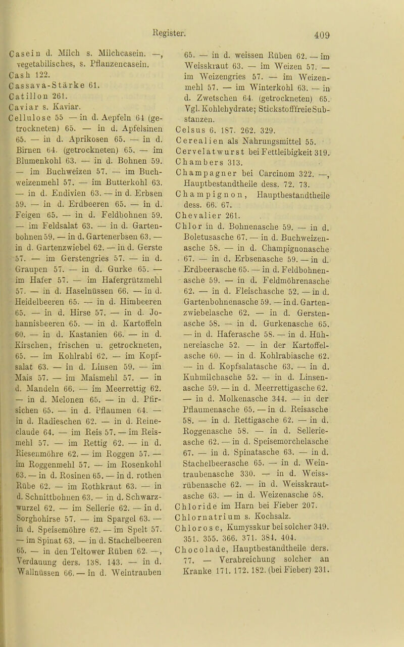 Caseiu d. Milch s. Milchcasein. —, vegetabilisches, s. Pflauzeucasein. Cash 122. Cassava-Stärke 61. Catillon 261. Caviar s. Kaviar. Cellulose 55 —in d. Aepfeln 6-1 (ge- trockneten) 65. — in d. Apfelsinen 65. — in d. Aprikosen 65. — in d. Birnen (getrockneten) 65. — im Blumenkohl G3. — in d. Bohnen 59. — im Buchweizen 57. — im Buch- weizenmehl 57. — im Butterkohl 63. — in d. Endivien 63. — in d. Erbsen 59. — in d. Erdbeeren 65. — in d. Feigen 65. — in d. Feldbohnen 59. — im Feldsalat 63. — in d. Garten- bohnen 59. — in d. Gartenerbsen 63. — in d. Gartenzwiebel 62. — in d. Gerste 57. — im Gerstengries 57. — in d. Graupen 5. — in d. Gurke 65. — im Hafer 5. — im Hafergrützmehl 57. — in d. Haselnüssen 66. — in d. Heidelbeeren 65. — in d. Himbeeren 65. — in d. Hirse 57. — in d. Jo- hannisbeeren 65. — in d. Kartoffeln 60. — in d. Kastanien 66. — in d. Kirschen, frischen u. getrockneten, 65. — im Kohlrabi 62. — im Kopf- salat 63. — in d. Linsen 59. — im Mais 57. — im Maismehl 57. — in J. Mandeln 66. — im Meerrettig 62. — in d. Melonen 65. — in d. Pfir- sichen 65. — in d. Pflaumen 64. — in d. Radieschen 62. — in d. Reine- claude 64. — im Reis 57, — im Reis- mehl 57. — im Rettig 62. — in d. Riesenmöhre 62. — im Roggen 57. — im Roggenmehl 57. — im Rosenkohl 63. — in d. Rosinen 65. — in d. rothen Rübe 62. — im Rothkraut 63. — in d. Schnittbohnen 63. — in d. Schwarz- L Wurzel 62. — im Sellerie 62. — in d. r Sorghohirse 57. — im Spargel 63. — in d. Speisemöhre 62. —im Spelt 57. — im Spinat 63. — in d. Stachelbeeren 65. — in den Teltower Rüben 62. —, Verdauung ders. 138. 143. — in d. Walinüssen 66. — in d. Weintrauben 65. — in d. weissen Rüben 62. — im Weisskraut 63. — im Weizen 57. — im Weizengries 57. — im Weizen- mehl 57. — im Winterkohl 63. — in d. Zwetschen 64. (getrockneten) 65. Vgl. Kohlehydrate; Stickstofffreie Sub- stanzen. Celsus 6. 187. 262. 329. Cerealien als Nahrungsmittel 55. Cervelatwurst bei Fettleibigkeit 319. Chambers 313. Champagner bei Carcinom 322. —, Hauptbestandtheile dess. 72. 73. Champignon, Hauptbestandtheile dess. 66. 67. Chevalier 261. Chlor in d. Bohnenasche 59. — in d. Boletusasche 67. — in d. Buchweizen- asche 58. — in d. Champignonasche 67. — in d. Erbsenasche 59. — in d. Erdbeerasche 65. — in d. Feldbohnen- asche 59. — in d. Feldmöhrenasche 62. — in d. Fleischasche 52. — in d. Gartenbohnenasche 59. —in d. Garten- zwiebelasche 62. — in d. Gersten- asche 58. — in d. Gurkenasche 65. — in d. Haferasche 58. — in d. Hüh- nereiasche 52. — in der Kartoffel- asche 60. — in d. Kohlrabiasche 62. — in d. Kopfsalatasche 63. — in d. Kuhmilchasche 52. — in d. Linsen- asche 59. — in d. Meerrettigasche 62. — in d. Molkenasche 344. — in der Pflaumenasche 65. — in d. Reisasche 58. — in d. Rettlgasche 62. — in d. Roggenasche 58. — in d. Sellerie- asche 62. — in d. Speisemorchelasche 67. — in d. Spinatasche 63. — in d. Stachelbeerasche 65. — in d. Wein- traubenasche 330. — in d. Weiss- rübenasche 62. — in d. Weisskraut- asche 63. — in d. Weizenasche 58. Chloride im Harn bei Fieber 207. Chlornatrium s. Kochsalz. Chlorose, Kumysskur bei solcher 349. 351. 355. 366. 371. 38J. 404. Chocolade, Hauptbestandtheile ders. 77. _ Verabreichung solcher an Kranke 171. 172. 182. (bei Fieber) 231.