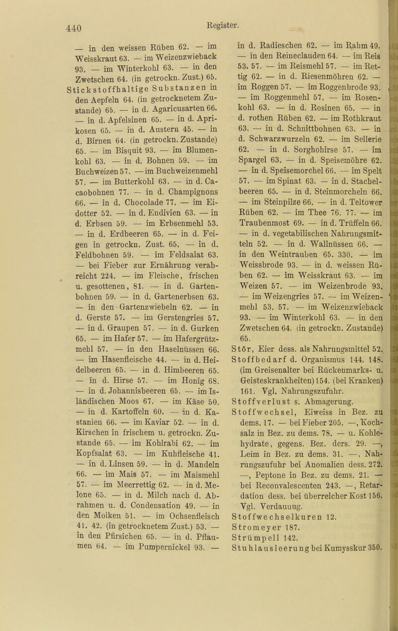 — in den weissen Rüben 62. — im Weisskraut 63. — im Weizenzwieback 93. — im Winterkohl 63. — in den Zwetschen 64. (in getrockn. Zust.) 65. Stickstoffhaltige Substanzen in den Aepfeln 64. (in getrocknetem Zu- stande) 65. — in d. Agaricusarten 66. — in d. Apfelsinen 65. — in d. Apri- kosen 65. — in d. Austern 45. — in d. Birnen 64. (in getrockn. Zustande) 65. — im Bisquit 93. — im Blumen- kohl 63. — in d. Bohnen 59. — im Buchweizen 57. — im Buchweizenmehl 57. — im Butterkohl 63. — in d. Ca- caobohnen 77. — in d. Champignons 66. — in d. Chocolade 77. — im Ei- dotter 52. — in d. Endivien 63. — in d. Erbsen 59. — im Erbsenmehl 53. — in d. Erdbeeren 65. — in d. Fei- gen in getrockn. Zust. 65. — in d. Feldbohnen 59. — im Feldsalat 63. — bei Fieber zur Ernährung verab- reicht 224. — im Fleische, frischen u. gesottenen, 81. — in d. Garten- bohnen 59. — in d. Gartenerbsen 63. — in den Gartenzwiebeln 62. — in d. Gerste 57. — im Gerstengries 57. — in d. Graupen 57. — in d. Gurken 65. — im Hafer 57. —im Hafergrütz- mehl 57. — in den Haselnüssen 66. — im Hasenfleische 44. — in d. Hei- delbeeren 65. — in d. Himbeeren 65. — in d. Hirse 57. — im Honig 68. — in d. Johannisbeeren 65. — im Is- ländischen Moos 67. — im Käse 50. — in d. Kartoffeln 60. — in d. Ka- stanien 66. — im Kaviar 52. — in d. Kirschen in frischem u. getrockn. Zu- stande 65. — im Kohlrabi 62. — im Kopfsalat 63. — im Kuhfleische 41. — in d. Linsen 59. — in d. Mandeln 66. — im Mais 57. — im Maismehl 57. — im Meerrettig 62. — in d. Me- lone 65. — in d. Milch nach d. Ab- rahmen u. d. Gondensation 49. — in den Molken 51. — im Ochsenfleisch 41. 42. (in getrocknetem Zust.) 53. — in den Pfirsichen 65. — in d. Pflau- men 64. — im Pumpernickel 93. — in d. Radieschen 62. — im Rahm 49. — in den Reineclauden 64. — im Reis 53. 57. — im Reismehl 57. — im Ret- tig 62. — in d. Riesenmöhren 62. — im Roggen 57. — im Roggenbrode 93. — im Roggenmehl 57. — im Rosen- kohl 63. — in d. Rosinen 65. — in d. rothen Rüben 62. — im Rothkraut 63. — in d. Schnittbohnen 63. — in d. Schwarzwurzeln 62. — im Sellerie 62. — in d. Sorghohirse 57. — im Spargel 63. — in d. Speisemöhre 62. — in d. Speisemorchel 66. — im Spelt 57. — im Spinat 63. — in d. Stachel- beeren 65. — in d. Steinmorcheln 66. — im Steinpilze 66. — in d. Teltower Rüben 62. — im Thee 76. 77. — im Traubenmost 69. — in d. Trüfl'eln 66. — in d. vegetabilischen Nahrungsmit- teln 52. — in d. Wallnüssen 66. — in den Weintrauben 65. 330. — im Weissbrode 93. — in d. weissen Rü- ben 62. — im Weisskraut 63. — im Weizen 57. — im Weizenbrode 93. — im Weizengries 57. — im Weizen- mehl 53. 57. — im Weizenzwieback 93. — im Winterkohl 63. — in den Zwetschen 64. (in getrockn. Zustande) 65. Stör, Eier dess. als Nahrungsmittel 52. Stoffbedarf d. Organismus 144. 148. (im Greisenalter bei Rückenmarks- u. Geisteskrankheiten) 154. (bei Kranken) 161. Vgl. Nahrungszufuhr. Stoffverlust s. Abmagerung. Stoffwechsel, Eiweiss in Bez. zu dems. 17. — bei Fieber 205. —, Koch- salz in Bez. zu dems. 78. — u. Kohle- hydrate, gegens. Bez. ders. 29. —, Leim in Bez. zu dems. 31. —, Nah- rungszufuhr bei Anomalien dess. 272. —, Peptone in Bez. zu dems. 21. — bei Reconvalescenten 243. —, Retar- dation dess. bei überreicher Kost 156. Vgl. Verdauung. Stoffwechselkuren 12. Stromeyer 187. Strümpell 142. Stuhlausleerungbei Kumysskur 350.