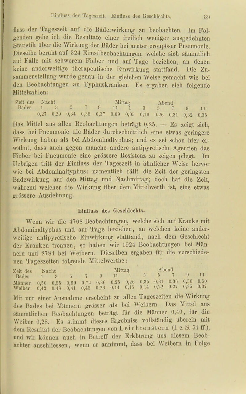 Einfluss der Tageszeit. Einfiuss des Geschlechts. 8!) flnss der Tageszeit auf die Bäderwirkuug zu beobacbten. Im Fol- genden gebe icb die Resultate einer freilicb weniger ausgedebnten Statistik Uber die Wirkung der Bäder bei acuter croupöser Pneumonie. Dieselbe berubt auf 324 Einzelbeobacbtungen, welcbe sieb sämmtlicb auf Fälle mit schwerem Fieber und auf Tage bezieben, an denen keine anderweitige tberapeutiscbe Einwirkung stattfand. Die Zu- sammenstellung wurde genau in der gleicben Weise gemacbt wie bei den Beobachtungen an Typhuskranken. Es ergaben sich folgende Mittelzahlen: Zeit des Nacht Mittag Abend Bades 1 3 5 79 111 3 5 7 9 11 0,27 0,29 0,34 0,35 0,37 0,09 0,05 0,16 0,26 0,31 0,32 0,35 Das Mittel aus allen Beobachtungen beträgt 0,25, — Es zeigt sich, dass bei Pneumonie die Bäder durchschnittlich eine etwas geringere Wirkung haben als bei Abdominaltyphus; und es sei schon hier er- wähnt, dass auch gegen manche andere antipyretische Agentien das Fieber bei Pneumonie eine grössere Resistenz zu zeigen pflegt. Im Uebrigen tritt der Einfluss der Tageszeit in ähnlicher Weise hervor wie bei Abdominaltyphus: namentlich fällt die Zeit der geringsten Badewirkuug auf den Mittag und Nachmittag; doch hat die Zeit, während welcher die Wirkung über dem Mittelwerth ist, eine etwas grössere Ausdehnung, Einfluss des Greschleelits. Wenn wir die 4708 Beobachtungen, welcbe sich auf Kranke mit Abdominaltyphus und auf Tage beziehen, an welchen keine ander- weitige antipyretische Einwirkung stattfand, nach dem Geschlecht der Kranken trennen, so haben wir 1924 Beobachtungen bei Män- nern und 2784 bei Weibern. Dieselben ergaben für die verschiede- nen Tageszeiten folgende Mittelwerthe: Zeit des Nacht Mittag Abend Bades i 3 5 7 9 11 1 3 5 < 9 11 Männer 0,50 0,5& 0,69 0,72 0,36 0,25 0,26 0,35 0,31 0,36 0,30 0,50 Weiber 0,42 0,48 0,41 0,45 0,26 0,14 0,15 0,14 0,22 0,27 0,35 0,3/ Mit nur einer Ausnahme erscheint zu allen Tageszeiten die Wirkung des Bades bei Männern grösser als bei Weibern. Das Mittel aus sämmtlichen Beobachtungen beträgt für die Männer 0,40, für die Weiber 0,28. Es stimmt dieses Ergebniss vollständig überein mit dem Resultat der Beobachtungen von Leichtenstern (1. c. S. 51 ff.), und wir können auch in Betreff der Erklärung uns diesem Beob- achter anscbliessen, wenn er annimmt, dass bei Weibern in Folge