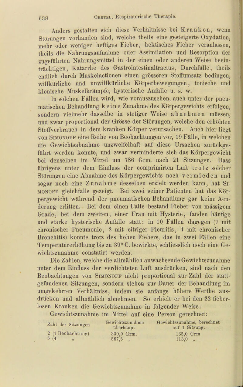 Anders gestalten sich diese Verhältnisse bei Kranken, wenn Störungen vorhanden sind, welche theils eine gesteigerte Oxydation, mehr oder weniger heftiges Fieber, hektisches Fieber veranlassen, theils die Nahrungsaufnahme oder Assimilation und Resorption der zugeführten Nahrungsmittel in der einen oder anderen Weise beein- trächtigen, Katarrhe des Gastrointestinaltractus, Durchfälle, theils endlich durch Muskelactionen einen grösseren Stoflfumsatz bedingen, willkürliche und unwillkürliche Körperbewegungen, tonische und klonische Muskelkrämpfe, hysterische Anfälle u. s. w. In solchen Fällen wird, wie vorauszusehen, auch unter der pneu- matischen Behandlung keine Zunahme des Körpergewichts erfolgen, sondern vielmehr dasselbe in stetiger Weise abnehmen müssen, und zwar proportional der Grösse der Störungen, welche den erhöhten Stoffverbrauch in dem kranken Körper verursachen. Auch hier liegt von Simonoff eine Reihe von Beobachtungen vor, 19 Fälle, in welchen die Gewichtsabnahme unzweifelhaft auf diese Ursachen zurückge- führt werden konnte, und zwar verminderte sich das Körpergewicht bei denselben im Mittel um 786 Grm. nach 21 Sitzungen. Dass übrigens unter dem Einfluss der comprimirten Luft trotz solcher Störungen eine Abnahme des Körpergewichts noch vermieden und sogar noch eine Zunahme desselben erzielt werden kann, hat Si- monoff gleichfalls gezeigt. Bei zwei seiner Patienten hat das Kör- pergewicht während der pneumatischen Behandlung gar keine Aen- derung erlitten. Bei dem einen Falle bestand Fieber von mässigem Grade, bei dem zweiten, einer Frau mit Hysterie, fanden häufige und starke hysterische Anfälle statt; in 10 Fällen dagegen (7 mit chronischer Pneumonie, 2 mit eitriger Pleuritis, 1 mit chronischer Bronchitis) konnte trotz des hohen Fiebers, das in zwei Fällen eine Temperaturerhöhung bis zu 39 C. bewirkte, schliesslich noch eine Ge- wichtszunahme constatirt werden. Die Zahlen, welche die allmählich anwachsende Gewichtszunahme unter dem Einfluss der verdichteten Luft ausdrücken, sind nach den Beobachtungen von Simonoff nicht proportional zur Zahl der statt- gefundenen Sitzungen, sondern stehen zur Dauer der Behandlung im umgekehrten Verhältniss, indem sie anfangs höhere Werthe aus- drücken und allmählich abnehmen. So erhielt er bei den 22 fieber- losen Kranken die Gewichtszunahme in folgender Weise: Gewichtszunahme im Mittel auf eine Person gerechnet: Zahl der Sitzungen 2 (1 Beobachtung) 5 (4 Gewichtszunahme Uberhaupt 330,0 Grm. 567,5 „ Gewichtszunahme, berechnet auf 1 Sitzung. 16.5,0 Grm. 113,0 „