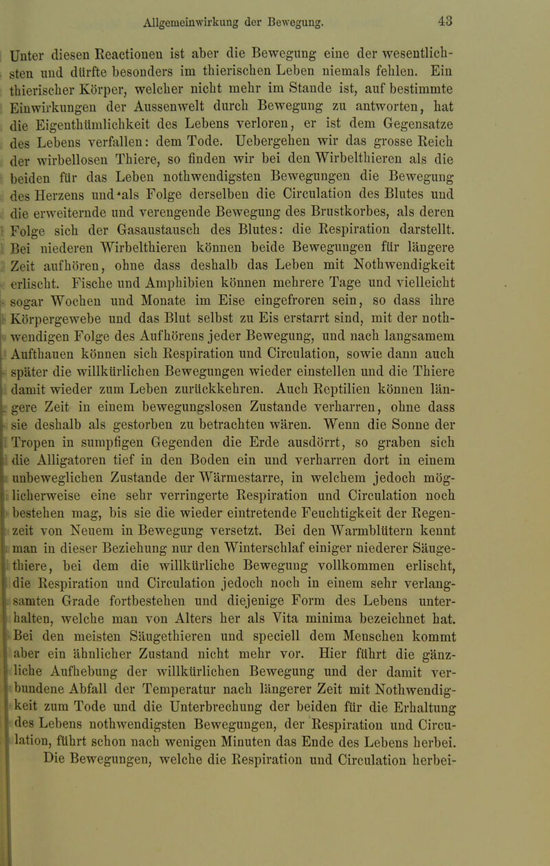 Unter diesen Reactionen ist aber die Bewegung eine der wesentlich- sten und dürfte besonders im thierischen Leben niemals fehlen. Ein thierischer Körper, welcher nicht mehr im Stande ist, auf bestimmte Einwirkungen der Aussenwelt durch Bewegung zu antworten, hat die Eigenthümlichkeit des Lebens verloren, er ist dem Gegensatze des Lebens verfallen: dem Tode. Uebergehen wir das grosse Reich der wirbellosen Thiere, so finden wir bei den Wirbelthieren als die beiden für das Leben nothwendigsten Bewegungen die Bewegung des Herzens und*als Folge derselben die Circulation des Blutes und die erweiternde und verengende Bewegung des Brustkorbes, als deren Folge sich der Gasaustausch des Blutes: die Respiration darstellt. I Bei niederen Wirbelthieren können beide Bewegungen für längere Zeit aufhören, ohne dass deshalb das Leben mit Notwendigkeit erlischt. Fische und Amphibien können mehrere Tage und vielleicht i sogar Wochen und Monate im Eise eingefroren sein, so dass ihre I Körpergewebe und das Blut selbst zu Eis erstarrt sind, mit der not- wendigen Folge des Auf hörens jeder Bewegung, und nach langsamem Aufthauen können sich Respiration und Circulation, sowie dann auch später die willkürlichen Bewegungen wieder einstellen und die Thiere damit wieder zum Leben zurückkehren. Auch Reptilien können län- [ gere Zeit in einem bewegungslosen Zustande verharren, ohne dass sie deshalb als gestorben zu betrachten wären. Wenn die Sonne der I Tropen in sumpfigen Gegenden die Erde ausdörrt, so graben sich die Alligatoren tief in den Boden ein und verharren dort in einem unbeweglichen Zustande der Wärmestarre, in welchem jedoch mög- i licherweise eine sehr verringerte Respiration und Circulation noch bestehen mag, bis sie die wieder eintretende Feuchtigkeit der Regen- zeit von Neuem in Bewegung versetzt. Bei den Warmblütern kennt ; man in dieser Beziehung nur den Winterschlaf einiger niederer Säuge- i thiere, bei dem die willkürliche Bewegung vollkommen erlischt, die Respiration und Circulation jedoch noch in einem sehr verlang- samten Grade fortbestehen und diejenige Form des Lebens unter- [: halten, welche man von Alters her als Vita minima bezeichnet hat. Bei den meisten Säugethieren und speciell dem Menschen kommt aber ein ähnlicher Zustand nicht mehr vor. Hier führt die gänz- | liehe Aufhebung der willkürlichen Bewegung und der damit ver- \ bundene Abfall der Temperatur nach längerer Zeit mit Notwendig- keit zum Tode und die Unterbrechung der beiden für die Erhaltung | des Lebens nothwendigsten Bewegungen, der Respiration und Circu- I lation, führt schon nach wenigen Minuten das Ende des Lebens herbei. Die Bewegungen, welche die Respiration und Circulation herbei-