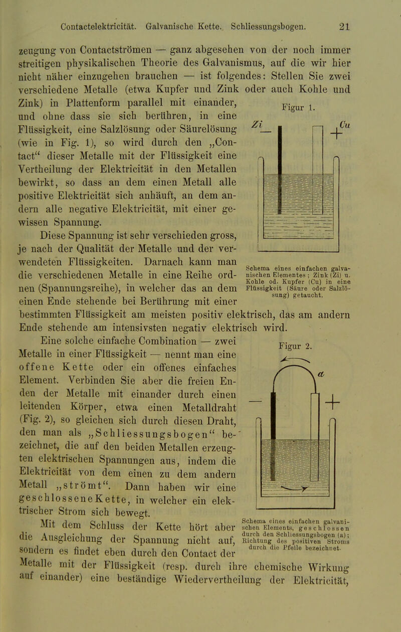 zeugung von Contactströmen — ganz abgesehen von der noch immer streitigen physikalischen Theorie des Galvanismus, auf die wir hier nicht näher einzugehen brauchen — ist folgendes: Stellen Sie zwei verschiedene Metalle (etwa Kupfer und Zink oder auch Kohle und Zink) in Plattenform parallel mit einander, und ohne dass sie sich berühren, in eine Flüssigkeit, eine Salzlösung oder Säurelösung Figur 1. Zi (wie in Fig. 1), so wird durch den „Con- + Cu Schema eines einfachen galva- nischen Elementes ; Zink (Zi) n. Kohle od. Kupfer (Cu) in eine Flüssigkeit (Säure oder Salzlö- sung) getaucht. Figur 2. tact dieser Metalle mit der Flüssigkeit eine Vertheilung der Elektricität in den Metallen bewirkt, so dass an dem einen Metall alle positive Elektricität sich anhäuft, an dem an- dern alle negative Elektricität, mit einer ge- wissen Spannung. Diese Spannung ist sehr verschieden gross, je nach der Qualität der Metalle und der ver- wendeten Flüssigkeiten. Darnach kann man die verschiedenen Metalle in eine Reihe ord- nen (Spannungsreihe), in welcher das an dem einen Ende stehende bei Berührung mit einer bestimmten Flüssigkeit am meisten positiv elektrisch, das am andern Ende stehende am intensivsten negativ elektrisch wird. Eine solche einfache Combination — zwei Metalle in einer Flüssigkeit — nennt man eine offene Kette oder ein offenes einfaches Element. Verbinden Sie aber die freien En- den der Metalle mit einander durch einen leitenden Körper, etwa einen Metalldraht (Fig. 2), so gleichen sich durch diesen Draht, den man als „Schliessungsbogen be- zeichnet, die auf den beiden Metallen erzeug- ten elektrischen Spannungen aus, indem die Elektricität von dem einen zu dem andern Metall „strömt. Dann haben wir eine geschlosseneKette, in welcher ein elek- trischer Strom sich bewegt. Mit dem Schluss der Kette hört aber die Ausgleichung der Spannung nicht auf, sondern es findet eben durch den Contact der Metalle mit der Flüssigkeit (resp. durch ihre chemische Wirkung auf einander) eine beständige Wiedervertheilung der Elektricität, + Schema eines einfachen galvani- schen Elements, geschlossen durch den Schliessungshogen (a); Richtung des positiven Stroms durch die Pfeile bezeichnet.