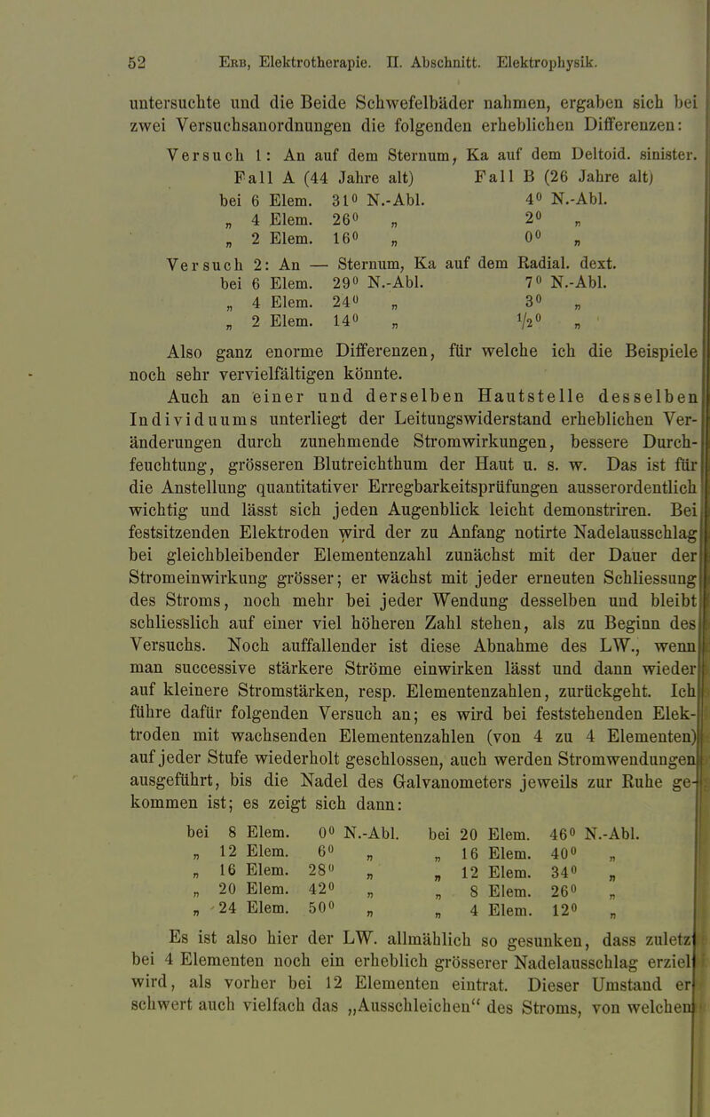 untersuchte und die Beide Schwefelbäder nahmen, ergaben sich bei zwei Versuchsanordnungen die folgenden erheblichen Differenzen: Versuch l: An auf dem Sternum, Ka auf dem Deltoid. sinister. Fall A (44 Jahre alt) Fall B (26 Jahre alt) bei 6 Eiern. 31» N.-Abl. 4» N.-Abl. „ 4 Eiern. 26° „ 2° „ 2 Eiern. 16<> „ 0° Versuch 2: An — Sternum, Ka auf dem Radial, dext. bei 6 Eiern. 29° N.-Abl. 7° N.-Abl. „ 4 Elem. 24 „ 3° „ 2 Elem. 14« „ 1/20 Also ganz enorme Differenzen, für welche ich die Beispiele noch sehr vervielfältigen könnte. Auch an einer und derselben Hautstelle desselbe Individuums unterliegt der Leitungswiderstand erheblichen Ver- änderungen durch zunehmende Stromwirkungen, bessere Durch feuchtung, grösseren Blutreichthum der Haut u. s. w. Das ist für die Anstellung quantitativer Erregbarkeitsprüfungen ausserordentlich wichtig und lässt sich jeden Augenblick leicht demonstriren. Bei festsitzenden Elektroden wird der zu Anfang notirte Nadelausschlag bei gleichbleibender Elementenzahl zunächst mit der Dauer der Stromeinwirkung grösser; er wächst mit jeder erneuten Schliessung des Stroms, noch mehr bei jeder Wendung desselben und bleibt schliesslich auf einer viel höheren Zahl stehen, als zu Beginn des Versuchs. Noch auffallender ist diese Abnahme des LW., wenn man successive stärkere Ströme einwirken lässt und dann wieder auf kleinere Stromstärken, resp. Elementenzahlen, zurückgeht. Ich führe dafür folgenden Versuch an; es wird bei feststehenden Elek- troden mit wachsenden Elementenzahlen (von 4 zu 4 Elementen auf jeder Stufe wiederholt geschlossen, auch werden Stromwendunge ausgeführt, bis die Nadel des Galvanometers jeweils zur Ruhe ge kommen ist; es zeigt sich dann: bei 8 Elem. 0° N.-Abl. bei 20 Elem. 46° N.-Abl. „ 12 Elem. 6<> n i6 Elem. 40» „ 16 Elem. 28« „ „ 12 Elem. 34<> „ n 20 Elem. 42» „ 8 Elem. 26° „ 24 Elem. 50° „4 Elem. 12° Es ist also hier der LW. allmählich so gesunken, dass zuletz bei 4 Elementen noch ein erheblich grösserer Nadelausschlag erziel wird, als vorher bei 12 Elementen eintrat. Dieser Umstand er schwert auch vielfach das „Ausschleichen des Stroms, von welchen]