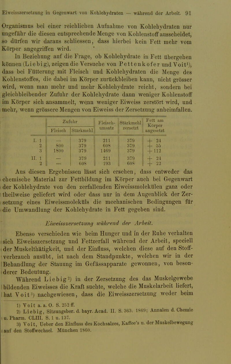 Organismus bei einer reichlichen Aufnahme von Kohlehydraten nur ungefähr die diesen entsprechende Menge von Kohlenstoff ausscheidet, so dürfen wir daraus schliessen, dass hierbei kein Fett mehr vom Körper angegriffen wird. In Beziehung auf die Frage, ob Kohlehydrate in Fett übergehen können (Liebig), zeigen die Versuche von Pettenkofer und Voit1), dass bei Fütterung mit Fleisch und Kohlehydraten die Menge des Kohlenstoffes, die dabei im Körper zurückbleiben kann, nicht grösser wird, wenn man mehr und mehr Kohlehydrate reicht, sondern bei gleichbleibender Zufuhr der Kohleh}^drate dann weniger Kohlenstoff im Körper sich ansammelt, wenn weniger Eiweiss zerstört wird, und mehr, wenn grössere Mengen von Eiweiss der Zersetzung anheimfallen. Zufuhr Fleisch- Stärkmehl Fett am Körper angesetzt Fleisch Stärkmehl umsatz zersetzt I. 1 2 3 800 1800 379 379 379 211 608 1469 379 379 379 + 24 + 55 + 112 II. 1 2 379 608 211 193 379 608 + 24 + 22 Aus diesen Ergebnissen lässt sich ersehen, dass entweder das I chemische Material zur Fettbildung im Körper auch bei Gegenwart der Kohlehydrate von den zerfallenden Eiweissmolekülen ganz oder theilweise geliefert wird oder dass nur in dem Augenblick der Zer- setzung eines Eiweissmoleküls die mechanischen Bedingungen für die Umwandlung der Kohlehydrate in Fett gegeben sind. Eiweisszersetz-img während der Arbeit. Ebenso verschieden wie beim Hunger und in der Ruhe verhalten •sich Eiweisszersetzung und Fettzerfall während der Arbeit, speciell der Muskelthätigkeit, und der Einfluss, welchen diese auf den Stoff- verbrauch ausübt, ist nach dem Standpunkte, welchen wir in der Behandlung der Stauung im Gefässapparate gewonnen, von beson- derer Bedeutung. Während Liebig2) in der Zersetzung des das Muskelgewebe bildenden Eiweisses die Kraft suchte, welche die Muskelarbeit liefert, hat Voit:J) nachgewiesen, dass die Eiweisszersetzung weder beim 1) Voit a.a.O. S. 252ff. 2) Liebig, Sitzungsber. d. bayr. Acad. II. S. 363. L869; Annalen d. Chemie u. Pharm. CLUI. S. 1 u. 137. 3) Voit, Ueber den Einfluss des Kochsalzes, Kaffee's u. der Muskelbewegung auf den Stoffwechsel. München 1860.