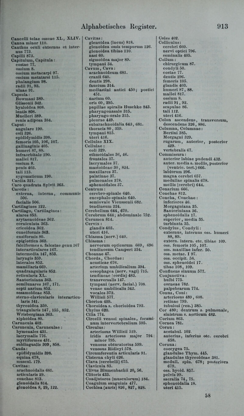 Caucelli telae osseae XL, XLIV. Canna minor llü. Canthus oculi externus et inter- nus 773. Capilli 873. Capitulum, Capitula: costae 77. ossium 8. ossium metacarpi 97. ossium metatai'si 115. phalangium 98. radii 91, 93. ulnae 91. Capsula: Bowmani 389. Glissonii 342. hyaloidea 808. lentis 808. Muelleri 389. renis adiposa 384. Caput: angulare 190. coli 326. epididymidis 398. femoris 105, 106, 107. gallinaginis 405. humeri 87, 88. infraorbitale 190. mallei 8l7. ossium 8. penis 403. tali 113. zygomaticum 190. Cardia 321. Caro quadrata Sylvii 263. Carotis : externa, interna, communis 506. facialis 506. Cartilagines 122. Cartilago, Cartilagines: alares 853. arytaenoideae 362. corniculata 363. cricoidea 362. cuneiformis 368. ensiformis 80. epiglottica 362. falciformes s. falcatae genu 167 interarticulares 167. intermedia 147, 853. laryngis 359. laterales 852. mamillaris 669. quadrangularis 852. reticularis XL. Santoi'iniana 363. semilunares 167, 171. septi narium 852. sesamoideae 853. sterno-clavicularis interarticu- laris 141. thyreoidea 359. triangularis 147, 155, 852. Wrisbergiana 363. xipboidea 80. Caruncula 402. Caruncula, Carunculae : hymenales 431. lacrymalis 776. myrtiformes 431. sublingualis 309, 858. Cauda: epididymidis 398. equina 678, muscul. 179. Cavitas: arachnoidalis 681. articularis 29. couchae 813. glenoidalis 814. glenoidea 8, 29, 122. Cavitas: glenoidea (incus) 818. glenoidea ossis temporum 126. glenoidea tibiae 110. nasi 60. sigmoidea major 89. tympani 34. Cavum, Cava; arachnoideum 681. cranii 640. dentis 298. faucium 314. mediastini antici 450; postici 451. narium 60. oris 60, 295. papillae spix*alis Huschke 843. pharyngonasale 315. pharyngo-orale 315. pleurae 449. subarachnoidalia 643, 681. thoi-acis 80,359. tympani 815. Uteri 416. Cellulae XIX. Cellulae : coli 329. ethmoidales 36, 46. frontales 37. lacrymales 37. mastoideae 30, 824. maxillares 37. palatinae 37. pulmonales 378. spbenoidales 37. Centrum: cerebro-spinale 640. encephalo-spinale 640. semiovale Vieussenii 682. tendineum 224. Cerebellum 644, 670. Cerebrum 644; abdominale 752. Cerumen 814. Cervix : glandis 403. Uteri 416. Chiasma (nerv.) 640. Chiasma : nervorum opticorum 669, 696 tendinosum Camperi 234. Choanae 47. Chorda, Chordae: acusticae 676. arterium umbilicalium 394. oesophagea (nerv, vagi) 715. tendineae ( cordis) 483. transversalis 147. tympani (nerv, facial.) 708. venae umbilicalis 342. vocales 372. Willisii 577. Chorion 409. Choroidea s. chorioidea 793. Chylus 620. Cilia 774. Circelli venosi spinales, forami- num intervertebralium 595. Circulus; arteriosus Willisii 519. iridis arteriosus major 794; minor 795. venosus obturatorius 599. venosus Ridleyi 578. Circumferentia ai-ticularis 91. Cisterna chyli 626. Clava (cerebelli) 675. Clavicula 83. Clivus Blumenbachii 20, 56. Clitoris 433. Coadjutores (musculorum) 184. Coagulum sanguinis 477. Cochlea (auris) 826, 827, 828. Coles 402. Colliculus: cerebri 660. nervi optici 796. seminalis 405. Collum: chirurgicum 87. condyli 50. costae 77. dentis 296. femoris 105. glandis 403. humeri 87, 88. mallei 817. ossium 8. i’adii 91, 92. Scapulae 86. tali 112. Uteri 416. Colon ascendens, trausversum, descendens 326, 886. Columna, Columnae: Bertini 385. Morgagni 329. rugai’um, anterior, posterior 429. vertebralis 67. Commissura: anterior labiae pudendi 432. anter. media s. mollis, posterior (ventric. tert.) 666. labiorum 296. magna cerebri 657. medullae spinalis 678. mollis (cerebri) 644. Conarium 666. Conchae 812. Concha, Conchae: inferiores 46. Morgagniana 25. Santoriniana 36. sphenoidalis 17. Superior, media 35. turbinata 35. Condylus, Condyli: externus, internus oss. humeri 88, 89. extern, intern, etc. tibiae 109. oss. femoris 105, 107. oss. maxillae infer. 50. oss. metac. I 97. oss. occipit. 58. oss. sphenoidei 17. tibae 108, 109. Confluens sinuum 577. Conjunctiva: bulbi 775. corneae 782. palpebrarum 774. Conus, Coni: arteriosus 489, 608. retinae 799. tubulosi (ren.) 385. Cor 480; dextrum s. pulmonale, sinistrum s. aorticum 482. Corium 863. Cornea 781. Cornu : acetabul. 102. anterius, inferius otc. cerebri 658. Cornua: coccygea 75. glandulae Thym. 445. glandulae thyx-eoideae 381. medull. Spin. 678; posteriora 679. oss. hyoid. 857. pelvis 99. saci-alia 74, 75. sphenoidalia 18. Uteri 415. 58