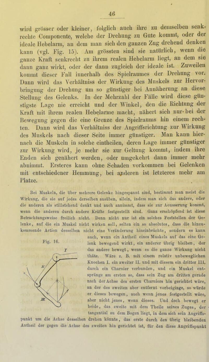 0 46 wir ird grosser oder kleiner, folglich auch ihre zu demselben senk- rechte Componente, welche der Drehung zu Gute kommt, oder der ideale Hebelarm, an dem man sich den ganzen Zug drehend denken kann (vgl. Fig. 15). Am grössten sind sie natürlich, wenn die ganze Kraft senkrecht zu ihrem realen Hebelarm liegt, an dem sie dann ganz wirkt, oder der dann zugleich der ideale ist. Zuweilen kommt dieser Fall innerhalb des Spielraumes der Drehung vor. Dann wird das Verhältniss der Wirkung des Muskels zur Hervor- briugung der Drehung um so günstiger bei Annäherung an diese Stellung des Gelenks. In der Mehrzahl der Fälle wird diese gün- stigste Lage nie erreicht und der Winkel, den die Richtung der Kraft mit ihrem realen Hebelarme macht, nähert sich nur-bei der Bewegung gegen die eine Grenze des Spielraums hin einem rech- ten. Dann wird das Verhältniss der Angriffsrichtung zur Wirkung des Muskels nach dieser Seite immer günstiger. Man kann hier- nach die Muskeln in solche eintheilen, deren Lage immer günstiger zur Wirkung wird, je mehr sie zur Geltung kommt, indem ihre Enden sich genähert werden, oder umgekehrt dann immer mehr abnimmt. Ersteres kann ohne Schaden vorkommen bei Gelenken mit entschiedener Hemmung, bei ajideren ist letzteres mehr am Platze. Fig. 16. Bei Muskeln, die über mehrere Gelenke hingespannt sind, bestimmt man meist die Wirkung, die sie auf jedes derselben ausüben, allein, indem man sich das andere, oder die anderen als stillstehend denkt und auch annimmt, dass sie zur Aeusserung kommt, wenn die anderen durch andere Kräfte festgestellt sind. Ganz erschöpfend ist diese Betrachtungsweise freilich nicht. Denn nicht nur ist ein solches Feststellen der Ge- lenke, auf die ein Muskel nicht wirken soll, selten ein so absolutes, dass die hinzu- kommende Action desselben nicht eine Veränderung hineinbrächte, sondern es kann auch, wenn ein Antheil eines Muskels auf das eine Ge- lenk bewegend wirkt, ein anderer übrig bleiben, der das andere bewegt, wenn es die ganze Wirkung nicht thäte. Wäre z. B. mit einem relativ unbeweglichen Knochen I. ein zweiter II. und mit diesem ein dritter III. durch ein Charnier verbunden, und ein Muskel ent- spränge am ersten so, dass sein Zug am dritten gerade nach der Achse des ersten Charniers hin gerichtet wäre, an der des zweiten aber entfernt vorbeiginge, so würde er dieses bewegen, auch wenn jenes festgestellt wäre, aber nicht jenes, wenn dieses. Und doch bewegt er beide, das zweite mit dem Theile seines Zuges, der tangential zu dem Bogen liegt, in dem sich sein Angriffs- punkt um die Achse desselben drehen könnte , das erste durch den übrig bleibenden Antheil der gegen die Achse des zweiten hin gerichtet ist, für den diese Angriffspunkt