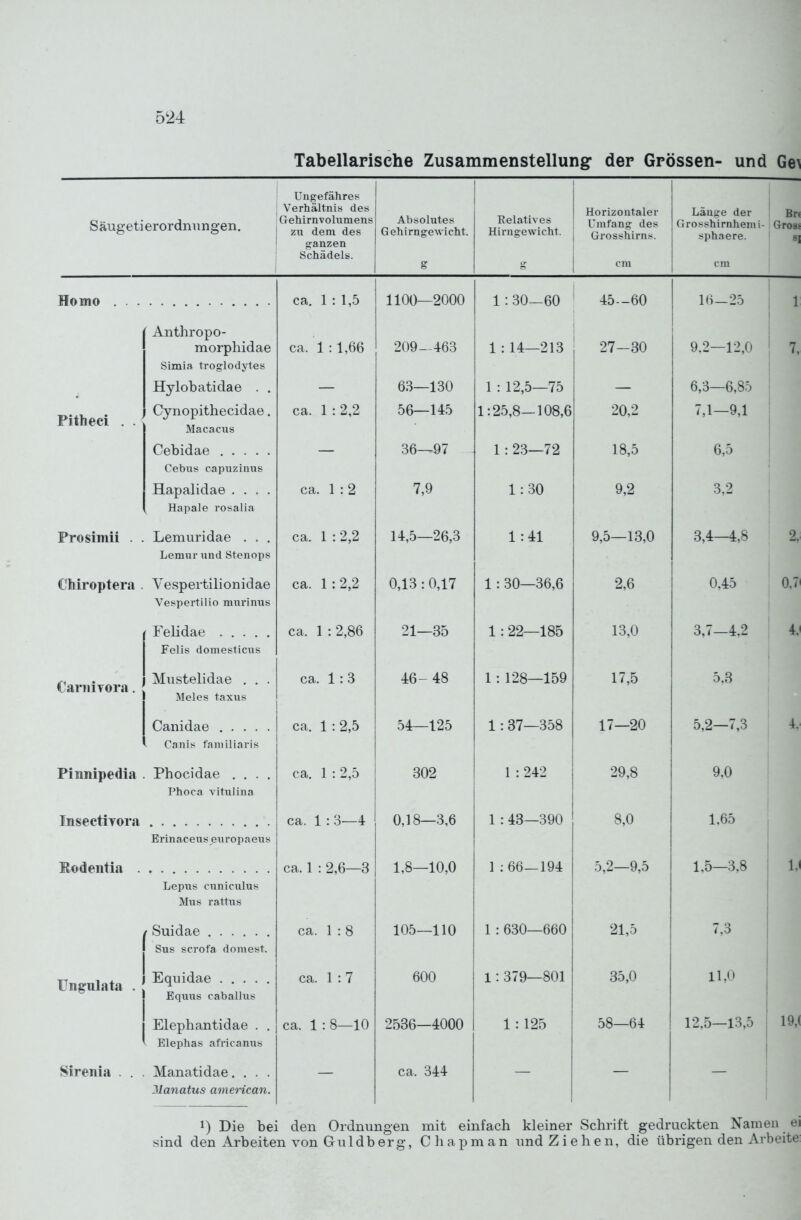 Tabellarische Zusammenstellung der Grössen- und Ge^ Säugetierordnungen. Ungefähres Verhältnis des Gehirnvolumens zu dem des ganzen Schädels. Absolutes Gehirngewicht. S Relatives Hirngewicht. Horizontaler L lutang des Grosshirns. cm Länge der Grosshirnhemi- sphaere. cm Hoino ca. 1 : 1,5 1100 2000 1:30 60 45--60 16—25 Anthropo- morphidae ca. 1 : l,Db zuy—4do 1 :14—116 Ii—oO y.-—ii,y) Simia troglodytes Hylobatidae . , 63—130 1 : 12,5—75 6,3—6,85 Pithecl . . Cynopithecidae. Macacus ca. 1 : 2,2 56—145 1:25,8—108,6 20,2 7,1—9,1 Cebidae .... — 36^97 1 : 23—72 18,5 6,5 Cebiis capl^zin^^s Hapalidae .... ca. 1 : 2 '7 O 1: 30 n o 9,2 Hapale rosalia Prosimii . . Lemiiridae . . , Lemwr und Stenops ca. 1 : 2,2 14,5—26,3 1 :41 9,5—18,0 3,4—4,o Chii'optera . A'^espertilionidae Vespertilio nmrinus 1 . o o ca. 1 : 0,lo : U,l / 1 : oO—oD,o U,4:D ca. 1 : 2,86 21—OO 1 :22—185 lo,U 6,i 'k.,C Felis domesticus CanÜTora. Mustelidae . . . Meies taxus ca. 1 : 5 4b— 4o 1 . 1OQ 1Rü i : iZo—loy i < ,0 0,0 ca. 1: 2,5 54—125 1 :37—358 17—20 5,2—7,3 Canl? fanüliaris Pinnipedia Phocidae .... Phoca vitriliua ca. 1 : 2,5 802 1 : 242 29,8 9,0 InsectiTora ca. 1 : 3—4 0,18—3,6 1 :43—390 8,0 1,65 Er in a c eu s r o p a e\i s Eodeiitia . ca. 1 : 2,6—3 1,8—10,0 1 : 66—194 5,2—9,5 1,5—3.8 Lepus cnnicixluy Mus rattus ca. 1:8 105—110 1 : 630—660 21,5 /,3 Sus scTofa dornest. Ungulata . Equus caballus ca. 1 : 7 600 1: 379—801 35,0 11,0 Elephantidae . . ca. 1 : 8—10 2586—4000 1 : 125 58—64 12,5—13,5 Elephas africanus Sirenia . Manatidae. . . . Manatus american. ca. 344 roaf 81 2, 4j 1,1 1) Die bei den Ordnungen mit einfach kleiner Schrift gedruckten Namen ei sind den Arbeiten von Guldberg, C hapman imd Ziehen, die übrigen den Arbeite
