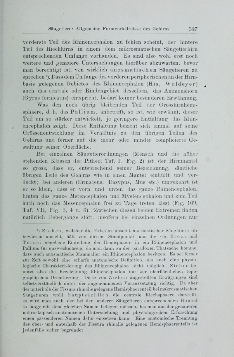 vorderste Teil des Rhinencephalon zu fehlen scheint, der hintere Teil des ßiechhirns in einem dem mikrosmatischen Säugetierhirn entsprechenden Umfange vorhanden. Es sind also wohl erst noch weitere und genauere Untersuchungen hierüber abzuwarten, bevor man berechtigt ist, von wirklich anosmatischen Säugetieren zu sprechen Dass dem Umfange des vorderen peripherischen an der Hirn- basis gelegenen Gebietes des E/hinencejjhalon (His, Waldeyer) ^ auch das centrale oder Rindengebiet desselben, das Ammonshorn (Gyrus fornicatus) entspricht, bedarf keiner besonderen Erwähnung. Was den noch übrig bleibenden Teil der Grosshirnhemi- sphaere, d.h. das Pallium, anbetrifft, so ist, wie erwähnt, dieser Teil um so stärker entwickelt, je geringere Entfaltung das E,hin- encephalon zeigt. Diese Entfaltung bezieht sich einmal auf seine Grössenentwicklung im Verhältnis zu den übrigen Teilen des Gehirns und ferner auf die mehr oder minder complicierte Ge- staltung seiner Oberfläche. Bei einzelnen Säugetierordnungen (Mensch und die höher stehenden Klassen der Pitheci Taf. I, Fig. 2) ist der Hirnmantel so gross, dass er, entsprechend seiner Bezeichnung, sämtliche übrigen Teile des Gehirns wie in einen Mantel einhüllt und ver- deckt ; bei anderen (Erinaceus, Dasypus, Mus etc.) umgekehrt ist er so klein, dass er vorn und unten das ganze Rhinencephalon, hinten das ganze Metencephalon und Myelencephalon und zum Teil auch noch das Mesencephalon frei zu Tage treten lässt (Fig. 109, Taf. VII, Fig. 3, 4 u. 6). Zwischen diesen beiden Extremen finden natürlich Uebergänge statt, insofern bei einzelnen Ordnungen nur Ziehen, welclier die Existenz absolut anosmatischer Säugetiere für bewiesen ansieht, hält von diesem Standpunkte aus die von Broca und Turner gegebene Einteilung der Hemisphaere in ein Rhinencephalon und Pallium für unzweckmässig, da man dann zu der paradoxen Thatsache komme, dass auch anosmatische Mammalier ein Ehinenceplialon besitzen. Es sei ferner zur Zeit sowohl eine scharfe anatomische Definition, als auch eine phj'^sio- logische Charakterisierung des Rhinencephalon nicht möglich. Ziehen be- nutzt also die Bezeichnung Ehinenceplialon nur zur oberflächlichen toj)©- graphischen Orientierung. Diese von Ziehen angestellten Erwägungen sind selbstverständlich unter der angenommenen Voraussetzung richtig. Da aber der unterhalb der Fissura rhinalis gelegene Hemisphaerenteil bei makrosmatischen Säugetieren wohl hauptsächlich die centrale Riechsphaere darstellt, so wird man auch den bei den anderen Säugetieren entsprechenden Hirnteil so lange mit dem gleichen Namen belegen müssen, bis man aus der genaueren mikroskopisch-anatomischen Untersuchung und physiologischen Erforschung einen passenderen Namen dafür einsetzen kann. Eine anatomische Trennung des ober- und unterhalb der Fissura rhinalis gelegenen Hemisphaerenteils ist jedenfalls sicher begründet.