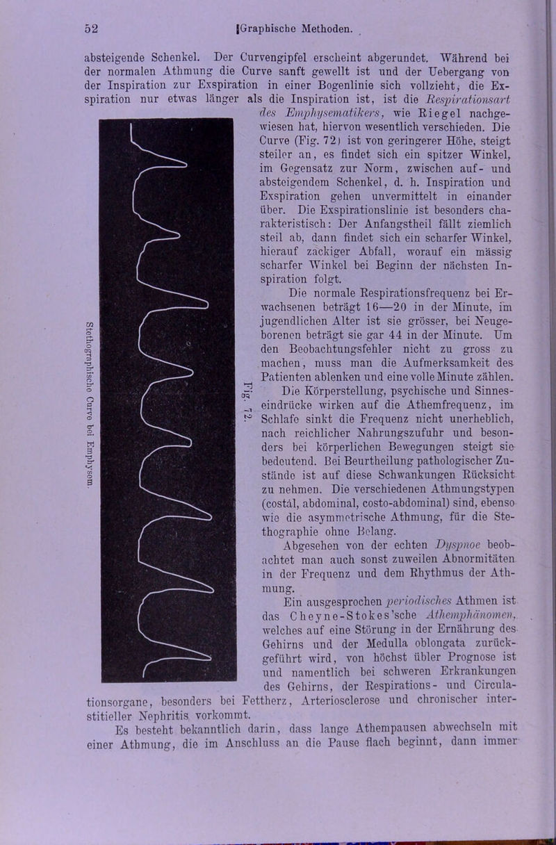 absteigende Schenkel. Der Curvengipfel erscheint abgerundet. Während hei der normalen Atlimung die Curve sanft gewellt ist und der Uebergang von der Inspiration zur Exspiration in einer Bogenlinie sich vollzieht, die Ex- spiration nur etwas länger als die Inspiration ist, ist die Respirationsart des Emphysematikers, wie Riegel nachge- wiesen hat, hiervon wesentlich verschieden. Die Curve (Fig. 72) ist von geringerer Höhe, steigt steiler an, es findet sich ein spitzer Winkel, im Gegensatz zur Norm, zwischen auf- und absteigendem Schenkel, d. h. Inspiration und Exspiration gehen unvermittelt in einander über. Die Exspirationslinie ist besonders cha- rakteristisch : Der Anfangstheil fällt ziemlich steil ab, dann findet sich ein scharfer Winkel, hierauf zackiger Abfall, worauf ein massig scharfer Winkel bei Beginn der nächsten In- spiration folgt. Die normale Respirationsfrequenz bei Er- wachsenen beträgt 16—20 in der Minute, im jugendlichen Alter ist sie grösser, bei Neuge- borenen beträgt sie gar 44 in der Minute. Um den Beobachtungsfehler nicht zu gross zu machen, muss man die Aufmerksamkeit des- Patienten ablenken und eine volle Minute zählen. Die Körperstellung, psychische und Sinnes- eindrücke wirken auf die Athemfrequenz, im Schlafe sinkt die Frequenz nicht unerheblich, nach reichlicher Nahrungszufuhr und beson- ders bei körperlichen Bewegungen steigt sie bedeutend. Bei Beurtheilung pathologischer Zu- stände ist auf diese Schwankungen Rücksicht zu nehmen. Die verschiedenen Athmungstypen (costäl, abdominal, costo-abdominal) sind, ebenso wie die asymmetrische Athmung, für die Ste- thographie ohne Belang. Abgesehen von der echten Dyspnoe beob- achtet man auch sonst zuweilen Abnormitäten in der Frequenz und dem Rhythmus der Ath- mung. Ein ausgesprochen periodisches Athmen ist das Cheyne-Stokes’sche Athemphänomen, welches auf eine Störung in der Ernährung des Gehirns und der Medulla oblongata zurück- geführt wird, von höchst übler Prognose ist und namentlich bei schweren Erkrankungen des Gehirns, der Respirations- und Circula- tionsorgane, besonders bei Fettherz, Arteriosclerose und chronischer inter- stitieller Nephritis vorkommt. Es besteht bekanntlich darin, dass lange Athempausen abwechseln mit einer Athmung, die im Anschluss an die Pause flach beginnt, dann immer