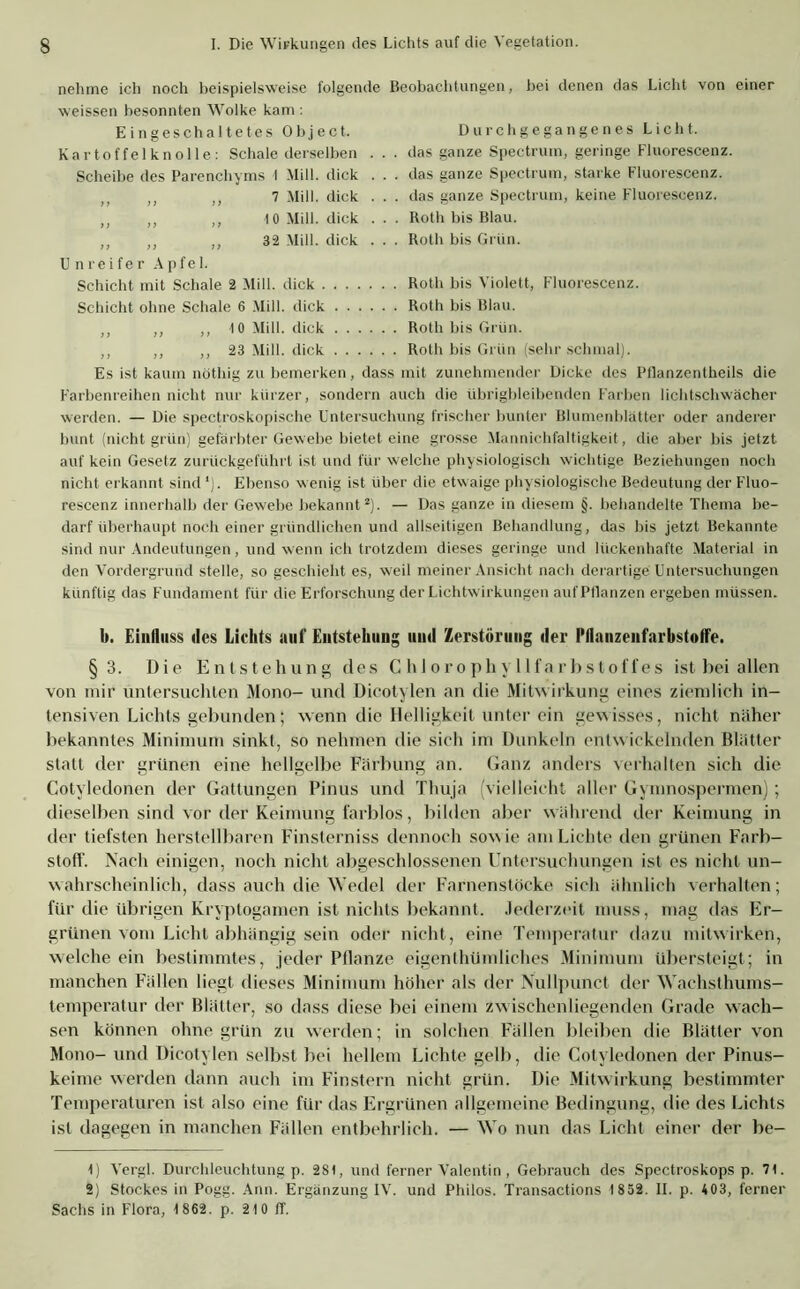 nehme ich noch beispielsweise folgende Beobachtungen, bei denen das Licht von einer weissen besonnten Wolke kam : Durch gegangenes Licht, das ganze Spectrum, geringe Fluorescenz. das ganze Spectrum, starke Fluorescenz. das ganze Spectrum, keine Fluorescenz. Roth bis Blau. Roth bis Grün. Eingeschaltetes Object. Kartoffelknolle: Schale derselben Scheibe des Parenchyms 1 Mill. dick ,, ,, ,, 7 Mill. dick ,, ,, ,, 10 Mill. dick ,, ,, ,, 32 Mill. dick U nreifer Apfel. Schicht mit Schale 2 Mill. dick . . . . Schicht ohne Schale 6 Mill. dick . . ,, ,, ,, 10 Mill. dick . . . ,, ,, ,,23 Mill. dick . . . Roth bis Violett, Fluorescenz. Roth bis Blau. Roth bis Grün. Roth bis Grün (sehr schmal). Es ist kaum nöthig zu bemerken, dass mit zunehmender Dicke des Pflanzentheils die Farbenreihen nicht nur kürzer, sondern auch die übrigbleibenden Farben lichtschwächer werden. — Die spectroskopische Untersuchung frischer bunter Blumenblätter oder anderer bunt (nicht grün) gefärbter Gewebe bietet eine grosse Mannichfaltigkeit, die aber bis jetzt auf kein Gesetz zurückgeführt ist und für welche physiologisch wichtige Beziehungen noch nicht erkannt sind *). Ebenso wenig ist über die etwaige physiologische Bedeutung der Fluo- rescenz innerhalb der Gewebe bekannt1 2). — Das ganze in diesem §. behandelte Thema be- darf überhaupt noch einer gründlichen und allseitigen Behandlung, das bis jetzt Bekannte sind nur Andeutungen, und wenn ich trotzdem dieses geringe und lückenhafte Material in den Vordergrund stelle, so geschieht es, weil meiner Ansicht nach derartige Untersuchungen künftig das Fundament für die Erforschung der Lichtwirkungen aufPflanzen ergeben müssen. b. Einfluss des Lichts auf Entstehung und Zerstörung der l‘flanzenfarbst»ffe. §3. Die Entstehung des Chlorophyllfarbstoffes ist bei allen von mir untersuchten Mono- und Dieotylen an die Mitwirkung eines ziemlich in- tensiven Lichts gebunden; wenn die Helligkeit unter ein gewisses, nicht näher bekanntes Minimum sinkt, so nehmen die sich im Dunkeln entwickelnden Blätter statt der grünen eine hellgelbe Färbung an. Ganz anders verhalten sich die Cotvledonen der Gattungen Pinus und Thuja (vielleicht aller Gymnospermen) ; dieselben sind vor der Keimung farblos, bilden aber während der Keimung in der tiefsten herstellbaren Finsterniss dennoch sowie am Lichte den grünen Farb- stoff. Nach einigen, noch nicht abgeschlossenen Untersuchungen ist es nicht un- wahrscheinlich, dass auch die Wedel der Farnenstöcke sich ähnlich verhalten; für die übrigen Kryptogamen ist nichts bekannt. Jederzeit muss, mag das Er- grünen vom Licht abhängig sein oder nicht, eine Temperatur dazu mitwirken, welche ein bestimmtes, jeder Pflanze eigenlhümliches Minimum übersteigt; in manchen Fällen liegt dieses Minimum höher als der Nullpunct der Wachsthums- temperatur der Blätter, so dass diese bei einem zwischenliegenden Grade wach- sen können ohne grün zu werden; in solchen Fällen bleiben die Blätter von Mono- und Dieotylen selbst bei hellem Lichte gelb, die Cotyledonen der Pinus- keime werden dann auch im Finstern nicht grün. Die Mitwirkung bestimmter Temperaturen ist also eine für das Ergrünen allgemeine Bedingung, die des Lichts ist dagegen in manchen Fällen entbehrlich. — Wo nun das Licht einer der be- 1) Vergl. Durchleuchtung p. 281, und ferner Valentin , Gebrauch des Spectroskops p. 71. 2) Stockes in Pogg. Ann. Ergänzung IV. und Philos. Transactions 1852. II. p. 403, ferner Sachs in Flora, 1862. p. 210 ff.