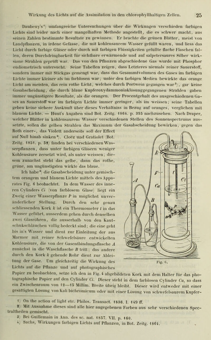 Daubcny’s1 *) umfangreiche Untersuchungen über die Wirkungen verschieden farbigen Lichts sind leider nach einer mangelhaften Methode angestellt, die es schwer macht, aus seinen Zahlen bestimmte Resultate zu gewinnen. Er brachte die grünen Blätter, meist von Landpflanzen, in irdene Gelasse, die mit kohlensaurem Wasser gefüllt waren, und liess das Licht durch farbige Gläser oder durch mit farbigen Flüssigkeiten gefüllte Hache Flaschen fal- len, deren Durchdringbarkeit für sichtbare erwärmende und auf salpetersaures Silber wirk- same Strahlen geprüft war. Das von den Pflanzen abgeschiedene Gas wurde mit Phosphor eudiometrisch untersucht. Seine Tabellen zeigen, dass Letzteres niemals reiner Sauerstoff, sondern immer mit Stickgas gemengt war, dass das Gesammtvolumen des Gases im farbigen Lichte immer kleiner als im farblosen war; unter den farbigen Medien bewirkte das orange Licht am meisten, das rein rothe Licht, welches durch Portwein gegangen war*), gar keine Gasabscheidung, die durch blaue Kupferoxydammoniaklösunggegangenen Strahlen gaben immer ungünstigere Resultate, als die orangen. Der Procentgehalt des ausgeschiedenen Ga- ses an Sauerstoff war im farbigen Lichte immer geringer, als im weissen; seine Tabellen geben keine sichere Auskunft über dieses Verhältniss in Bezug auf oranges, verglichen mit blauem Lichte. — Hunt’s Angaben sind Bot. Zeitg. 1 864. p. 355 nachzusehen. Nach Draper, welcher Blätter in kohlensaurem Wasser verschiedenen Stellen des Sonnenspectrums aus- setzte, sollen die gelben Strahlen das Maximum der Gasabscheidung bewirken, gegen das Roth einer-, das Violett anderseits soll der Effect auf Null hinab sinken3 4). Cloez und Gratiolet (Bot. Zeitg. 1851. p. 52) fanden bei verschiedenen Was- serpflanzen, dass unter farbigen Gläsern weniger Kohlensäure zersetzt wird, als unter weissen; die- sem zunächst steht das gelbe, dann das rothe, grüne, am ungünstigsten wirkte das blaue. Ich habe1) die Gasabscheidung unter gemisch- tem orangem und blauem Lichte mittels des Appa- rates Fig. 6 beobachtet. In dem Wasser des inne- ren C\ linders Ci (von farblosem Glase) liegt ein Zweig einer Wasserpflanze P in möglichst unver- änderlicher Stellung. Durch den sehr genau schliessenden Kork k ist ein Thermometer t in das Wasser geführt, ausserdem gehen durch denselben zwei Glasröhren, die ausserhalb von den Kaut- schukschläuchen völlig bedeckt sind; die eine geht bis in's Wasser und dient zur Einleitung der aus Marmor mit reiner Schwefelsäure entwickelten Kohlensäure, die von der Gasentbindungsflasche A zunächst in die Waschflasche B tritt; das andere durch den Kork k gehende Rohr dient zur Ablei- tung der Gase. Um gleichzeitig die Wirkung des Lichts auf die Pflanze und auf photographisches Papiei zu beobachten, setze ich den in lig. 4 abgebildeten Kork mit dem Halter für das pho- tographische Papier aut den Cylinder Ci. Dieser steht in dem farblosen Cylinder Ca, so dass ein Zwischenraum 'on 12 15 Millim. Breite übrig bleibt. Dieser wird entweder mit einer gesättigten Lösung \on Kali bichromicum oder mit einer Lösung von schwefelsaurem Kupfer- t On the action of light etc. Philos. Transact. 1836. 1. 149 ff. 2 Mit Ausnahme dieses sind alle hier angegebenen Farben aus sehr verschiedenen Spec- traltheilen gemischt. 3) Bei Guillemain in Ann. des sc. nat. 1857. VII. p. 160. 4) Sachs, Wirkungen farbigen Lichts auf Pflanzen, in Bot. Zeitg. 1 864.