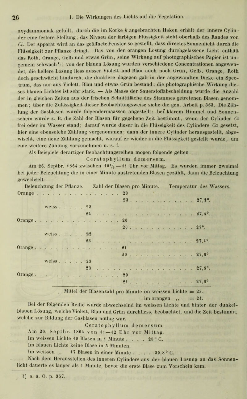oxydammoniak gefüllt; durch die im Korke k angebrachten Haken erhalt der innere Cylin- der eine festere Stellung; das Nivaeu der farbigen Flüssigkeit steht oberhalb des Randes von Ci. Der Apparat wird an das geöffnete Fenster so gestellt, dass directes Sonnenlicht durch die Flüssigkeit zur Pflanze dringt. Das von der orangen Lösung durchgelassene Licht enthält das Roth, Orange, Gelb und etwas Grün, seine Wirkung auf photographisches Papier ist un- gemein schwach1) ; von der blauen Lösung wurden verschiedene Concentrationen angewen- det, die hellere Lösung liess ausser Violett und Blau auch noch Grün, Gelb, Orange, Roth doch geschwächt hindurch, die dunklere dagegen gab in der angewandten Dicke ein Spec- trum, das nur aus Violett, Blau und etwas Grün bestand; die photographische Wirkung die- ses blauen Lichtes ist sehr stark. — Als Maass der Sauerstoffabscheidung wurde die Anzahl der in gleichen Zeiten aus der frischen Schnittfläche des Stammes getretenen Blasen genom- men; über die Zulässigkeit dieser Beobachtungsweise siehe die gen. Arbeit p. 363. Die Zäh- lung der Gasblasen wurde folgendermaassen angestellt: bef klarem Himmel und Sonnen- schein wurde z. B. die Zahl der Blasen für gegebene Zeit bestimmt , wenn der Cylinder Ci frei oder im Wasser stand; darauf wurde dieser in die Flüssigkeit des Cylinders Ca gesetzt, hier eine ebensolche Zählung vorgenommen; dann der innere Cylinder herausgestellt, abge- wischt, eine neue Zählung gemacht, worauf er wieder in die Flüssigkeit gestellt wurde, um eine weitere Zählung vorzunehmen u. s. f. Als Beispiele derartiger Beobachtungsreihen mögen folgende gelten: Ceratophyllum de mersum. Am 26. Septbr. <864 zwischen 10% — 11 Uhr vor Mittag. Es wurden immer zweimal bei jeder Beleuchtung die in einer Minute austretenden Blasen gezählt, dann die Beleuchtung gewechselt: Beleuchtung der Pflanze. Zahl der Blasen pro Minute. Temperatur des Wassers. Orange 23 23 27,2°. Orange Orange Orange weiss 23 24 20 20 weiss 22 23 2t 20 weiss 23 23 20 2t 27,4°. 27°. 27,4°. 27,6°. 27,8°. 27,6°. Mittel der Blasenzahl pro Minute im weissen Lichte = 23. im orangen ,, = 2t. Bei der folgenden Reihe wurde abwechselnd im weissen Lichte und hinter der dunkel- blauen Lösung, welche Violett, Blau und Grün durchliess, beobachtet, und die Zeit bestimmt, welche zur Bildung der Gasblasen nöthig war. Ceratophyllum de mersum. Am 26. Septbr. 1 864 von ft—12 Uhr vor Mittag. Im weissen Lichte 19 Blasen in f Minute . . . . 28 °C. Im blauen Lichte keine Blase in 5 Minuten. Im weissen ,, 17 Blasen in einer Minute .... 30,8° C. Nach dem Herausstellen des inneren Cylinders aus der blauen Lösung an das Sonnen- licht dauerte es länger als 1 Minute, bevor die erste Blase zum Vorschein kam. 1) a. a. 0. p. 357.