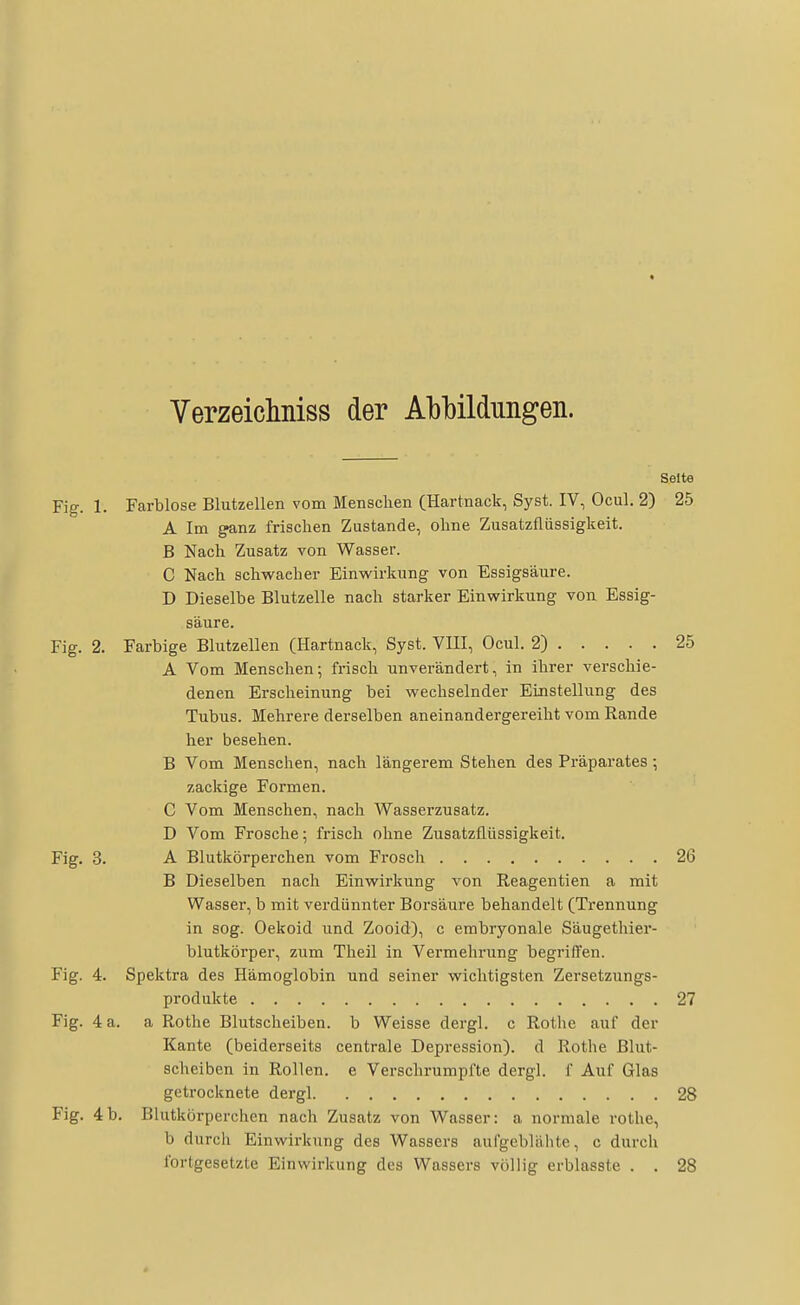 « Verzeicliniss der Abl)ildiingen. Seite Fig. 1. Farblose Blutzellen vom Menschen (Hartnack, Syst. IV, Ocul. 2) 25 A Im ^nz frischen Zustande, ohne Zusatzflüssigkeit. B Nach Zusatz von Wasser. C Nach schwacher Einwirkung von Essigsäure. D Dieselbe Blutzelle nach starker Einwirkung von Essig- säure. Fig. 2. Farbige Blutzellen (Hartnack, Syst. VIII, Ocul. 2) 25 A Vom Menschen; fi-isch unverändert, in ihrer verschie- denen Erscheinung bei wechselnder Einstellung des Tubus. Mehrere derselben aneinandergereiht vom Rande her besehen. B Vom Menschen, nach längerem Stehen des Präparates; zackige Formen. C Vom Menschen, nach Wasserzusatz. D Vom Frosche; frisch ohne Zusatzflüssigkeit. Fig. 3. A Blutkörperchen vom Frosch 26 B Dieselben nach Einwirkung von Reagentien a mit Wasser, b mit verdünnter Borsäure behandelt (Trennung in sog. Oekoid und Zooid), c embryonale Säugethier- blutkörper, zum Theil in Vermehrung begriffen. Fig. 4. Spektra des Hämoglobin und seiner wichtigsten Zersetzungs- produkte 27 Fig. 4 a. a Rothe Blutscheiben, b Weisse dergl. c Rothe auf der Kante (beiderseits centrale Depression), d Rothe ßlut- scheiben in Rollen, e Verschrumpfte dergl. f Auf Glas getrocknete dergl 28 Fig. 4b. Blutkörperchen nach Zusatz von Wasser: a normale rothe, b durcii Einwirkung des Wassers aufgeblähte, c durch fortgesetzte Einwirkung des Wassers völlig erblasste . . 28