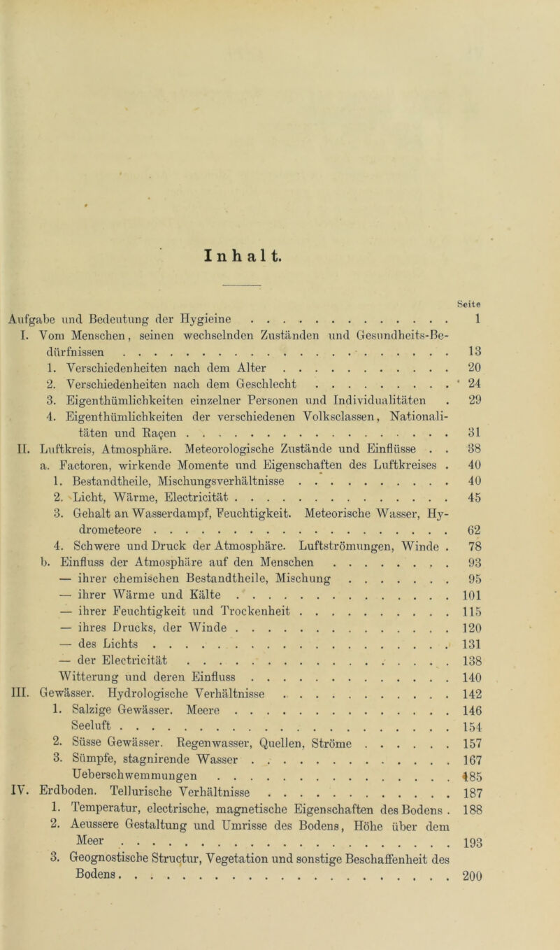 Inhalt. Aufgabe und Bedeutung der Hygieine I. Vom Menschen, seinen wechselnden Zuständen und Gesundheits-Be- dürfnissen 1. Verschiedenheiten nach dem Alter 2. Verschiedenheiten nach dem Geschlecht 3. Eigenthümlichkeiten einzelner Personen und Individualitäten 4. Eigenthümlichkeiten der verschiedenen Volksclassen, Nationali- täten und Ra^en II. Luftkreis, Atmosphäre. Meteorologische Zustände und Einflüsse . . a. Factoren, wirkende Momente und Eigenschaften des Luftkreises . 1. Bestandtheile, Mischungsverhältnisse 2. Licht, Wärme, Electricität 3. Gehalt an Wasserdampf, Feuchtigkeit. Meteorische Wasser, Hy- drometeore 4. Schwere und Druck der Atmosphäre. Luftströmungen, Winde . b. Einfluss der Atmosphäre auf den Menschen — ihrer chemischen Bestandtheile, Mischung — ihrer Wärme und Kälte — ihrer Feuchtigkeit und Trockenheit — ihres Drucks, der Winde — des Lichts — der Electricität . . . Witterung und deren Einfluss IlL Gewässer. Hydrologische Verhältnisse 1. Salzige Gewässer. Meere Seeluft 2. Süsse Gewässer. Regenwasser, Quellen, Ströme 3. Sümpfe, stagnirende Wasser Ueberschweinmungen IV. Erdboden. Tellurische Verhältnisse 1. Temperatur, electrische, magnetische Eigenschaften des Bodens. 2. Aeussere Gestaltung und Umrisse des Bodens, Höhe über dem Meer 3. Geognostische Structur, Vegetation und sonstige Beschaffenheit des Bodens Seite 1 13 20 • 24 29 31 88 40 40 45 62 78 93 95 101 115 120 131 138 140 142 146 154 157 167 485 187 188 193 200