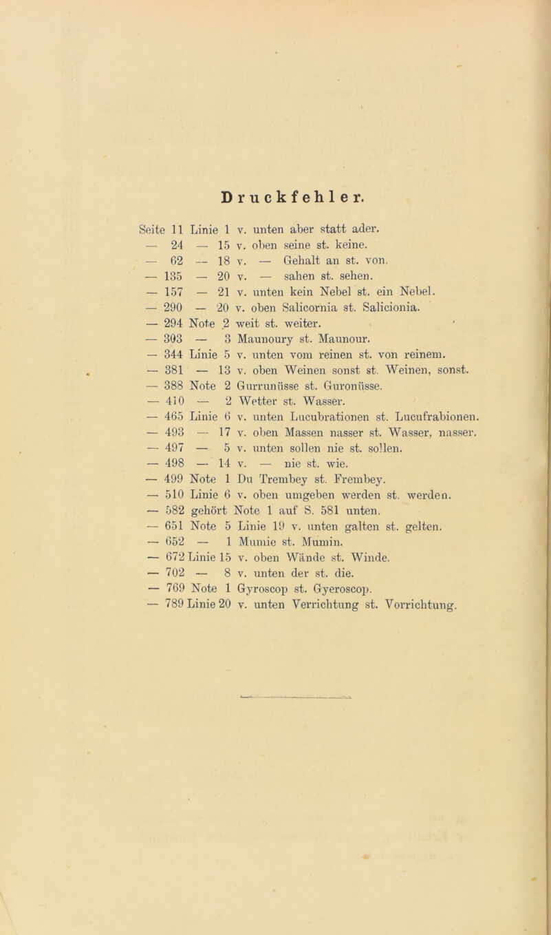 Druckfehler. Seite 11 Linie 1 v. unten aber statt ader. — 24 — 15 V. oben seine st. keine. — 62 — 18 V. — Gehalt an st. von. — 135 — 20 V. — sahen st. sehen. — 157 — 21 V. unten kein Nebel st. ein Nebel. — 290 — 20 V. oben Salicornia st. Salicionia. — 294 Note 2 weit st. weiter. — 303 — 3 Maunoury st. Maunour. — 344 Linie 5 v. unten vom reinen st. von reinem. — 381 — 13 V. oben Weinen sonst st. Weinen, sonst. — 388 Note 2 Gurrunüsse st. Guronüsse. — 4i0 — 2 Wetter st. Wasser. — 465 Linie 6 v. unten Lucubrationen st. Lucufrabionen. — 493 — 17 V. oben Massen nasser st. Wasser, nasser, — 497 — 5 V. unten sollen nie st. sollen. — 498 — 14 V. — nie st. wie. — 499 Note 1 Du Trembey st. Frembey. — 510 Linie 6 v. oben umgeben werden st. werden. — 582 gehört Note 1 auf S. 581 unten. — 651 Note 5 Linie 19 v. unten galten st. gelten. — 652 — 1 Mumie st, Mumin. — 672 Linie 15 v. oben Wände st. Winde. — 702 — 8 V. unten der st. die. — 769 Note 1 Gyroscop st. Gyeroscop. — 789 Linie 20 v. unten Verrichtung st, Vorrichtung.