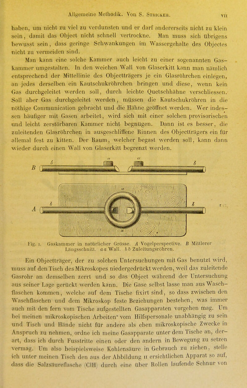 haben, um nicht zu viel zu verdunsten und er darf andererseits nicht zu klein sein, damit das Objecl nicht schnell vertrockne. Man muss sich übrigens bewusst sein, dass geringe Sch\yankungen im Wassergehalte des Objecles nicht zu vermeiden sind. Man kann eine solche Kammer auch leicht zu einer sogenannten Gas- kammer umgestalten. In den weichen Wall von Glaserkitt kann man nämlich entsprechend der Mittellinie des Objectträgers je ein Glasröhrchen einlegen, an jedes derselben ein Kautschukröhrchen bringen und diese, wenn kein Gas durchgeleitet werden soll, durch leichte Quetschhähne verschliessen. Soll aber Gas durchgeleitet werden, müssen die Kautschukröhren in die nöthige Communication gebracht und die Hähne geöffnet werden. Wer indes- sen häufiger mit Gasen arbeilet, wird sich mit einer solchen provisorischen und leicht zerstörbaren Kammer nicht begnügen. Dann ist es besser, die zuleitenden Glasröhrchen in ausgeschliffene Rinnen des Objectträgers ein für allemal fest zu kitten. Der Raum, welcher begast werden soll, kann dann wieder durch einen Wall von Glaserkitt begrenzt werden. (I et Fig. I. Gaskammer in natürlicher Grösse. A Vogelperspective. ß Mittlerer Längssctinitt. aa Wall, 6 Zuleitungsröhren. Ein Objectträger, der zu solchen Untersuchungen mit Gas benutzt wird, muss auf den Tisch desMikroskopes niedergedrückt werden, weil das zuleitende Oasrohr an demselben zerrt und so das Object während der Untersuchung aus seiner Lage gerückt werden kann. Die Gase selbst lasse man aus Wasch- flaschen kommen, welche auf dem Tische fixirt sind, so dass zwischen den Waschflaschen und dem Mikroskop feste Beziehungen bestehen, was immer auch mit den fern vom Tische aufgestellten Gasapparaten vorgehen mag. Um bei meinen mikroskopischen Arbeiten* vom Hilfspersonale unabhängig zu sein und Tisch und Hände nicht für andere als eben mikroskopische Zwecke in Anspruch zu nehmen, ordne ich meine Gasapparate unter dem Tische an, der- art, dass ich durch Fusstritte einen oder den andern in Bewegung zu setzen vermag. Um also beispielsweise Kohlensäure in Gebrauch zu ziehen, stelle ich unter meinen Tisch den aus der Abbildung ii ersichtlichen Apparat so auf, dass die SalzsUureflasche (CIH) durch eine über Rollen laufende Schnur von