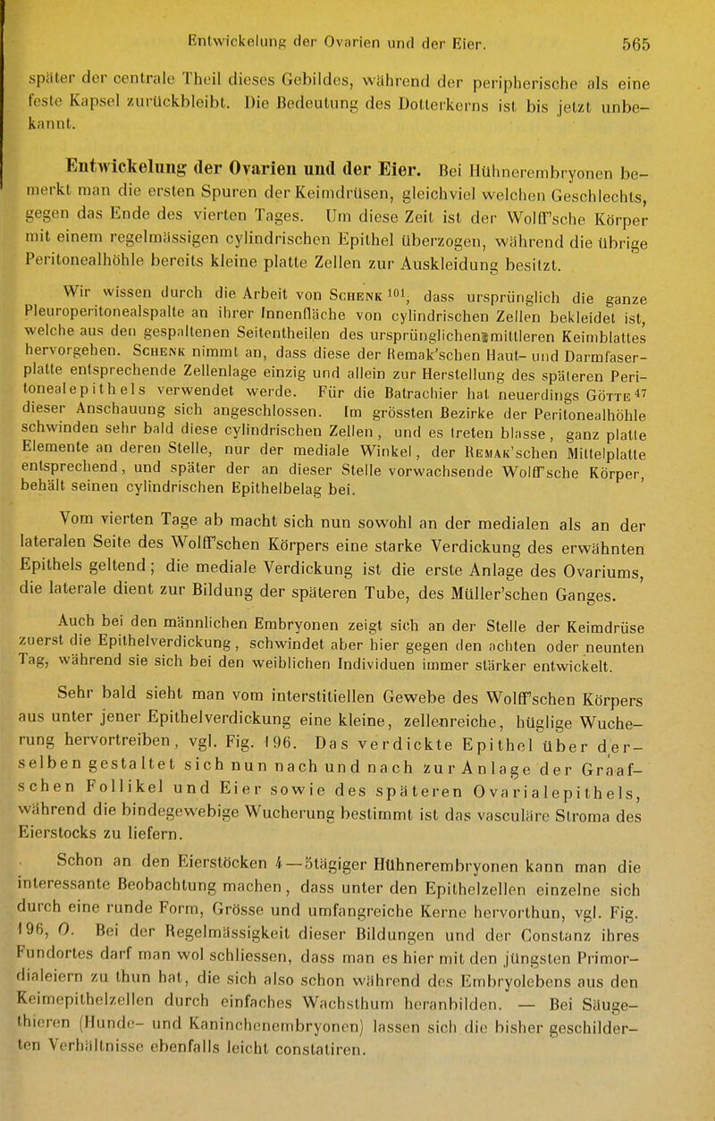 später der centrale Theil dieses Gebildes, während der peripherische als eine feste Kapsel zurückbleibt. Die Bedeutung des Dotierkerns ist bis jetzt unbe- kannt. Entwickelimg der Ovarien und der Eier. Bei Ilühnerembryonen be- merkt man die ersten Spuren der Keimdrüsen, gleichviel welchen Geschlechts, gegen das Ende des vierten Tages. Um diese Zeit ist der Wolff'sche Körper mit einem regelmässigen cylindrischen Epithel überzogen, während die übrige Peritonealhöhle bereits kleine platte Zellen zur Auskleidung besitzt. Wir wissen durch die Arbeit von Schenk loi, dass ursprünglich die ganze Pleuroperitonealspalle an ihrer Innenfläche von cyhndrischen Zeilen bekleidet ist, weiche aus den gespaltenen Seitentheilen des ursprünglichensmitlleren Keimblattes hervorgehen. Schenk nimmt an, dass diese der Remak'schen Haut- und Darmfaser- platte entsprechende Zellenlage einzig und allein zur Herstellung des späteren Peri- toneal ep ith el s verwendet werde. Für die Batrachier hat neuerdings Götte ^7 dieser Anschauung sich angeschlossen. Im grössten Bezirke der Peritonealhöhle schwinden sehr bald diese cylindrischen Zellen, und es treten blasse , ganz platte Elemente an deren Stelle, nur der mediale Winkel, der REMAK'schen Mittelplatte entsprechend, und später der an dieser Stelle vorwachsende Wolff'sche Körper, behält seinen cylindrischen Epithelbelag bei. Vom vierten Tage ab macht sich nun sowohl an der medialen als an der lateralen Seite des Wolffsehen Körpers eine starke Verdickung des erwähnten Epithels geltend; die mediale Verdickung ist die erste Anlage des Ovariums, die laterale dient zur Bildung der späteren Tube, des Müller'schen Ganges. Auch bei den männlichen Embryonen zeigt sich an der Stelle der Keimdrüse zuerst die Epilhelverdickung, schwindet aber hier gegen den achten oder neunten Tag, während sie sich bei den weiblichen Individuen immer stärker entwickelt. Sehr bald sieht man vom interstitiellen Gewebe des WolfTschen Körpers aus unter jener Epithelverdickung eine kleine, zellenreiche, hüglige Wuche- rung hervortreiben, vgl. Fig. 196. Das verdickte Epithel über der- selben gestaltet sich nun nach und nach zur Anlage der Graaf- schen Follikel und Eier sowie des späteren 0 varialepithels, während die bindegewebige Wucherung bestimmt ist das vasculäre Slroma des Eierstocks zu liefern. . Schon an den Eierstöcken 4—Stägiger Hühnerembryonen kann man die interessante Beobachtung machen, dass unter den Epithelzellen einzelne sich durch eine runde Form, Grösse und umfangreiche Kerne hervorthun, vgl. Fig. 196, 0. Bei der Regelmassigkeit dieser Bildungen und der Constanz ihres Fundortes darf man wol schliessen, dass man es hier mit den jüngsten Primor- dialeiern zu thun hat, die sich also schon während des Embryolebens aus den Keimepithelzellen durch einfaches Wachsthum heranbilden. — Bei Säuge- thiercn (Hunde- und Kaninchenembryonon) lassen sich die bisher geschilder- ten Verhältnisse ebenfalls leicht constatiren.