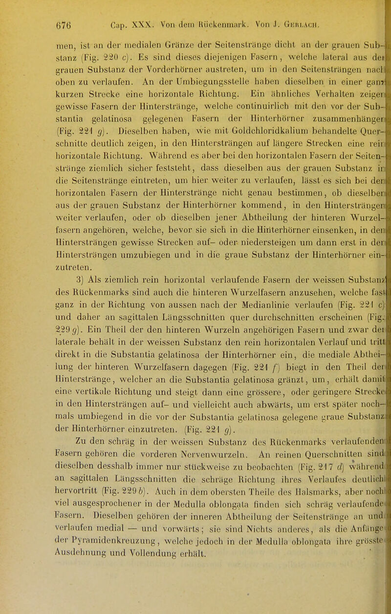 men, ist iin der medialen Gränze der Seilenslrange dicht an der grauen Sub- stanz (Fig. 220 c). Es sind dieses diejenigen Fasern, welche lateral aus de» grauen Substanz der Vorderhörner austreten, um in den Seitenslrüngen nacL oben zu verlaufen. An der Umbiegungsslelle haben dieselben in einer gen? kurzen Strecke eine horizontale Richtung. Ein ähnliches Verhalten zeiger gewisse Fasern der Hinterstränge, welche continuirlich mit den vor der Sub- stantia gelatinosa gelegenen Fasern der llinterhörner zusammenhänger (Fig. 221 g). Dieselben haben, wie mit Goldchloridkaliuni behandelte Quer- schnitte deutlich zeigen, in den Hintersträngen auf längere Strecken eine reir horizontale Richtung. Während es aber bei den horizontalen Fasern der Seiten- stränge ziemlich sicher feststeht, dass dieselben aus der grauen Substanz ir die Seitenstränge eintreten, um hier weiter zu verlaufen, lässt es sich bei den horizontalen Fasern der Hinterstränge nicht genau bestimmen, ob dieselben aus der grauen Substanz der Hinterhörner kommend, in den Hintersträngen weiter verlaufen, oder ob dieselben jener Abtheilung der hinteren Wurzel- fasern angehören, welche, bevor sie sich in die Hinterhörner einsenken, in den Hintersträngen gewisse Strecken auf- oder niedersteigen um dann erst in den Hintersträngen umzubiegen und in die graue Substanz der Hinterhörner ein- zutreten. 3) Als ziemlich rein horizontal verlaufende Fasern der weissen Substanz des Rückenmarks sind auch die hinteren Wurzelfasern anzusehen, welche fast ganz in der Richtung von aussen nach der Medianlinie verlaufen (Fig. 221 c) und daher an sagittalen Längsschnitten quer durchschnitten erscheinen (Fig.; 229 5). Ein Theil der den hinteren Wurzeln angehörigen Fasern und zwar der laterale behält in der weissen Substanz den rein horizontalen Verlauf und tritt direkt in die Substantia gelatinosa der Hinterhörner ein, die mediale Abthei- lung der hinteren Wurzelfasern dagegen (Fig. 221 f) biegt in den Theil der Hinterstränge, welcher an die Substantia gelatinosa gränzt, um, erhält damili eine vertikale Richtung und steigt dann eine grössere, oder geringere Strecke in den Hinlersträngen auf- und vielleicht auch abwärts, um erst später noch- mals umbiegend in die vor der Substantia gelatinosa gelegene graue Substanz der Hinterhörner einzutreten. (Fig. 221 g). Zu den schräg in der weissen Substanz des Rückenmarks verlaufendem Fasern gehören die vorderen Ncrvenvvurzeln. An reinen Querschnitten sindi dieselben desshalb immer nur stückweise zu beobachten (Fig. 217 (/) währendi an sagittalen Längsschnitten die schräge Richtung ihres Verlaufes deutlichl hervortritt (Fig. 229 6). Auch in dem obersten Theile des Halsmarks, aber nochl viel ausgesprochener in der Medulla oblongata finden sich schräg verlaufende. Fasern. Dieselben gehören der inneren Abtheilung der Seitenstränge an undi verlaufen medial — und vorwärts; sie sind Nichts anderes, als die Anfänge, der Pyramidenkreuzung, welche jedoch in der Medulla oblongata ihre grösste^ Ausdehnung und Vollendung erhalt.