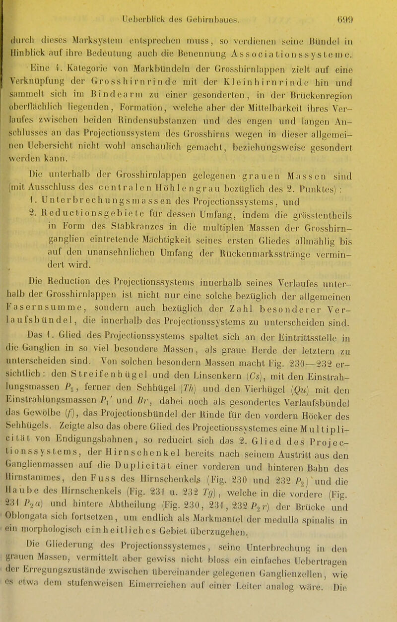 Uohorbliok dos GehirnbaueK. durch dieses Miirksysleni oiUspreclicn imiss, so vcrdionoii sciiu; JUliidol in Hinblick auf ihre Bedeuluiig auch die Bonennung Associa lioussysLoiiio. Eine i. Kategorie von Markbündeln der Grosshirnlappen zielt auf eine Verknüpfung der Gross hi rn ri n de mit der Kl e in h i rn r i n d (> hin und sammelt sich im Bindearm zu einer gesonderten, in der BrUckenregion oberilachlich liegenden, Formation, welche aber der Mitlelbarkeit ihres Ver- laufes zwischen beiden Bindensubstanzen und des engen und langen An- schlusses an das Projeclionssystem des Grosshirns wegen in dieser allgemei- nen Uebersicht nicht wohl anschaulich gemacht, beziehungsweise gesondert werden kann. Die unterhalb der Grosshirnlappen gelegenen grauen Massen sind mit Ausschluss des centralen llöhlengrau bezüglich des 2. Punktes) : 1. U n le r b r e c h u n g s m a s s en des Projeclionssystems , und 2. Beductionsgebiete für dessen Umfang, indem die grösstentheils in Form des Stabkranzes in die multiplen Massen der Grosshirn- ganglien eintretende Mächtigkeil seines ersten Gliedes allmählig bis auf den unansehnlichen Umfang der Rückenmarksstränge vermin- dert wird. Die Reduction des Projeclionssystems innerhalb seines Verlaufes unter- halb der Grosshirnlappen ist nicht nur eine solche bezüglich der allgemeinen Fasern summe, sondern auch bezüglich der Zahl besonderer Ver- laufsbündel, die innerhalb des Projeclionssystems zu unterscheiden sind. Das 1. Glied des Projeclionssystems spaltet sich an der Einlriltsstelle in die Ganglien in so viel besondere Massen, als graue Herde dej- letztem zu unterscheiden sind. Von solchen besondern Massen macht Fig. 230—232 er- sichtlich : den Streifenhügel und den Linsenkern [Cs], mit den Einstrah- lungsmassen Pi, ferner den Sehhügel (Th) und den Vierhügel [Qu) mit den Einstrahlungsmassen P/ und Br, dabei noch als gesondertes Verlaufsbündel das Gewölbe (/), das Projectionsbündel der Rinde für den vordem Höcker des Sehhügels. Zeigte also das obere Glied des Prqjectionssyslemes eine Mullipli- citäl von Endigungsbahnen, so reducirl sich das 2. Glied des Projec- lionssystems, der Hirnschenkel bereits nach seinem Austritt aus den Ganglienmassen auf die Duplicilat einer vorderen und hinteren Bahn des Hirnstammes, den Fuss des Hirnschenkel^ (Fig. 230 und 232 P,) und die Haube des Hirnschenkels (Fig. 231 u. 232 Tcj), welche in die vordere (Fig. 231 l\a) und hintere Abtheilung (Fig. 230, 231, 232 P^r) der Brücke und Oblongata sich fortsetzen, um endlich als Markmantel der mcduUa spinalis in ein morphologisch einheitliches Gebiet Uberzugehen. Die Gliederung des Projectionssystemes, seine Unterbrechung in den grauen Massen, vermittelt aber gewiss nicht bloss ein einfaches Uebertragon der Erregung.szuslände zwischen übereinander gelegenen Ganglienzollen, wie OS etwa dem stufenweisen Eimerreichen auf einer Leiter analog wäre. Die