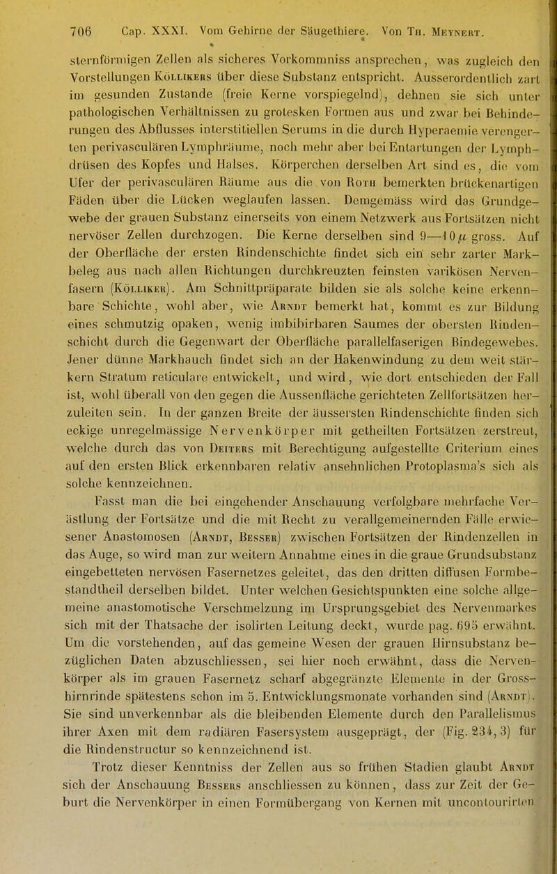 » sternfömiigen Zellen als sicheres Vorkommniss ansprechen, was zugleich den Vorstellungen Köllikers über diese Substanz entspricht. Ausserordentlich zart im gesunden Zustande (freie Kerne vorspiegelnd), dehnen sie sich unter pathologischen Verhaltnissen zu grotesken Formen aus und zwar bei Behinde- rungen des Abflusses interstitiellen Serums in die durch liyperaemie verenger- ten perivasculären Lymphräunie, noch mehr aber bei Entartungen der Lymph- drüsen des Kopfes und Halses. Körperchen derselben Art sind es, die vom Ufer der perivasculären Räume aus die von Rom bemerkten brückenartigen Fäden über die Lücken weglaufen lassen. Demgemäss wird das Grundge- webe der grauen Substanz einerseits von einem Netzwerk aus Forlsätzen nicht nervöser Zellen durchzogen. Die Kerne derselben sind 9—IO|tt gross. Auf der Oberfläche der ersten Rindenschichte findet sich ein sehr zarter Mark- beleg aus nach allen Richtungen durchkreuzten feinsten varikösen Nerven- fasern (KöLLiKiäu). Am Schnittpräparate bilden sie als solche keine erkenn- bare Schichte, wohl aber, wie Arndt bemerkt hat, kommt es zur Bildung eines schmutzig opaken, wenig imbibirbaren Saumes der obersten Rinden- schicht durch die Gegenwart der Oberfläche parallelfaserigen Bindegewebes. Jener dünne Markhauch findet sich an der Hakenwindung zu dem weit stäi- kern Stratum reticulare entwickelt, und wird, wie dort entschieden der Fall ist, wohl überall von den gegen die Aussenfläche gerichteten Zellfortsätzen her- zuleiten sein. In der ganzen Breite der äussersten Rindenschichte finden sich eckige unregelmässige Nervenkörper mit getheilten Fortsätzen zerstreut, w'elche durch das von Deiters mit Berechtigung aufgestellte Criterium eines auf den ersten Blick erkennbaren relativ ansehnlichen Protoplasma's sich als solche kennzeichnen. Fasst man die bei eingehender Anschauung verfolgbare mehi-fache Ver- ästlung der Fortsätze und die mit Recht zu verallgemeinernden Fälle erwie- sener Anastomosen (Arnbt, Resser) zwischen Fortsätzen der Rindenzellen in das Auge, so wird man zur weitern Annahme eines in die graue Grundsubstanz eingebetteten nervösen Fasernetzes geleitet, das den dritten diffusen Formbe- standtheil derselben bildet. Unter welchen Gesichtspunkten eine solche allge- meine anastomotische Verschmelzung im Ursprungsgebiet des Nervenmarkes sich mit der Thatsache der isolirten Leitung deckt, wurde pag. 695 erwähnt. Um die vorstehenden, auf das gemeine Wesen der grauen Hirnsubstanz be- züglichen Daten abzuschliessen, sei hier noch erwähnt, dass die Nerven- körper als im grauen Fasernetz scharf abgegränzle Elemente in der Gross- hirnrinde spätestens schon im 5. Entwicklungsmonate vorhanden sind (Arndt . Sie sind unverkennbar als die bleibenden Elemente durch den Parallelismus ihrer Axen mit dem radiären Fasersystem ausgeprägt, der (Fig. 234, 3) für die Rindenstructur so kennzeichnend ist. Trotz dieser Kenntniss der Zellen aus so frühen Stadien glaubt Arndt sich der Anschauung Ressers anschliessen zu können, dass zur Zeil der Ge- burt die Nervenkörper in einen Formübergang von Kernen mit uncontourirten