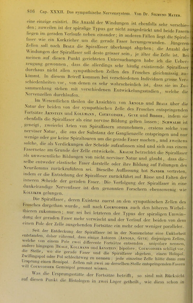 eine einzige existirt. Die Anzahl der Windungen ist ebenfalls sehr verschie den; zuweden ist der spiralige Typus gor nicht au.sgedrUckl und beide Fasern hegen im geraden Verlaufe neben einander; in anderen FHllen licet die Sniril- Inser wie ein Korkzieher u.n die gerade Faser horumgewunde'n. .lungeren Zellen soll nach BEAr.E die Spiralfaser überhaupt abgehen; die Anzahl der VVuulungen der Spiralfaser soll desto grösser sein, je älter die Zelle ist Bei meinen auf diesen Punkt gerichteten Untersuchungen habe ich die U(>ber- migung gewonnen, dass die allerdings sehr häufig existirende Spiralfaser durchaus nicht allen sympathischen Zellen des Frosches gleichmässig zu- kommt. In diesem Betretf kommen bei verschiedenen Individuen grosse Ver- schiedenheiten vor, von denen es sehr wahrscheinlich ist, dass 'sie im Zu- s^immenhang stehen mit verschiedenen Entwickelungsstadien, welche die Nervenzellen durchlaufen. Im Wesentlichen theilen die Ansichten von Arxold und Be.i.k über die Natur der beiden von der sympathischen Zelle des Frosches entspringenden Fortsätze Wki. und KotLMANN, Coürvoisikk, G.vk und Biddeu , indem sie ebenfalls die Spiralfaser als eine nervöse Bildung gelten lassen; Scbw.lbe ist , geneigt, zweierlei Arten von Spiralfasern anzunehmen, erstens solche von nervöser Natur, die aus der Substanz der Ganglienzelle entspringen und nur wenige oder gar keine Spiraltouren um die gerade Faser machen , u^d zweitens solche, die als Verdickungen der Scheide aufzufassen sind und sich aus einem Fnsernelze am Grunde der Zelle entwickeln. Kuacse betrachtet die Spiralfaser nis unwesentliche Bildungen von nicht nervöser Natur und glaubt, dass die- selbe entweder elastische Faser darstelle oder ihre Bildung auf Fallungen des Neurilemms zurückzuführen sei. Dieselbe Auffassung hat Sani,er vertreten, mdem er die Entstehung der Spiralfaser zurückführt auf Risse und Falten der ...neren Scheide der geraden Faser. Die- Verfolgung der Spiralfaser in eine dunkelrandige Nervenfaser ist den genannten Forschern ebensowenig wie KöLLiKER gelungen. Die Spiralfaser, deren Existenz zuerst an den sympathischen Zellen des H-osches dargelhan wurde, soll nach Courvo.sier auch den höheren Wirbel- Ihieren zukommen; nur sei bei letzteren der Typus der spiraligen ümwin- dung der geraden Faser mehr verwischt und der Verlauf der beiden von dem einen Pole der Zelle ausgehenden Forlsätze ein mehr oder weniger paralleler. '^^'i f^''^^^'? f'e'- Spi'-allaser ist in der Non.enclalur eine Unklarheit entstanden, daher r.il.rend, dass einige Auloron (Aunolo, Guve) diejenigen Zellen, welche von emem Pole zwei differenle Fortsätze entsenden, unipola,; nennen, andere hingegen (Beai.e, Koli,mann und AnNSTEiN) bipolare; Couiuoisier schlägt vor. die bleue wo die gerade Faser und die Spirallaser abgehen, einen Ilolopol. /wlhngspol oder Pol schlechtweg zu nennen ; jede ein/eine Zelle hätte dann zun, Ursprung einen Heinipol. Zellen mit zwei an derselben Siello enlspringen.len Fasern Mdl CouHvoi.siEH Gemiilipol genannl wi.sseii. ^ Was die Ursprungsslätte der Fortsätze betriHt, so sind mit Rücksicht auf diesen Punkt die llislologen in zwei Lager getheilt, wie diess schon in