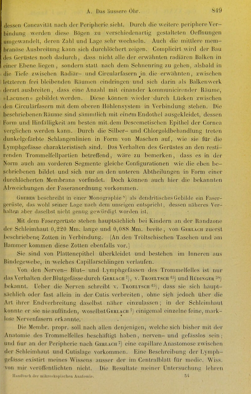 dessen Concaviliit nach der Peripherie sieht. Durch die weitere periphere Ver- bindung werden diese IJöi^en zu verschiedenartig gestalteten Oenhungen , umgewandelt, deren Zahl und Lage sehr wechseln. Auch die mittlere nieni- hranöse yVusbreitung kann sich durchlöchei't zeigen. Coniplicirt wii'd dw Bau des Gerüstes noch dadurch, dass nicht alle dei- erwähnten radiäriMi Balken in einer Khene liegen , sondern statt nach dein Sehnenring zu gehen, alsbald in I die Tiefe zwischen Hadiiir- und Circularl'asern Jn die erwähnten, zwischen I letzleren frei bleibenden Räumen eindringen und sich darin als Balkenwerk ( derart ausbreiten , dass eine Anzahl mit einander kommuniciren(1er Räume, »bacuncn« gebildet werden. Diese können wieder durch Lücken zwischen 1 den Circulärfasern mit dem oberen Ilöhlensystem in Verbindung stehen. Die beschriebenen Räume sind sämmilich mit einem Endothel ausgekleidet, dessen ' Form und Hinfälligkeit am besten mit dem Descemetischen Epithel der Cornea verglichen werden kann. Durch die Silber- und Chlorgoldbehandlung treten dunkelgefärble Schlangenlinien in Form von Maschen auf, wie sie für die Lymphgefässe charakteristisch sind. Das Verhalten des Gerüstes an den resti- renden Trommelfellpartien betreibend, wäre zu bemerken, dass es in der Norm auch am vorderen Segmente gleiche Configurationen wie die eben be- schriebenen bildet und sich nur an den unteren Abtheilungen in Form einer durchlöcherten Membrana vorfindet. Doch können auch hier die bekannten Abweichungen der Faseranordnung vorkommen. GiiuBER beschreibt in einer Monographie als dendrilisclies Gebilde ein Fascr- yeriisle, das wohl seiner Lage nach dem unsrigen enlspricbl, dessen nälieres Ver- lialteji aber daselbst nicht genug gewürdigt worden ist. Mit dem Fasergerüste stehen hauptsächlich bei Kindern an der Randzone der Schleimhaut 0,220 Mm. lange und 0,088 Mm. breite, von Gerlach zuerst beschriebenq Zotten in Verbindung. (An den Tröltschischen Taschen und am Hammer koramcn diese Zotten ebenfalls vor.) Sie sind von Plattenepithel überkleidet und bestehen im Inneren aus Bindegewebe, in welches Capillarschlingen verlaufen. Von den Nerven- Blut- und Lymphgefässen des Trommelfelles ist nur das Verhalten der Blutgefässe durch Gkrlacii^), v. TROi!LTscn45| und RiinrNCEii ^^^s) bekannt, lieber die Nerven schreibt v. Troeltsch''^), dass sie sich haujit- sächlich oder fast allein in der Cutis verbreiten, ohne sich jedoch über die Art ihrer Endverbreitung daselbst näher einzulassen; in der Schleimhaut konnte er sie nie auflinden, woselbslGERLACii einigemal einzelne feine, mark- lo.se Nervenfasern erkannte. Die Membr. propr. soll nach allen denjenigen, welche sich bisher mit der Anatomie des Trommelfelles beschäftigt haben, nerven-und gefässlos sein; und nur an der Peripherie nach Geri.acii eine capillare Anastomose zwischen der Schleimhaut und Cutislage vorkommen. Eine Beschreibung der Lymph- gefäs.se existirt meines Wissens ausser der im Cenlralblatt für m(>die. Wiss. von mir verodentlichten nicht. Di(! Resultate meiner Untersuchung l(>hren Iliuullmrh <|pr mikroskopisclipn Anatomie. R't