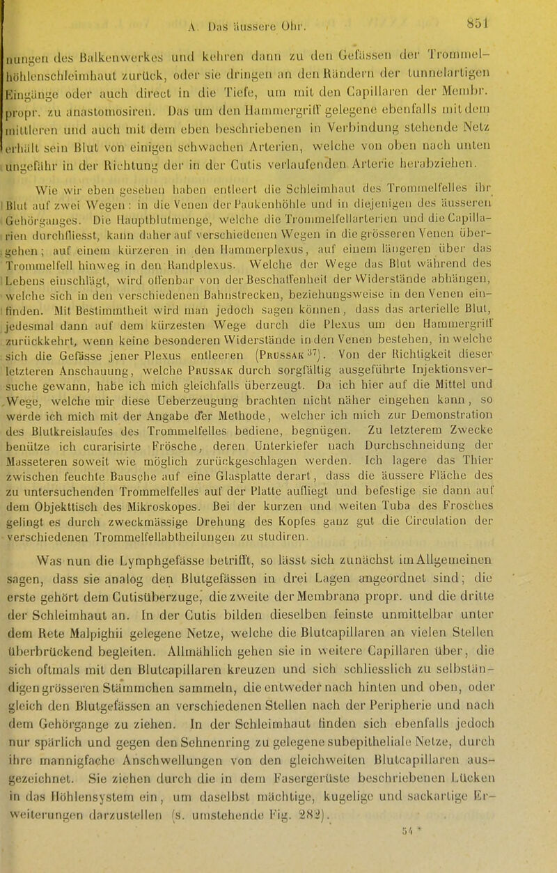 Illingen des Balkenwerkes und kehren dann zu den Gelassen der Trommel- höldenschleindiaul zurück, oder sie drinj^en an den Rändern der lunnelarligen Hingänge oder auch direcl in die Tiefe, um mit den Capillaren der Mend)r. propr. zu anasloniosiren. Das um den IlammergriH gelegene ebenlails mildoni initiieren und auch mit dem eben beschriebenen in Verbindung stehende Netz erliält sein Blut von einigen schwachen Arterien, weiche von oben nach unten iungefähr in der Richtung der in der Cutis verlaufenden Arterie herabziehen. Wie wir eben gesellen haben entleert die Schleimhaut des Trommelfelles ihr Ißliit auf zwei Wegen: in die Venen der Paukenhöhle und in diejenigen des äusseren I Gehürganges. Die Haiii)tbUitinenge, welche die Troinmellcllarterien und die Capilla- rien durchlliesst, kann daher auf verschiedenen Wegen in die grösseren Venen über- .gehen; auf einem kürzeren in den Hammerplexus, auf einem längeren über das Trommelfell hinweg in den Randplexus. Welche der Wege das Blut während des I Lebens einschlägt, wird odenbar von der Beschall'enheit der Widerslände abhängen, welche sich in den verschiedenen Bahnstrecken, beziehungsweise in den Venen ein- I finden. 31it Bestimmtheit wird man jedoch sagen können, dass das arterielle Blut, jedesmal dann auf dem kürzesten Wege durch die Plexus um den Hammergrill zurückkehrt, wenn keine besonderen Widerstände in den Venen bestehen, in welche isich die Gelasse jener Plexus entleeren (Prussak . Von der Kichligkeil dieser letzteren Anschauung, welche Prussak durch sorgfältig ausgeführte Injeklionsver- suche gewann, habe ich mich gleichfalls überzeugt. Da ich hier auf die Mittel und ,Wege, welche mir diese üeberzeugung brachten nicht näher eingeben kann, so werde ich mich mit der Angabe d*er Methode, welcher ich mich zur Demonstration des Blutkreislaufes des Trommelfelles bediene, begnügen. Zu letzterem Zwecke benutze ich curarisirte Frösche, deren Unterkiefer nach Durchschneidung der Massetereu soweit wie möglich zurückgeschlagen werden. Ich lagere das Thier zwischen feuchte Bausche auf eine Glasplatte derart, dass die äussere Fläche des zu untersuchenden Trommelfelles auf der Platte aufliegt und befestige sie dann auf dem Objekttisch des Mikroskopes. Bei der kurzen und weiten Tuba des Frosches gelingt es durch zweckmässige Drehung des Kopfes ganz gut die Circulation der verschiedenen Trommelfellabtheilungen zu studiren. Was nun die Lymphgetasse betrilft, so lässt sich zunächst im Allgemeinen sagen, dass sie analog den Blutgefässen in drei Lagen angeordnet sind; die erste gehört dem Cutisüberzuge, diezvs'eite der Membrana propr. und die dritte der Schleimhaut an. In der Cutis bilden dieselben feinste unmittelbar unter dem Rete Malpighii gelegene Netze, welche die Blutcapillaren an vielen Stellen überbrückend begleiten. Allmählich gehen sie in weitere Capillaren über, die sich oftmals mit den Blutcapillaren kreuzen und sich schliesslich zu selbstän- digen grösseren Stämmchen sammeln, die entweder nach hinten und oben, oder gleich den Blutgefässen an verschiedenen Stellen nach der Peripherie und nach dem Gehörgange zu ziehen. In der Schleimhaut linden sich ebenfalls jedoch nur spärlich und gegen den Sehnenring zu gelegene subepitheliale Netze, durch ihre mannigfache Anschwellungen von den gleichweiten Blutcapillaren aus- gezeichnet. Sie ziehen durch die in dem Fasergcrtlste beschriebenen Lücken in das Höhlensystem ein, um daselbst mächtige, kugelige und sackartige Er- weiterungen darzustellen (s. umstehende Fig. 'iH'i). 5A •