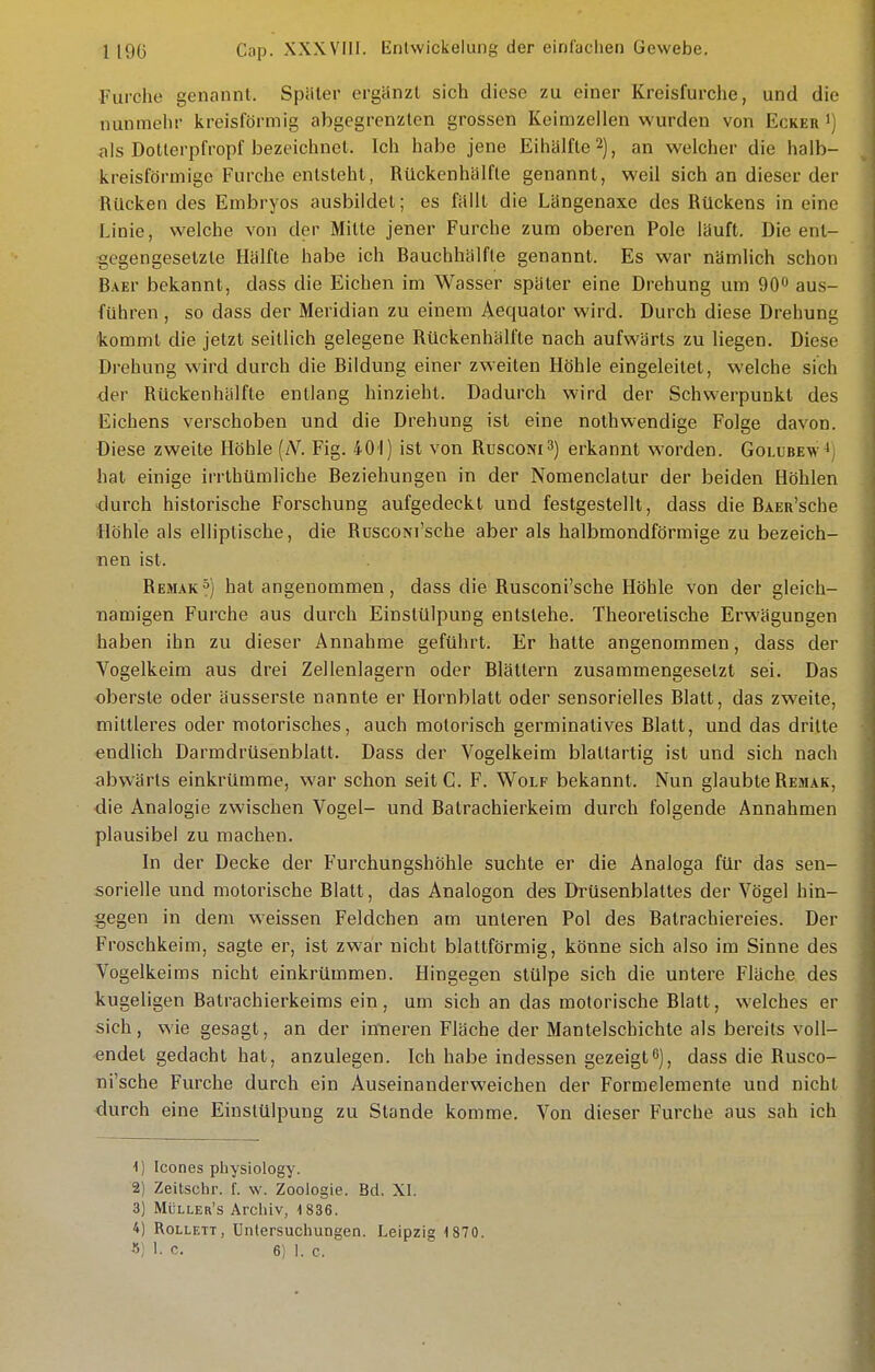 Furche genannt. Später ergänzt sich diese zu einer Kreisfurche, und die nunmehr kreisförmig abgegrenzten grossen Keimzellen wurden von Ecker 'j <nls Dotterpfropf bezeichnet. Ich habe jene Eihälfte^), an welcher die halb- kreisförmige Furche entsteht, RUckenhälfte genannt, weil sich an dieser der Rücken des Embryos ausbildet; es fällt die Längenaxe des Rückens in eine Linie, welche von der Milte jener Furche zum oberen Pole läuft. Die ent- gegengesetzte Hälfte habe ich Bauchhälfte genannt. Es war nämlich schon BAEr bekannt, dass die Eichen im Wasser später eine Drehung um 90 aus- führen , so dass der Meridian zu einem Aequator wird. Durch diese Drehung kommt die jetzt seillich gelegene Rückenhälfle nach aufwärts zu liegen. Diese Drehung wird durch die Bildung einer zweiten Höhle eingeleitet, welche sich der Rückenhälfte entlang hinzieht. Dadurch wird der Schwerpunkt des Eichens verschoben und die Drehung ist eine nothwendige Folge davon. Diese zweite Höhle (iV. Fig. 401) ist von Rusconi^) erkannt worden. Golubew^ hat einige irrthümliche Beziehungen in der Nomenclalur der beiden Höhlen durch historische Forschung aufgedeckt und festgestellt, dass die BxER'sche Höhle als elliptische, die RuscoNi'sche aber als halbmondförmige zu bezeich- nen ist. Remak^) hat angenommen, dass die Rusconi'sche Höhle von der gleich- namigen Furche aus durch Einstülpung entstehe. Theoretische Erwägungen haben ihn zu dieser Annahme geführt. Er hatte angenommen, dass der Vogelkeira aus drei Zellenlagern oder Blättern zusammengesetzt sei. Das oberste oder äussersle nannte er Hornblatt oder sensorielles Blatt, das zweite, mittleres oder niotorisches, auch motorisch germinalives Blatt, und das dritte endlich Darmdrüsenblatt. Dass der Vogelkeim blaltartig ist und sich nach abwärts einkrümme, w^ar schon seitC. F. Wolf bekannt. Nun glaubte Remak, die Analogie zwischen Vogel- und Batrachierkeim durch folgende Annahmen plausibel zu machen. In der Decke der Furchungshöhle suchte er die Analoga für das sen- sorielle und motoi'ische Blatt, das Analogen des Drüsenblattes der Vögel hin- gegen in dem weissen Feldchen am unleren Pol des Batrachiereies. Der Froschkeim, sagte er, ist zwar nicht blattförmig, könne sich also im Sinne des Vogelkeims nicht einkrümmen. Hingegen stülpe sich die untere Fläche des kugeligen Batrachierkeims ein, um sich an das motorische Blatt, welches er sich, wie gesagt, an der inneren Fläche der Mantelschichte als bereits voll- endet gedacht hat, anzulegen. Ich habe indessen gezeigt6), dass die Rusco- ni'sche Furche durch ein Auseinanderweichen der Formelemente und nicht durch eine Einstülpung zu Stande komme. Von dieser Furche aus sah ich 1) Icones physiology. 2) Zeitschr. f. w. Zoologie. Bd. XI. 3) Mlller's Archiv, ■1836. 4) RoLLETT, Untersuchungen. Leipzig 1870. «) L c. 6) ]. c.