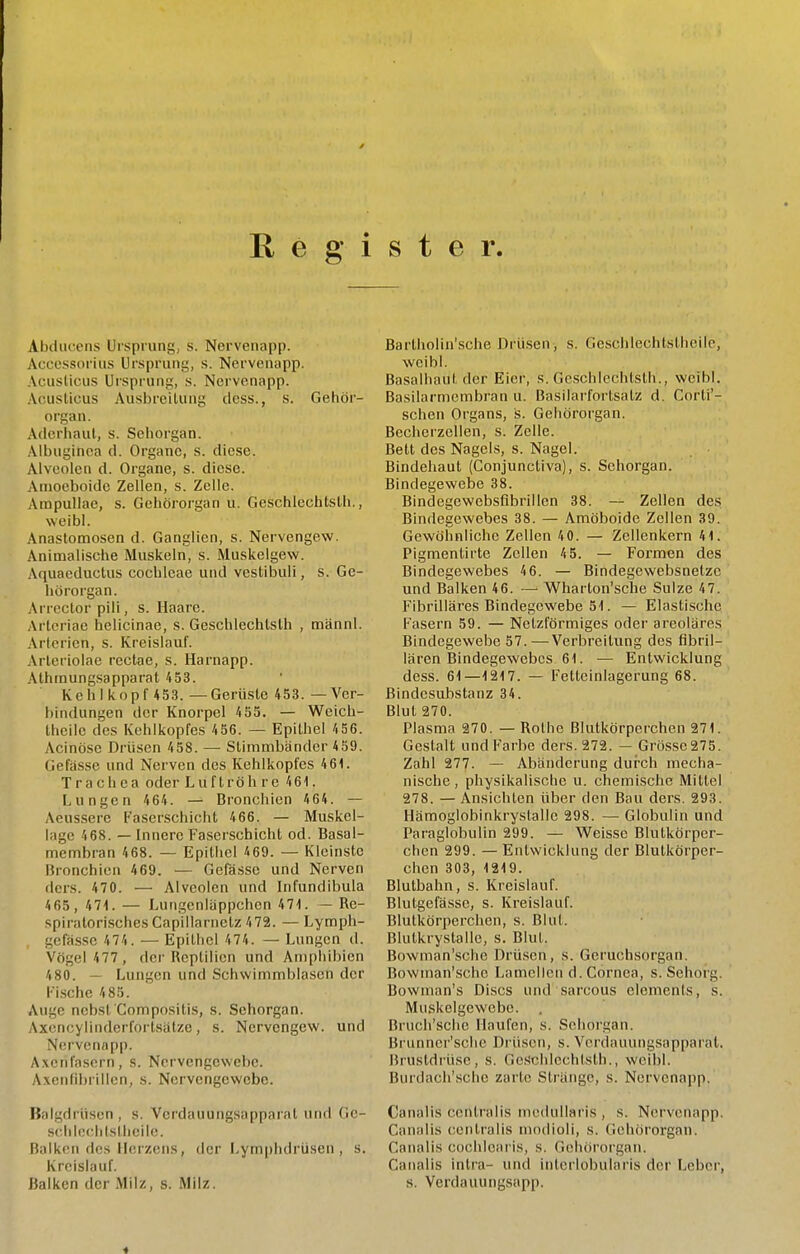 Register. AbdiK-ens Ursprung, s. Nervenapp. Accessoriiis Ursprung, s. Nervenapp. Acuslicus Ursprung, s. Nervenapp. Acustious Ausbreitung dcss., s. Gehör- organ. Aderhaut, s. Seliorgan. Albuginca d. Organe, s. diese. Alveolen d. Organe, s. diese. Amoeboide Zellen, s. Zelle. AmpuUae, s. Gehörorgan u. Geschlechtslh., weibl. Anastomosen d. Ganglien, s. Nervengew. Animalische Muskeln, s. Muskelgew. Aquaeductus Cochleae und vestibuli, s. Ge- hörorgan. Arrector pili, s. Haare. Artcriae helicinae, s. Geschlechtslh , männl. Arterien, s. Kreislauf. Arteriolae rectae, s. Harnapp. Athmungsapparat 453. Kehl köpf 453. — Gerüste 453. — Ver- bindungen der Knorpel 455. — Weich- theile des Kehlkopfes 456. — Epithel 456. Acinöse Drüsen 458. — Stimmbänder 4 59. Gefässc und Nerven des Kehlkopfes 461. Trachea oder Luftröhre 461. Lungen 464. — Bronchien 464. — Aeussere Faserschicht 466. — Muskcl- lage 468. — Innere Faserschicht od. Basal- membran 468. — Epithel 469. — Kleinste Bronchien 469. — Gefässc und Nerven ders. 470. — Alveolen und Infundibula 465, 471. — Lungenläppchen 471. — Re- spiratorisches Capiilarnetz 472. — Lymph- gcfässe 474. — Epithel 474. — Lungen d. Vögel 477 , der Reptilien und Amphibien 480. — Lungen und Schwimmblasen der Fische 485. Auge nebst Compositis, s. Sehorgan. Axencylinderfortsätze, s. Nervongew. und Nervenapp. Axcnfasorn, s. Nervengewebe. Axcnlibrillen, s. Nervengewebe. Balgdriisen , s. Verdauungsapparat und Ge- schlechtstheile. Balken des Herzens, der Lymphdrüsen , s. Kreislauf. Balken der Milz, s. Milz. Bartholin'sche Drüsen, s. Geschlechtslbeile, weibl. Basalhaul der Eier, s. Gcschlechtsth., weibl. Basilarmembran u. Basilarfortsatz d. Corti'- schen Organs, s. Gehörorgan. Becherzellen, s. Zelle. Bett des Nagels, s. Nagel. Bindehaut (Conjunctiva), s. Sehorgan. Bindegewebe 38. Bindegewebsfibrillen 38. — Zellen des Bindegewebes 38. — Amöboide Zellen 39. Gewöhnliche Zellen 40. — Zellenkern 41. Pigmentirte Zellen 45. — Formen des Bindegewebes 46. — Bindegewebsnelze und Balken 46. — Wharlon'sche Sülze 47. Fibrilläres Bindegewebe 51. — Elastische Fasern 59. — Netzförmiges oder areoläres Bindegewebe 57.—Verbreitung des fibril- lären Bindegewebes 61. — Entwicklung dess. 61—1217. — Fetteinlagerung 68. Bindesubstanz 34. Blut 270. Plasma 270. — Rothe Blutkörperchen 271. Gestalt und Farbe ders. 272. — Grösse275. Zahl 277. — Abänderung durch mecha- nische, physikalische u. chemische Mittel 278. — Ansichten über den Bau ders. 293. Hämoglobinkrystalle 298. — Globulin und Paraglobulin 299. — Weisse Blutkörper- chen 299. — Entwicklung der Blutkörper- chen 303, 1219. Blutbahn, s. Kreislauf. Blutgefässe, s. Kreislauf. Blutkörperchen, s. Blut. Blulkrystalle, s. Blut. Bowman'sche Drüsen, s. Geruchsorgan. Bowman'sche Lamellen d. Cornea, s. Sehorg. Bowman's Discs und sarcous Clements, s. Muskelgewebe. Bruch'sche Haufen, s. Sehorgan. Brunncr'sche Di'üsen, s. Vcrdauungsapparal. Biustdiüsc, s. Ge.schlechtsth., weibl. Burdach'.scho zarte Stränge, s. Nervenapp. Canalis centi'alis mcdullaris , s. Nervenapp. Canalis centralis niodioli, s. Gehörorgan. CaiuUis cochlearis, s. Gehörorgan. Canalis intra- und intcriobularis der Leber, s. Verdauungsapp.