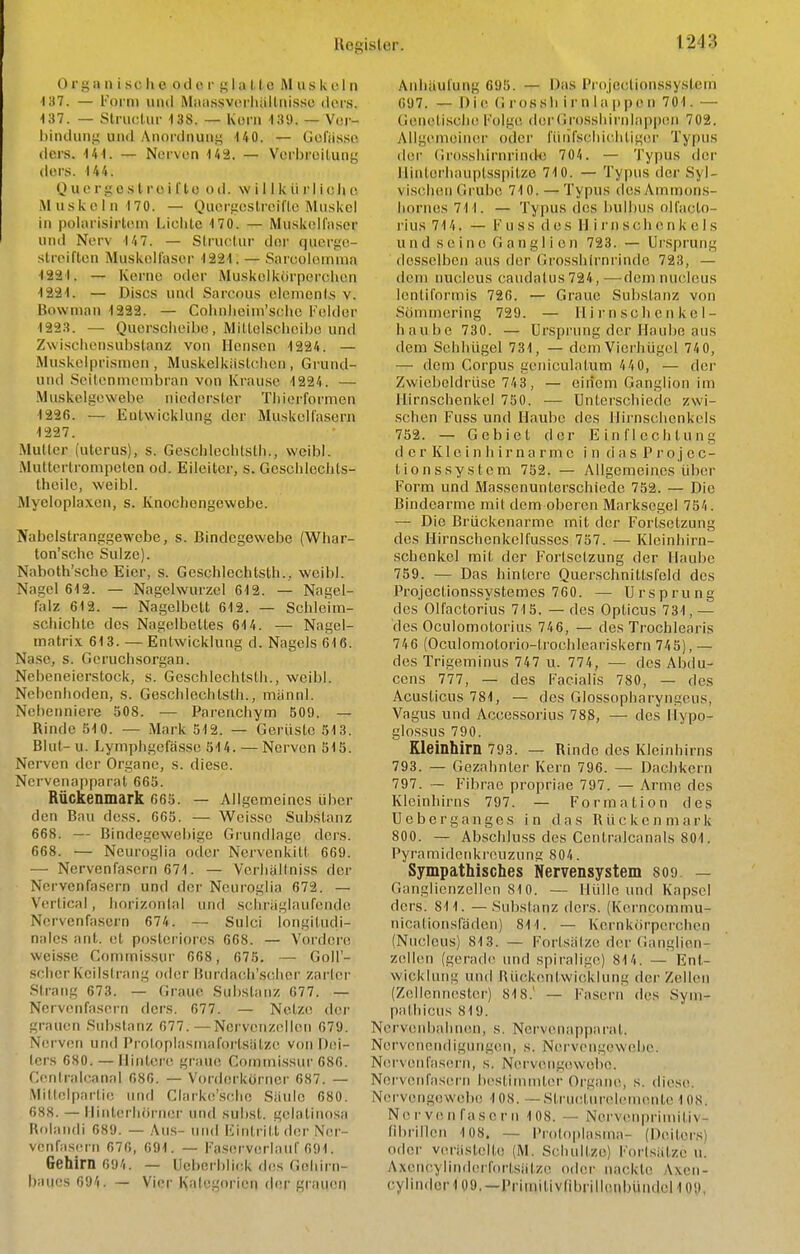 Orga n i sc Ii o od o r I a I (c Muskeln 137. — Foi-m 1111(1 Maassvcrliiilliiisse ders. 137. — Striictur 138. — Korn ISü. — Vor- l)iiKlunii und Anordnung 140. — Güfiis.sc ders. 141. — Ncrvon 142. — Verbreitung ders. 144. 0 ue rg 0 s t ro i ric od. \v i 11 k ü rl i elie Muskeln 170. — Quergeslreifle Muskel in polarisirteiii Lichte 170. — Muskellaser und Nerv 14 7. — Struclur der querge- streiften Muskellaser 1221. — Sarcolemuia 1221. — Kerne oder Muskelkörperelien 1221. — Discs und Sarcnus Clements v. Bovvman 1292. — Cohnheim'selie Felder 122.1. — Quersclieibc, Mittelselicihe und Zwischensuhstanz von Ilensen 1224. — Muskelprisnien , Muskelkästclicn , Grund- und Seitenmembraii von Krause 1224. — .Muskelgewebe niederster Tliierformen 1226. — Entwicklung der Muskellasern 1227. Mutter (Uterus), s. Geschlecbtsth., weibl. Muttertrompeten od. Eileitei', s. Gcschlocbls- theile, weibl. Myeloplaxen, s. Knochengewebe. Nabelstranggewebe, s. Bindegewebe (Whar- ton'.sche Sülze). Naboth'sche Eier, s. Geschlecbtsth., weibl. Nagel 612. — Nagehvurzel 612. — Nagel- falz 612. — Nagelbett 612. — Scble'im- scliicble des Nagelbettes 614. — Nagel- matrix 613. — Entwicklung d. Nagels 616. Nase, s. Geruchsorgan. Nebeneierstock, s. Geschlecbtsth., weibl. Nebenhoden, s. Geschlechtslh., männl. Nebenniere 508. — Parenchym 509. — Rinde 510. — Mark 512. — Gerüste 513. Blut- u. Lymphgefasse 514. —Nerven 515. Nerven dei' Organe, s. diese. Nervenappaiat 665. Rückenmark 665. — Allgemeines über den Bau dess. 665. — Weisse Substanz 668. — Bindegewebige Grundlage ders. 668. — Neuroglia oder Nervenkitt 669. — Nervenfasern 671. — Vcrliältniss der Nervenfasern und der Neuroglia 672. — Vertical, horizontal und schräglaufende Nervenfasern 674. — Suici longitudi- nalcs ant. et posteriores 668. — Vordere weis.se Commissur 668, 675. — Goll'- scher Kcilstrang oder Burdach'scbcr zarler Strang 673. — Graue Substanz 677. — Nervenfasern ders. 677. — Netze; der grauen Substanz 677.—Nervenzellen 679. Nerven und Proloplasrnafortsätze von Dei- ters 680. — Hintere graue Gommissur 686. r.entraleanal 686. — VorderkOrner 687. — Mitlniparlie und Ciarke'.sclic Säule 680. 088. — Hinterhörner und subst. gelatiiiosa Rfilandi 689. — Aus- und iMiilrilt der Ner- venfasern 676, 691. — Faserveriaiif 691. Gehirn 694. — Ucberbliek d(;s Gehirn- baucs 694. — Vier Kategorien der grauen Aniiäul'ung 695. — Das Projectionssystem 697. — nie G i'ossli i r n 1 a ppe II 701. — Genetische Folge der(ir()ssliirnlap])eii 702. Allgemeiner oder luiifscbichtiger Typus der Grosshirnrind-e 704. — Typus der llintcriiauptsspilze 710. — Typus der Syl- vischen Grube 710. — Typus desAmmons- hornes711. — Typus des bullnis olfacto- rius 714. — Fuss des 11 irnSchenkels und seine Ganglien 723. — Uisprung desselben aus der Grossblrnrinde 723, — dem nucleus caiidatus 724,—dem nucleus lenliformis 726. — Graue Substanz von Süinmering 729. — II i !• n s c h c n k e 1- haube 730. — Ursprung der Haube aus dem Sehhügel 731, — dem Vicrhügol 74 0, — dem Corpus geniculalum 4 4 0, — der Zwiebcldrüse 743, — einem Ganglion im Uirnscbenkel 750. — Unterschiede zwi- .schen Fuss und Haube des llirnschenkcls 752. — Gebiet der Einflechtung d e r Kl e i n h ir na rme in d a s P r oj cc- tionssystem 752. — Allgemeines über Form und Masscnunterscbiede 752. — Die Bindearme mit dem oberen Marksegel 754. — Die Brückenarme mit der Fortsetzung des Hirnschenkelfusses 757. — Kleinhirn- schenkel mit der Fortsetzung der Haube 759. — Das hintere Querschnittsfeld des Projectionssystemes 760. — Ursprung des Olfactorius 715. —des Opticus 731,— des Oculomotorius 746, — des Trocblearis 74 6 (Oculomotorio-trocbleariskern 745), — des Trigeminus 747 u. 774, — des Abdu- cens 777, — des Facialis 780, — des Acusticus 781, — des Glossopharyngeus, Vagus und Accessorius 788, — des liypo- glossus 790. Kleinhirn 793. — Rinde des Kleinhirns 793. — Gezahnter Kern 796. — Dachkern 797. — Fibrae propriae 797. — Arme des Kleinhirns 797. — Formation des üeberganges in das Rückenmark 800. — Abschluss des Centralcanals 801. Pyramidenkreuzung 804. Sympathisches Nervensystem sog — Ganglienzellen 810. — Hülle und Kapsel ders. 811. —Substanz ders. (Kerncommu- nicalionsfädcn) 811. — Kernkörperchen (Nucleus) 813. — Fortsälzc der Ganglien- zellen (gerad(> und spiralige) 814. — Ent- wicklung und Rückentwicklung der Zellen (Zellcnnester') 818.' — Fasern des Sym- patbicus 819. Nervenbahnen, s. Ncrvenap])arat. Nervenendigungen, s. Nervengewebe. Nervenfasern, s. Nerveng(!wobc. Nervenfasern bestimmter Organe, s. diese. Nervengewebe 108. —Structureleniente 108. Nervenfasern 108. — Nervenprimiliv- (ibrillen 108. — {»roloplasma- (Deilers) oder verästelte (M. Scluiltze) I'orlsätze u. AxencyliiKlerfortsätze oder nackte Axen- cylindor 109.—Primitivfibrlllenbündcl 109,