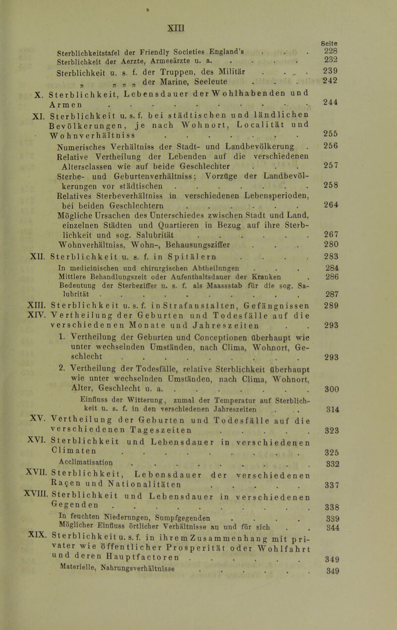 9 xni Seite Sterblichkeitstafel der Friendly Societies England’s . . . 228 Sterblichkeit der Aerzte, Armeeärzte u. a. . . . . 232 Sterblichkeit u. s. f. der Truppen, des Militär . . , . 239 „ „ „ der Marine, Seeleute . . . 242 X. Sterblichkeit, Lebensdauer der W ohlhabenden und Armen .......... 244 XI. Sterblichkeit u. s. f. bei städtischen und ländlichen Bevölkerungen, je nach Wohnort, Localität und W 0 h n V e r h ält ni s s ....... 255 Numerisches Verhältniss der Stadt- und Landbevölkerung . 256 Relative Vertheilung der Lebenden auf die verschiedenen Altersclassen wie auf beide Geschlechter . . . 257 Sterbe- und Geburtenverhältniss; Vorzüge der Landbevöl- kerungen vor städtischen ....... 258 Relatives Sterbeverhältniss in verschiedenen Lebensperioden, bei beiden Geschlechtern ...... 264 Mögliche Ursachen des Unterschiedes zwischen Stadt und Land, einzelnen Städten und Quartieren in Bezug auf ihre Sterb- lichkeit und sog. Salubrität ...... 267 Wohnverhältniss, Wohn-, Behausungsziffer . . . 280 XII. Sterblichkeit u. s. f. in Spitälern .... 283 In medicinischen und chirurgischen Abtheilungen . . . 284 Mittlere Behandlungszeit oder Aufenthaltsdauer der Kranken . 286 Bedeutung der Sterbeziffer u. s. f. als Maassstab für die sog. Sa- lubrität .......... 287 XIII. Sterblichkeit u. s. f. in Strafanstalten, Gefängnissen 289 XIV. Vertheilung der Geburten und Todesfälle auf die verschiedenen Monate und Jahreszeiten . . 293 1. Vertheilung der Geburten und Conceptionen überhaupt wie unter wechselnden Umständen, nach Clima, Wohnort, Ge- schlecht ......... 293 2. Vertheilung der Todesfälle, relative Sterblichkeit überhaupt wie unter wechselnden Umständen, nach Clima, Wohnort, Alter, Geschlecht u. a 300 Einfluss der Witterung, zumal der Temperatur auf Sterblich- keit u. s. f. in den verschiedenen Jahreszeiten . , . 314 XV. Vertheilung der Geburten und Todesfälle auf die verschiedenen Tageszeiten ..... 323 XVI. Sterblichkeit und Lebensdauer in verschiedenen Climaten 325 Acclimatisation . ........ 832 XVII. Sterblichkeit, Lebensdauer der verschiedenen Ragen und Nationalitäten 337 XVIII. Ster bl i c h k ei t und Lebensdauer in verschiedenen Gegenden 338 In feuchten Niedernngen, Sumpfgegenden .... 339 Möglicher Einfluss örtlicher Verhältnisse an und für sich . . 344 XIX. Sterblichkeitu. s. f. in ihremZusammenhang mit pri- vater wie öffentlicher Prosperität oder Wohlfahrt und deren Hauptfactoren ...... 349 Materielle, Nahrungsverhältnisse •••... 349