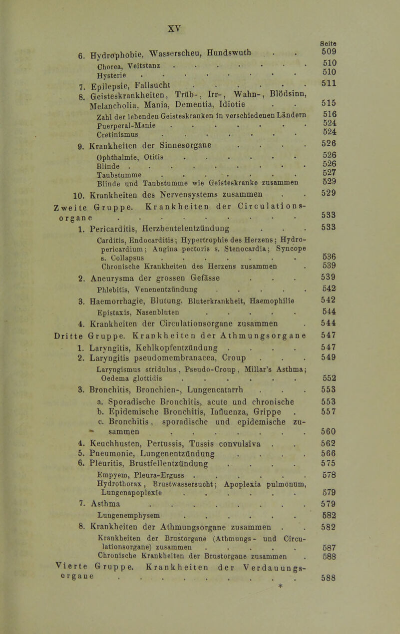 6. Hydrophobie, Wasserscheu, Hundswuth Chorea, Veitstanz Hysterie ....•••• 7. Epilepsie, Fallsucht 8. Geisteskrankheiten, Trüb-, Irr-, Wahn-, Blödsinn, Melancholia, Mania, Dementia, Idiotie Zahl der lebenden Geisteskranken in verschiedenen Ländern Puerperal-Manie ..... . • Cretinismus . ...... 9. Krankheiten der Sinnesorgane . . . . Ophthalmie, Otitis ...... Blinde Taubstumme ....... Blinde und Taubstumme wie Geisteskranke zusammen 10. Krankheiten des Nervensystems zusammen Zwreite Gruppe. Krankheiten der Circul ati ons- 0 rgan e 1. Pericarditis, Herzbeutelentzündung Carditis, Endocarditis; Hypertrophie des Herzens; Hydro- pericardium; Angina pectoris s. Stenocardia; Syncope 8. Collapsus ....... Chronische Krankheiten des Herzens zusammen 2. Aneurysma der grossen Gefässe Phlebitis, Venenentzündung . . . . . 3. Haemorrhagie, Blutung, Bluterkrankheit, Haemophilie Epistaxis, Nasenbluten ..... 4. Krankheiten der Circulationsorgane zusammen Dritte Gruppe. Krankheiten der Athmungsorg an e 1. Laryngitis, Kehlkopfentzündung .... 2. Laryngitis pseudomembranacea, Croup Laryngismus stridulus, Pseudo-Croup, Millar’s Asthma; Oedema glottidis ...... 3. Bronchitis, Bronchien-, Lungencatarrh a. Sporadische Bronchitis, acute und chronische b. Epidemische Bronchitis, Influenza, Grippe c. Bronchitis, sporadische und epidemische zu- - sammen ....... 4. Keuchhusten, Pertussis, Tussis convulsiva 5. Pneumonie, Lungenentzündung . . . . 6. Pleuritis, Brustfellentzündung .... Empyem, Pleura-Erguss ...... Hydrothorax, Brustwassersucht; Apoplexia pulmonum, Lungenapoplexie ...... 7. Asthma ........ Lungenemphysem ...... 8. Krankheiten der Athmungsorgane zusammen . Krankheiten der Brustorgane (Athmungs - und Circu- lationsorgane) zusammen ..... Chronische Krankheiten der Brustorgane zusammen Vierte Gruppe. Krankheiten der Verdauungs- orgaue * Seite 509 510 510 511 515 516 524 524 526 526 526 627 529 529 533 533 636 539 539 542 542 544 544 547 547 549 552 553 553 557 560 562 566 575 678 579 579 682 582 587 588 588
