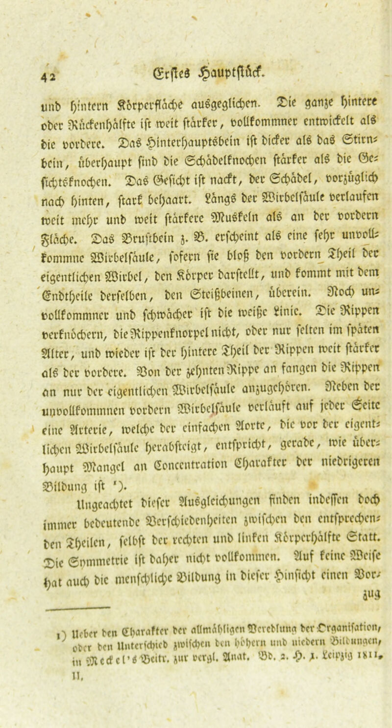 imb hintern ftörpcrflad)e aulgeglid;>en. £te Hintere ober fKucfenf>ö(ftc ift weit ftürfec, eoüfommnec entwicfelt all bic «orbece. 25al Hinterhauptsbein ift btcfec all ba$ (Stirn; fcciit, überhaupt ftnb bie ©chabelfnochen ftarfee all bie 0c; fichtlfnochen. 2>al 0eftcht ift naeft, bec ©chabel, oorjüglicb nach hinten, ftacE 6cf)aart. *!ängl bec ©irbclfüule «erlaufen weit md)c unb weit ftarfere SJfulfeln all an bei* «oebeen g(ad)e. &al SSruftbein 3. SS. ccfdpeint all eine fef)c un«oü; fomntttc ©icbdfaule, fofern ]ie bloß ben «orbcrn £heil bec eigentlichen SBicbcl, ben Körper bavftdlt, tutb fommt mit bem @nbtl)cile beefdben, ben Steißbeinen, überein. Stoch «tu «oüfommncc unb fdjwächec i|t bie weiße Üinic. ~tc fKtppcn «erfnbehern, bieütippenfnorpel nicht, ober nur gelten im ipaten SUter, unb wieber ift bec hintere Ztyii bec fKtppcn weit ftarfee all ber oorbece. $öon ber jd)iiten «Rippe an fangen bic SKippen an nur ber eigentlichen ©irbelfaule anjugehoren. Sieben bec uuooüfommncn öorbern ©itbejjaule «erlauft auf jebet* (Seite eine lieferte, welche ber einfachen Slorte, bic «er bec eigent; liehen ©irbelfaule herabfteigt, entfpcicht, gerabc, wie über; Ijaupt Mangel an Sonccntration 2f)araftec ber nichtigeren Gilbung ift '). Ungeachtet bfefer Ausgleichungen ftnben inbeffen boeb immer bebeutenbe 33er fd)iebcnhci tat jwifd)cn ben entfpcccben; ben 3:f)dlcn, felbft bec rechten unb linfen Ä6rperf>älftc Statt. X)ie Snmmctrie ift bal)ec nicht eoüfommcn. Auf feine ©eife Uat aud) bic ntcnfd;lid;c Gilbung in biefer £>infid;t einen $Bor; aus . Ucbfr cijarnftcv ber dlnnShligcn «Ocrcbltin« ber Crganifaticn, ^ otor ta\ Unterfdjicb jwlfdtcn b«n Mern imb uicbeni «iltunficn, i» flRed«l’l1B<itr. jur »«tgl. Slnat. '-Be. 2. Sp. j. Slcipjig nu.